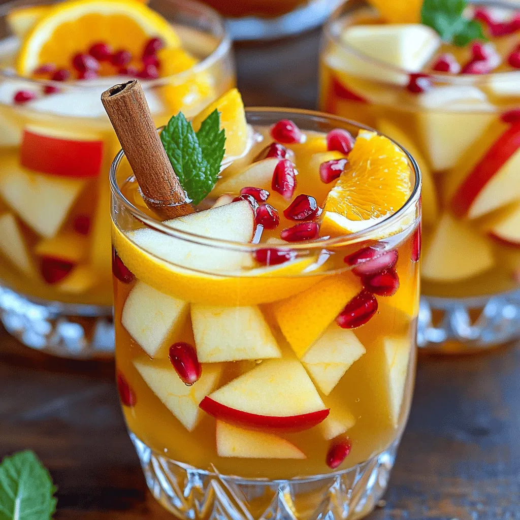 - 4 cups apple cider - 2 cups sparkling water - 1 medium orange, sliced - 1 medium lemon, sliced - 1 medium apple, cored and diced - 1 cup pomegranate seeds - 1 cinnamon stick - Fresh mint leaves for garnish When choosing fruit, look for bright colors. Pick oranges and lemons that feel heavy. They should have smooth skins without bruises. For apples, select firm ones with no soft spots. Choose pomegranates that are plump and have a rich color. Fresh herbs should smell strong. Look for vibrant green mint leaves without wilting. To make this sangria, you need a large pitcher. A cutting board and knife are a must for slicing fruit. Use a stirring spoon to mix the ingredients well. For serving, get some ice-filled glasses. You might want a measuring cup for precise amounts. A fine mesh strainer is helpful if you prefer a smooth drink. To make Apple Cider Sangria, start by gathering your ingredients. You need 4 cups of apple cider, 2 cups of sparkling water, and a medium orange, lemon, and apple. Slice the orange and lemon, and core and dice the apple. Also, grab 1 cup of pomegranate seeds and a cinnamon stick. 1. In a large pitcher, combine the apple cider and sparkling water. Stir gently to mix. 2. Add the sliced orange, lemon, and diced apple into the pitcher. 3. Toss in the pomegranate seeds and the cinnamon stick for added flavor. 4. Stir the mixture gently until all ingredients are evenly mixed. 5. Refrigerate the sangria for at least 1 hour to let the flavors blend. 6. Before serving, give the sangria a light stir. Pour it into glasses filled with ice. 7. Garnish each glass with fresh mint leaves for a nice touch. Mixing is key for great sangria. After adding ingredients, stir gently to keep the fruit intact. When serving, use ice in the glasses. This keeps the drink cold and refreshing. You can also add some mint leaves for extra flavor and a pretty look. If you want to serve a crowd, consider using a larger pitcher. Letting the sangria chill is important. This step allows flavors to blend well. I recommend refrigerating it for at least an hour. If you want stronger flavors, you can chill it longer. If you have leftover sangria, you can still enjoy it. Just remember to stir it again before serving. Adding fresh mint right before serving keeps it vibrant and fresh. You can make Apple Cider Sangria a day early. Just mix the apple cider and sparkling water in a pitcher. Add in the sliced fruits, pomegranate seeds, and cinnamon stick. Then, chill it overnight. This lets the flavors blend well. Just stir before serving, and it’s ready to go! If you need to change some ingredients, that’s easy! You can swap sparkling water for tonic water if you want a different taste. For a sweeter drink, use lemon-lime soda instead. For those who can't have cider, try using a juice blend like pear or white grape juice. You can also skip the pomegranate seeds or use cranberries for a twist. To make your sangria sweeter, add a little honey or maple syrup. Start with a small amount and taste it. You can always add more! If you want a tangy kick, squeeze in some lemon juice. For spice lovers, throw in more cinnamon sticks or even a few cloves. This will give your drink a warm, cozy feel. {{image_2}} You can easily change the fruits in your sangria. Seasonal fruits add color and flavor. Try using pears, cranberries, or figs. These fruits bring a lovely taste for fall. You can also use berries in the summer for a refreshing twist. Remember, the key is to use ripe fruit for the best flavor. You can enjoy apple cider sangria with or without alcohol. For an alcoholic version, add a splash of brandy or rum. This step adds warmth and depth to the drink. If you prefer a non-alcoholic option, just skip the spirits. The blend of apple cider and sparkling water still tastes delicious. Everyone can enjoy this drink at any gathering! For a cozy twist, try making spiced apple cider sangria. Simply add a few spices to your mix. Cinnamon sticks and cloves work well to enhance the flavors. You can also add nutmeg for an extra kick. Let the sangria sit longer to let the spices infuse. This option warms your heart and makes the drink perfect for chilly nights. Store leftover sangria in a clean glass pitcher. Cover it tightly with plastic wrap. This keeps the flavors fresh and prevents spills. If you have extra fruit, you can remove it before storing. This will help the sangria stay crisp. Leftover sangria lasts for about 3 days in the fridge. After that, the fruit may lose its taste. For the best flavor, drink it within the first two days. Always check the smell before serving. If it smells off, it’s best to toss it. You can use leftover fruit in many ways. Try adding the fruit to salads for a fresh twist. You can also blend it into smoothies for extra flavor. If you have excess apple cider, use it in baking. It makes delicious spiced muffins or cakes. Yes, you can make Apple Cider Sangria in advance. I recommend making it a few hours before serving. This gives the flavors time to blend. If you want to prepare it the night before, that works too. Just keep it in the fridge. Remember to add fresh fruit just before serving. This keeps the fruit crisp and fresh. If you don’t have sparkling water, you can use soda or tonic water. Lemon-lime soda adds sweetness and flavor. You can also use club soda for a more neutral taste. If you prefer a less fizzy drink, try using regular water. The sangria will still taste great! Yes, Apple Cider Sangria can be kid-friendly. To make it suitable for kids, skip the alcohol. You can add extra sparkling water for fizz. The fruit and spices will keep it fun and tasty. Kids love the colors and flavors! To make a larger batch, just double or triple the recipe. Use a big pitcher or bowl. Keep the same ratio of apple cider to sparkling water. For big gatherings, I suggest using a large jug with a spout. This makes serving easy. You can still add all the fruit and spices for flavor! This blog post covered how to make Apple Cider Sangria. You learned about the best ingredients, tools, and tips for selecting fresh produce. We went through step-by-step instructions, mixing methods, and how to adjust flavors. I also shared storage tips and variations, like making it ahead or creating a non-alcoholic version. Remember, the right choices lead to a tasty drink. Get creative with flavors and enjoy your sangria for any occasion!