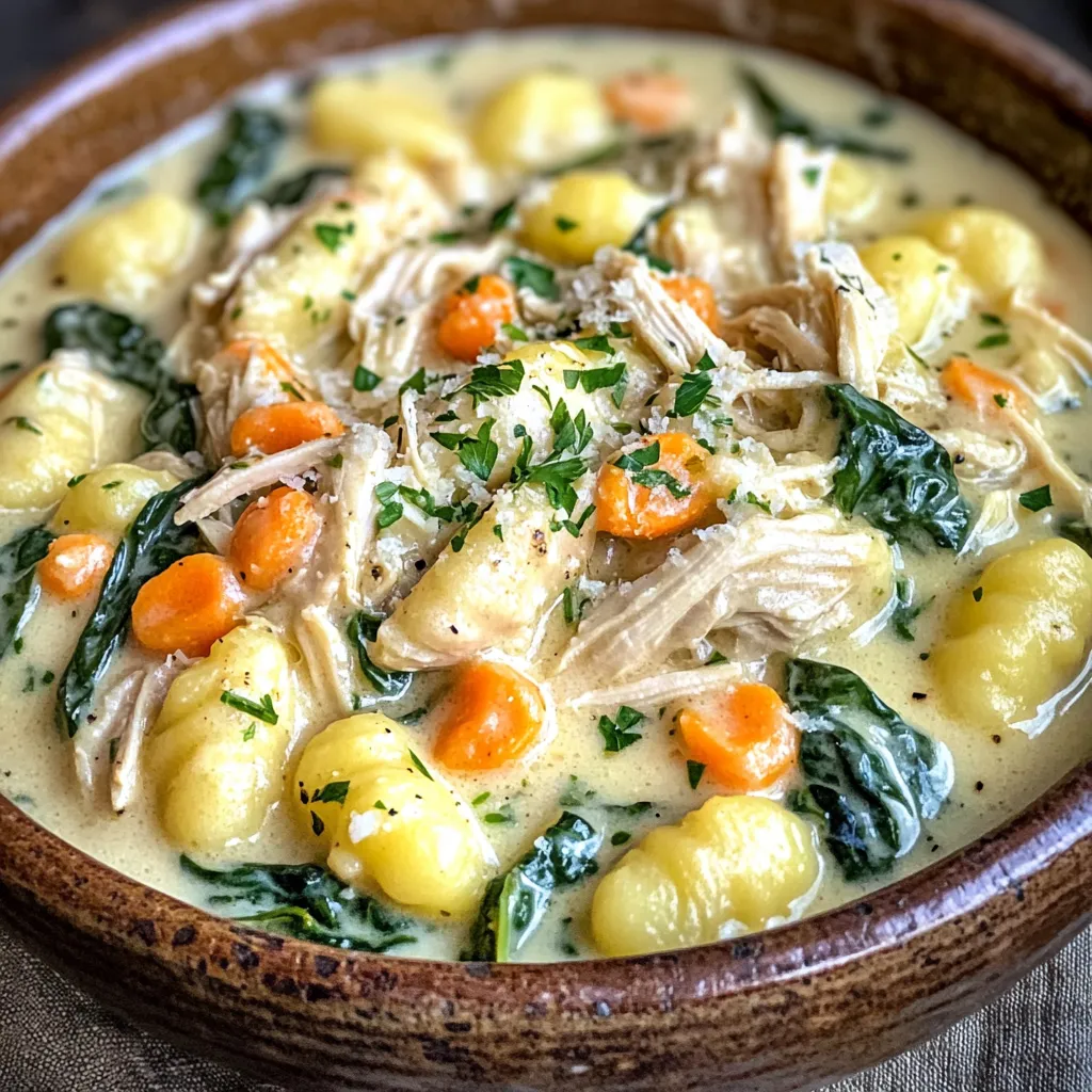 - 1 pound boneless, skinless chicken breasts - 1 medium onion, diced - 3 cloves garlic, minced - 3 cups chicken broth - 1 cup heavy cream - 1 teaspoon dried thyme - 1 teaspoon dried oregano - 1 bay leaf - Salt and pepper to taste In this creamy chicken gnocchi soup, the chicken breasts bring protein and flavor. The diced onion and garlic add a savory base. Chicken broth creates a rich, comforting soup. Heavy cream gives it that extra creamy texture, making each bite feel indulgent. Dried thyme and oregano enhance the taste, while salt and pepper balance everything. - 1 medium carrot, diced - 1 cup celery, diced - 2 cups fresh spinach The diced carrots and celery add crunch and sweetness. Fresh spinach brings color and nutrients, making the soup feel light and fresh. These veggies also help create a well-rounded flavor profile. Together, they enrich the soup with texture and depth. - Grated Parmesan cheese Grated Parmesan cheese is a delightful topping. It adds a salty kick and creaminess. You can sprinkle it on top before serving for a nice finish. If you want a little extra flavor, this is a perfect choice! Start by gathering your slow cooker. Add 2 tablespoons of olive oil to the bottom. Next, chop one medium onion and three cloves of garlic. Add the diced onion and minced garlic to the slow cooker. Then, dice one medium carrot and one cup of celery. Toss these into the mix and stir well. Now, take 1 pound of boneless, skinless chicken breasts. Place them on top of the vegetables in the slow cooker. Pour in 3 cups of chicken broth to cover the chicken and veggies. It's time to add some flavor. Sprinkle in 1 teaspoon of dried thyme and 1 teaspoon of dried oregano. Toss in one bay leaf and add salt and pepper to taste. Stir gently to mix the herbs and seasonings throughout the broth. Cover your slow cooker. If you set it on low, let it cook for 6 to 7 hours. If you choose high, 3 to 4 hours will do. The chicken will turn tender and fully cooked. Once your cooking time is up, it’s time to shred the chicken. Remove the chicken breasts from the slow cooker and use two forks to shred them. After shredding, return the chicken to the pot. Next, mix in 1 cup of heavy cream, 1 pound of potato gnocchi, and 2 cups of fresh spinach. Stir to combine, then cover the slow cooker again. Cook on high for another 30 minutes. This will help the gnocchi cook through and get tender. Before serving, taste and adjust the seasoning if needed. Remove the bay leaf and serve hot. For an extra treat, top with grated Parmesan cheese if you like. Enjoy your creamy chicken gnocchi soup! To get that creamy feel, you can swap heavy cream for half-and-half or coconut milk. Both options work great. If your soup seems too thin, you can thicken it with cornstarch. Just mix one tablespoon of cornstarch with two tablespoons of cold water. Stir that mix into the soup and let it cook for a few more minutes. This helps the soup become thicker and richer. Seasoning makes all the difference in taste. To boost flavor, try adding a splash of lemon juice or a pinch of red pepper flakes. Fresh herbs like basil or parsley can also elevate your soup. Add them just before serving for the best flavor. They bring a bright, fresh taste that makes every spoonful delightful. Cooking times may change based on your slow cooker size. If you have a smaller slow cooker, it may take longer to cook the chicken and gnocchi. Always check the doneness of the chicken. It should be easy to shred and register at least 165°F. For the gnocchi, they are done when they float to the top and feel soft. This ensures you have a perfectly cooked soup every time! {{image_2}} You can change the protein in this soup. Try turkey instead of chicken for a lighter meal. Tofu works well if you want a vegetarian dish. For veggies, swap spinach for kale or add mushrooms for extra flavor. These changes keep the soup fresh and fun! Want to spice things up? Add cayenne for heat or smoked paprika for a smoky taste. For an Italian twist, toss in diced tomatoes. These additions make the soup burst with flavor and will impress your family and friends. If you need a gluten-free option, look for gluten-free gnocchi. Many brands offer great choices that fit your needs. For a dairy-free version, use coconut cream instead of heavy cream. This keeps the soup creamy without dairy while adding a unique taste. For the best taste, store any leftover soup in an airtight container. Make sure it cools first. Place it in the fridge. This soup stays fresh for about 3 to 4 days. Always check for signs of spoilage before eating. To freeze the soup, let it cool completely. Then, scoop it into freezer-safe bags or containers. Remove excess air to prevent freezer burn. Label the bags with the date. The soup can stay frozen for up to 3 months. When you’re ready to eat, thaw it overnight in the fridge. For quick thawing, place the bag in cold water. Reheat the soup on the stove or in the microwave. Stir well to ensure even heating. Transform leftovers into a new meal! Add more fresh spinach for extra flavor. You can also mix in some cooked noodles or rice. This adds texture and makes it filling. When you reheat, do so gently. Use low heat and stir often. This keeps the creamy texture intact. Serve with a sprinkle of grated Parmesan on top for a tasty finish. Yes, you can use frozen chicken. Just add it directly to the slow cooker. The cooking time will stay the same. Make sure to check that the chicken is cooked through before serving. It should reach an internal temperature of 165°F. Cooking from frozen may add about 30 minutes to the overall cooking time on low. You can store the soup in the fridge for up to three days. Make sure to keep it in a sealed container. If you want to store it longer, place it in the freezer. In the freezer, it lasts up to three months. When you're ready to eat, just thaw it in the fridge overnight. Yes, you can make this soup on the stove. Start by sautéing the vegetables in a pot. Add the chicken and broth next. Bring it to a boil, then reduce to a simmer. Cook for about 20-30 minutes until the chicken is done. Shred it, then stir in the cream, gnocchi, and spinach. Cook for another 5-10 minutes until the gnocchi are tender. This recipe for slow cooker chicken soup is easy and flexible. We started by discussing key ingredients, like chicken, veggies, and cream. Then, we covered step-by-step instructions to ensure great taste. I shared tips for getting that creamy texture and enhancing flavors. You can even change ingredients for different diets. In the end, this soup is perfect for any meal. It’s simple to make and packed with flavors. Enjoy experimenting with the recipe to fit your taste!
