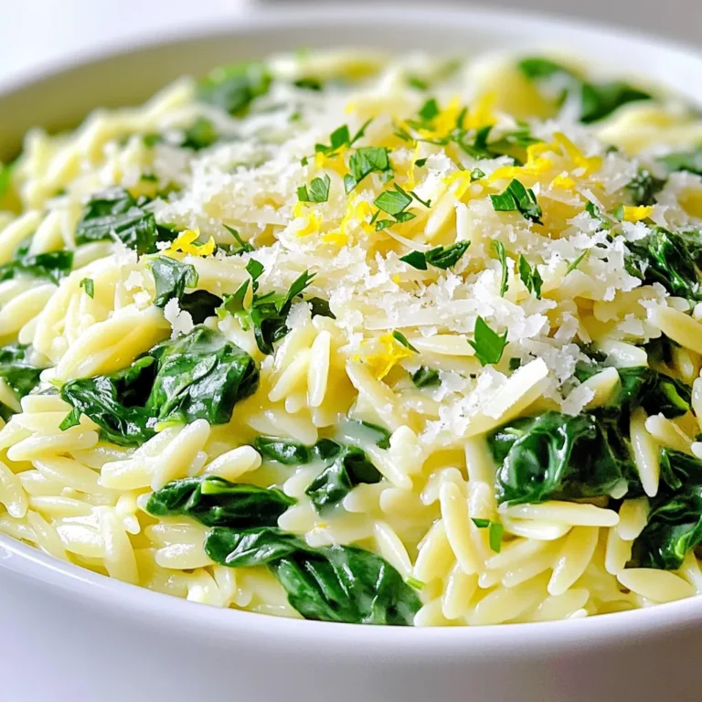 - 1 cup orzo pasta - 2 tablespoons unsalted butter - 2 cloves garlic, minced - 3 cups fresh spinach, roughly chopped - Zest of 1 lemon - Juice of 1 lemon - 1/4 cup grated Parmesan cheese - Salt and pepper to taste - 1/4 teaspoon red pepper flakes (optional) - Fresh parsley, chopped for garnish You can swap orzo for other small pastas. Try using couscous or quinoa. If you don’t have unsalted butter, salted butter works too. Just reduce the added salt. For a dairy-free option, use nutritional yeast in place of Parmesan. If you avoid garlic, omit it or use garlic powder. Always use fresh spinach for the best flavor. Look for vibrant green leaves. Choose a high-quality Parmesan cheese for rich taste. Fresh lemons offer better zest and juice than bottled ones. For a zestier dish, adjust the lemon to your taste. Fresh parsley adds brightness and color, so use it generously. Start by boiling salted water in a medium pot. Once it boils, add 1 cup of orzo pasta. Cook it according to the package instructions until it is al dente, usually about 8 to 10 minutes. Be careful not to overcook it. Drain the orzo and set it aside for later. In a large skillet, melt 2 tablespoons of unsalted butter over medium heat. Add 2 cloves of minced garlic. Sauté the garlic for about 1 minute until it smells good but does not brown. Next, add 3 cups of roughly chopped fresh spinach. Toss the spinach in the butter and garlic. Cook it until it wilts down, which takes about 2 to 3 minutes. Now, stir the cooked orzo into the skillet with the spinach and garlic. Add the zest and juice of 1 lemon to the mix. Make sure everything blends well. Then, sprinkle in 1/4 cup of grated Parmesan cheese. Mix until the cheese melts and everything becomes creamy. If you like a little heat, add 1/4 teaspoon of red pepper flakes. Finally, season with salt and pepper to taste, and serve hot. Garnish with fresh chopped parsley for a nice touch. To get the right texture for the orzo, cook it until al dente. This means it should be firm to bite but not hard. Follow the package instructions for timing, usually around 8-10 minutes. Stir the orzo while it cooks to prevent clumping. After draining, rinse it briefly under cold water to stop the cooking. This keeps the orzo from becoming mushy when mixed with the other ingredients. Seasoning is key to great flavor. Start by salting the water before boiling the orzo. This adds flavor from the start. When cooking the garlic, be careful not to let it brown. Browned garlic can taste bitter. After adding the spinach, season it lightly with salt and pepper. Taste as you go to ensure you don’t overdo it. If you like heat, add red pepper flakes for a nice kick. This dish is best served right away. If you must wait, cover it to keep it warm. The orzo may absorb sauce if it sits too long, so add a little more butter or lemon juice before serving. When plating, garnish with fresh parsley. This adds color and freshness. Pair the orzo with grilled chicken or fish for a complete meal. Enjoy your flavorful side dish! {{image_2}} You can make Lemon Butter Orzo even heartier by adding protein. Cooked chicken or shrimp pairs well with the flavors. For chicken, use grilled or rotisserie pieces. For shrimp, sauté them in the same skillet with garlic until pink. This adds a nice crunch and boosts the dish's protein content. If you want a vegetarian twist, consider adding chickpeas. They provide great texture and protein. Rinse and drain a can of chickpeas, then mix them in with the orzo. They'll soak up the lemon and butter flavors, making each bite delightful. This makes the dish filling and nutritious. You can enhance the flavor in many ways. Fresh herbs like basil or dill add a bright taste. You can also try spices like smoked paprika for depth. For a kick, sprinkle in more red pepper flakes. These small changes can take your Lemon Butter Orzo to new heights. Each variation can make the dish feel new and exciting! After you finish your meal, let the orzo cool down. Transfer it into an airtight container. This helps keep the flavors fresh. Store it in the fridge for up to three days. If you plan to eat it later, be sure to seal it well to avoid drying out. To reheat, place the orzo in a pan over low heat. Add a splash of water or broth for moisture. Stir it gently until warm. You can also use the microwave. Heat in 30-second bursts, stirring in between. This keeps the texture nice and creamy. You can freeze Lemon Butter Orzo for longer storage. Place the cooled orzo in a freezer-safe bag. Squeeze out any air before sealing. It can last for up to three months in the freezer. To enjoy later, thaw it in the fridge overnight. Reheat as mentioned above for the best taste. Yes, you can use other pasta types. I suggest using small shapes like quinoa or couscous. They will absorb the lemon butter well. Just remember to adjust the cooking time based on the pasta you choose. You can swap Parmesan with nutritional yeast for a vegan option. This gives a cheesy flavor without dairy. You can also use Pecorino Romano if you prefer a stronger taste. To make this dish gluten-free, use gluten-free orzo. Many brands offer great options now. Check the package for cooking time and enjoy this tasty dish without gluten. This blog post outlined how to create a tasty dish using orzo pasta. We covered the essential ingredients and their substitutions, ensuring you choose quality components. The step-by-step instructions made cooking easy, from preparing the orzo to mixing it with garlic and spinach. Tips and tricks helped refine the texture and flavor, while variations offered ways to customize your meal. Lastly, we discussed storage and reheating, plus FAQs for common questions. Enjoy experimenting with your dish, and remember, the right ingredients and techniques make all the difference!