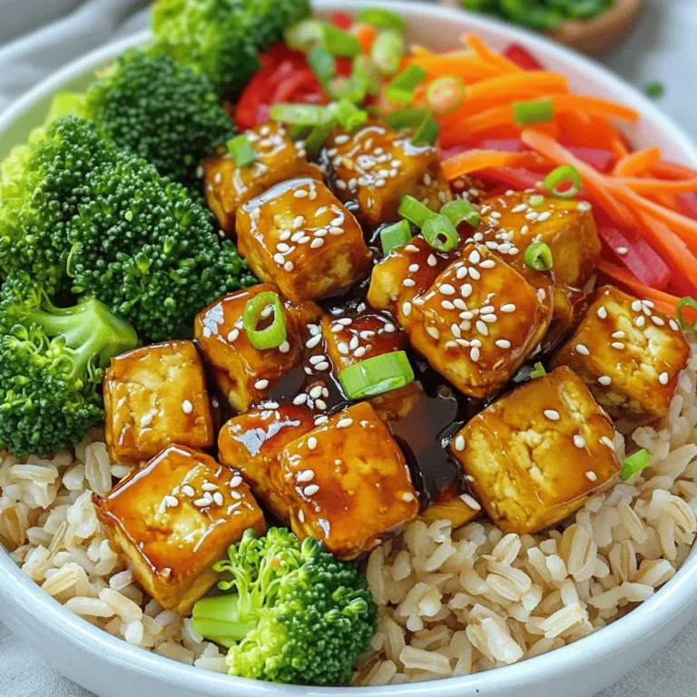 - 1 block (14 oz) firm tofu, drained and pressed - ¼ cup teriyaki sauce - 2 tablespoons cornstarch - 1 tablespoon sesame oil - 1 cup cooked brown rice or quinoa - 1 cup broccoli florets - ½ red bell pepper, thinly sliced - ½ cup shredded carrots - 2 green onions, chopped for garnish - 1 tablespoon sesame seeds - Salt and pepper to taste These main ingredients create a balanced and tasty bowl. The firm tofu gives protein and texture. Teriyaki sauce adds a sweet and salty flavor. Cornstarch helps the tofu get that perfect crunch. Sesame oil adds richness and depth to each bite. - Chopped green onions - Sesame seeds - Extra teriyaki sauce for drizzling - Sliced avocado - Crushed red pepper flakes Garnishes enhance the dish. Green onions add freshness. Sesame seeds offer a nice crunch. You can drizzle more teriyaki sauce for extra flavor. Avocado adds creaminess, while red pepper flakes bring heat. - Tofu can be replaced with tempeh or chickpeas for a different protein. - Brown rice can be swapped for quinoa or cauliflower rice for a low-carb option. - Broccoli can be substituted with snap peas or bell pepper for variety. - Sesame oil can be replaced with olive oil or avocado oil. These substitutions keep the dish exciting. You can mix flavors and textures based on what you have. Try different proteins and grains to suit your taste. This flexibility helps you enjoy a new meal each time you make it. To start, we need to get the tofu ready. First, drain and press the tofu. This step helps remove extra water. Wrap the tofu in a clean kitchen towel. Place a heavy pan on top for about 10 minutes. This makes the tofu firmer and better for cooking. Once pressed, cut the tofu into bite-sized cubes. Now it's time to add flavor to the tofu. Place the tofu cubes in a mixing bowl. Pour ¼ cup of teriyaki sauce over the tofu. Let it marinate for 2-3 minutes. This short time allows the tofu to soak up the sauce. Next, we’ll cook the tofu and veggies. Toss the marinated tofu with 2 tablespoons of cornstarch. Make sure each piece is coated well. This will help the tofu get crispy when cooked. Heat 1 tablespoon of sesame oil in a non-stick skillet over medium-high heat. Add the tofu cubes and fry for 6-8 minutes. Look for a golden brown color on all sides. Once the tofu is crispy, take it out and set it aside. In the same pan, add 1 cup of broccoli florets, ½ thinly sliced red bell pepper, and ½ cup of shredded carrots. Stir-fry these for about 3-4 minutes. You want the veggies to be tender but still crisp. Season with a pinch of salt and pepper. Finally, add the crispy tofu back into the pan. Drizzle any leftover teriyaki sauce on top. Toss everything together to coat well. Now it's ready to serve! Place the tofu and veggie mix over cooked brown rice or quinoa. Don't forget to garnish with chopped green onions and sprinkle sesame seeds on top for added flavor and crunch. Enjoy your delicious bowl! Tofu can be tricky. To get that perfect crisp, start by pressing the tofu. This step removes extra moisture. Wrap the tofu in a clean kitchen towel. Place a heavy pan on top for about 10 minutes. After pressing, cut the tofu into bite-sized cubes. Toss them in cornstarch. This coating is key for crispiness. When you fry the tofu, use medium-high heat. This helps achieve a golden brown color. Don't overcrowd the pan. Cook in batches if needed. Meal prep can make your week easier. You can press and marinate the tofu in advance. Store it in the fridge for up to two days. Just remember to coat it with cornstarch right before cooking. You can also chop the veggies earlier. Keep them in sealed bags to stay fresh. Cooked rice or quinoa can last in the fridge for up to five days. This makes it easy to grab and go. Want to mix things up? Try different sauces. Swap teriyaki for sweet chili sauce. You can also use peanut sauce for a nutty kick. Add spices like garlic powder or smoked paprika for extra flavor. Fresh herbs can brighten the dish too. Try cilantro or basil as a garnish. If you're feeling adventurous, toss in some pineapple chunks for sweetness. These variations keep the dish exciting and fresh. {{image_2}} If you want to shake things up, try using tempeh instead of tofu. Tempeh has a firmer texture and a nutty taste. You can also use seitan for a chewy, protein-rich option. For a lighter dish, swap the tofu for chickpeas. Simply roast them with some teriyaki sauce for added flavor. For a gluten-free alternative, make sure to choose a gluten-free teriyaki sauce. Many brands offer this option, and it tastes just as good. Pair your crispy tofu with quinoa, as it is naturally gluten-free. You can also use cauliflower rice for a low-carb choice that still packs flavor. Serve your crispy teriyaki tofu over cooked brown rice or quinoa for a filling meal. Add a side of steamed edamame for extra protein. You can also top your bowl with avocado slices or pickled ginger for a fresh twist. Don’t forget the green onions and sesame seeds for that final crunch! To store leftovers, wait until the dish cools. Place the tofu and veggies in an airtight container. You can keep them in the fridge for up to three days. If you want to keep it fresh longer, separate the rice or quinoa. This helps maintain texture. To reheat, use the microwave or a skillet. For the microwave, place the bowl in for one to two minutes. Stir halfway through to heat evenly. If you use a skillet, add a splash of water. Heat on medium until warm. This keeps the tofu from drying out. You can freeze the tofu, but it may change texture. To freeze, cool the tofu and veggies completely. Place them in a freezer-safe bag or container. Squeeze out excess air to avoid frostbite. Use within three months for the best taste. When ready, thaw in the fridge overnight before reheating. Yes, you can use chicken, shrimp, or tempeh. Each protein has a different texture and flavor. Chicken works well, but it takes longer to cook. Shrimp cooks fast, so watch it closely. Tempeh has a nutty taste that pairs nicely with teriyaki sauce. Adjust cooking times based on your choice. To keep tofu crispy, press it well before cooking. Remove moisture to help it crisp up. Coat it with cornstarch; this adds a crunchy layer. Cook it in a hot pan with sesame oil. Avoid crowding the pan; this traps steam and makes it soggy. Serve right away for the best texture. To make it more filling, add grains like quinoa or brown rice. These provide extra fiber and nutrients. You can also add more veggies, like bell peppers or spinach. For protein, sprinkle in some edamame or chopped nuts. These options keep the meal healthy and satisfying. In this blog post, we explored the world of tofu cooking. You learned about the main ingredients, garnishes, and substitutions. The step-by-step guide helped you prep, marinate, and cook tofu and veggies. Tips for crispiness, meal prep, and flavor variations added value. We also covered vegan and gluten-free options, along with storage info. Tofu is versatile and easy to adapt. Use the suggestions here to create tasty meals. Enjoy experimenting with flavors and methods to find your favorite ways to cook tofu!