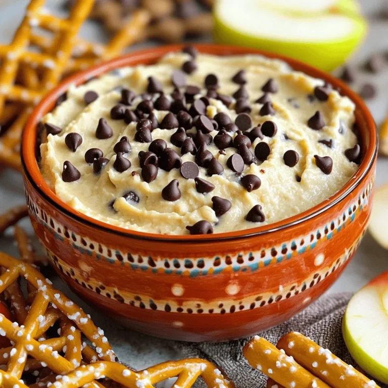 To make the delightful chocolate chip cookie dough dip, you need simple ingredients. Here’s what you’ll need: - 1 cup all-purpose flour - 1 cup brown sugar, packed - ½ cup granulated sugar - 1 cup unsalted butter, softened - 2 teaspoons vanilla extract - 1 cup mini chocolate chips - 1 tablespoon milk (or more for desired consistency) - A pinch of salt Each ingredient plays a key role in creating the perfect dip. The all-purpose flour gives it a rich, dough-like texture. Brown sugar adds that warm, sweet flavor we love. Granulated sugar enhances the sweetness without being overpowering. Unsalted butter provides creaminess and a smooth mouthfeel. Vanilla extract brings depth with its warm notes. Mini chocolate chips are essential for those little bursts of chocolate in every bite. Finally, milk helps adjust the dip's creaminess. A pinch of salt balances all the flavors perfectly. With these ingredients, you’ll create a dip that tastes just like cookie dough. Enjoy! 1. Creaming butter and sugars: Start by taking softened butter and placing it in a mixing bowl. Add brown sugar and granulated sugar. Mix them together until the mixture becomes light and fluffy. This step helps to create a nice texture in your dip. 2. Incorporating vanilla extract: Next, pour in the vanilla extract. Mix again until it blends well with the butter and sugars. This adds a rich flavor that makes your dip taste amazing. 3. Adding the flour and salt: Gradually add the all-purpose flour and a pinch of salt to the bowl. Mix until just combined. Be careful not to overmix, as this can make your dip too dense. You want it to stay light and creamy. 1. Stirring in chocolate chips: Now, stir in the mini chocolate chips. Make sure to distribute them evenly throughout the dip. This adds sweetness and a delightful crunch. 2. Adjusting consistency with milk: If your dip feels too thick, add milk. Start with one tablespoon at a time, mixing in between. Keep adding until you reach your desired consistency. You want it to be scoopable but not runny. 1. Transferring to a serving bowl: Once mixed, transfer the cookie dough dip to a colorful serving bowl. This makes it look even more inviting. 2. Chilling time and tips for serving: For the best taste, chill the dip in the fridge for about 30 minutes. This helps it set slightly. When serving, you can top it with extra chocolate chips for a nice touch. Pair it with fun dippables like pretzel sticks, graham crackers, or apple slices for a fun treat! To make your dip just right, mix well. Start by creaming the butter and sugars until light. This step adds air and makes your dip fluffy. When adding flour and salt, mix slowly to avoid lumps. If your dip is too sweet, add a pinch of salt. This balances the taste. If it feels too thick, add milk, one tablespoon at a time. Mix until you reach your desired texture. Choose a colorful bowl to serve your dip. A bright bowl makes the dip look even better. For garnish, sprinkle mini chocolate chips on top. This adds a fun look and extra chocolate flavor. You can also add a few chocolate shavings or a drizzle of melted chocolate for flair. Pick dippables with different textures and flavors. Pretzel sticks add a nice crunch. Graham crackers are sweet and pair well. Apple slices give a fresh bite. You can even try vanilla wafers or marshmallows. All these options make your cookie dough dip even more fun to enjoy! {{image_2}} You can change the flavor of your dip easily. One fun choice is peanut butter chocolate chip cookie dough dip. Just swap some butter with peanut butter. This adds a rich, nutty taste. You still get the sweet chocolate goodness. If you need a nut-free option, try using alternative flours. Almond flour or oat flour works well. These flours give a different taste but still keep the dip creamy. Want to add more to your dip? You can mix in nuts or dried fruits. Chopped walnuts or pecans add crunch. Dried cranberries or raisins bring a sweet chewiness. These add fun flavors and textures. You can also experiment with different types of chocolate. Use dark chocolate chips for a richer taste. Or try white chocolate chips for a sweeter dip. Each type gives your dip a new twist. Make your dip festive for the holidays. Try a pumpkin spice version for fall. Just mix in some pumpkin puree and spices like cinnamon. It’s perfect for autumn gatherings. For winter holidays, use festive toppings. Add colorful sprinkles or mini marshmallows. These add a fun touch to your dip. You can match colors to the season for extra cheer. To keep your cookie dough dip fresh, start by placing it in an airtight container. You can store it in the fridge for up to five days. Just make sure it’s well sealed to avoid any odors from other foods. If you want to save it for longer, you can freeze it. To freeze, scoop the dip into a freezer-safe container and leave some space at the top. The dip will last for up to three months in the freezer. When you're ready to enjoy your frozen dip, take it out of the freezer. Let it sit in the fridge overnight to thaw. If you're in a hurry, you can leave it at room temperature for about an hour. After thawing, stir the dip gently to restore its creamy texture. If the dip feels too thick, add a splash of milk to bring it back to life. To keep your dip looking great, avoid browning by storing it properly. Use fresh ingredients and keep it chilled. Also, if you want to stop the chocolate chips from melting, add them right before serving. This way, they stay firm and look pretty on top of your dip. Enjoy this sweet treat while it’s fresh for the best taste! You can use several gluten-free alternatives for this dip. Almond flour works great. It gives a nice texture and flavor. Another option is oat flour. It adds a mild taste and blends well. Other possible substitutes include coconut flour. Keep in mind, you will need less of it. If you use coconut flour, add a little more milk to adjust the dip's texture. Chocolate Chip Cookie Dough Dip lasts about one week in the refrigerator. Store it in an airtight container for best results. To tell if the dip has gone bad, look for changes in smell or color. If it smells sour or looks off, toss it out. Always trust your senses! Yes, you can make this dip ahead of time! Prepare it up to a day in advance. Just store it in the fridge until you are ready to serve. For serving tips, let it sit out for about 10 minutes before serving. This helps the dip soften a bit. Serve it with fun dippables like pretzels or apple slices for a tasty treat! This blog post covered all you need for a delicious cookie dough dip. We explored the key ingredients, like flour and chocolate chips, and detailed simple steps to mix and serve. Tips and tricks helped you master the dip's sweetness and presentation. Variations let you try new flavors and add fun mix-ins. Finally, I shared storage info to keep your dip fresh. Enjoy making this treat yourself and sharing it with others!