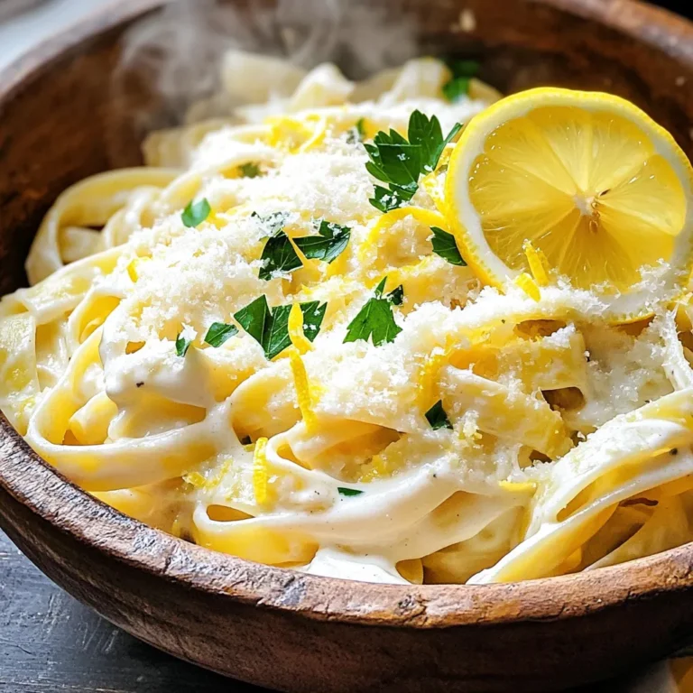 - 12 oz fettuccine or spaghetti - 3 tablespoons olive oil - 4 cloves garlic, minced - Zest of 1 lemon - Juice of 2 lemons - 1 cup vegetable broth - 1 cup heavy cream - 1 cup freshly grated Parmesan cheese - 1 teaspoon red pepper flakes (optional) - Salt and freshly cracked black pepper to taste - 2 tablespoons chopped fresh parsley, for garnish Gather these ingredients before you start cooking. The fettuccine or spaghetti forms the base of the dish. Olive oil adds richness and flavor. Minced garlic gives that great aroma. Lemon zest and juice will brighten everything up. Next, you need vegetable broth to cook the pasta. Heavy cream makes the sauce rich and smooth. Parmesan cheese adds a savory touch. For seasoning, red pepper flakes give a bit of heat, but you can skip them if you want. Salt and pepper enhance all the flavors. Fresh parsley adds a nice pop of color and freshness as a garnish. These simple ingredients come together for a creamy, delicious meal in just one pot! 1. Start by heating 3 tablespoons of olive oil in a large pot over medium heat. 2. Add 4 cloves of minced garlic and, if you like heat, a teaspoon of red pepper flakes. Sauté for about 1-2 minutes until the garlic smells fragrant but not browned. 3. Next, stir in the zest of one lemon and the juice of two lemons. Mix well to blend the flavors. 1. Now, add 12 ounces of uncooked fettuccine or spaghetti to the pot. 2. Pour in 1 cup of vegetable broth and 1 cup of heavy cream. Stir everything together to ensure the pasta is well submerged in the liquid. 3. Bring this mixture to a gentle boil. Then, lower the heat and cover the pot. Cook for about 10-12 minutes, stirring occasionally, until the pasta is al dente and has absorbed most of the liquid. 1. Once the pasta is cooked, take the pot off the heat. Stir in 1 cup of freshly grated Parmesan cheese. Mix until the sauce is creamy and smooth. 2. Taste and adjust with salt and freshly cracked black pepper. 3. Let it sit for a couple of minutes to thicken slightly. Serve it hot, garnished with extra Parmesan, a sprinkle of chopped fresh parsley, and a lemon slice for a bright touch. To cook pasta perfectly, use a big pot. Fill it with water and add salt. Bring it to a boil before adding the pasta. Stir it often to avoid sticking. For this recipe, cook the pasta for 10-12 minutes. Check if it’s al dente, which means it should be firm but not hard. If you want a creamier dish, add more heavy cream. You can also let it sit longer after cooking. This helps thicken the sauce. For extra flavor, try adding fresh herbs. Basil or thyme can add a nice touch. You can also use dried herbs if you don't have fresh ones. If you like spice, increase the red pepper flakes. Start with a little, then taste and add more if needed. Presentation matters, so serve the pasta in nice bowls. Top it with extra Parmesan cheese for a rich look. Adding a sprinkle of parsley gives it color. You can also add a lemon slice on the side. It looks great and adds flavor when squeezed on top. Enjoy your beautiful, creamy lemon garlic pasta! {{image_2}} For a gluten-free option, use gluten-free pasta. Many brands offer great taste and texture. You can find rice or corn-based pasta at most stores. If you want a vegan twist, substitute heavy cream with coconut cream or cashew cream. These will still give you that rich, creamy texture. Add protein to make your meal heartier. Cooked chicken, shrimp, or even tofu work well. Just toss them in with the pasta to heat through. You can also add fresh vegetables. Spinach and peas are great choices. They add color, flavor, and nutrition. Just stir them in during the last few minutes of cooking. Serve your creamy lemon garlic pasta with a light side salad. A mix of greens and a simple vinaigrette works well. For drinks, pair this dish with a chilled white wine. Sauvignon Blanc or Pinot Grigio will enhance the lemon flavor. Enjoy! To store leftovers, let the pasta cool down first. Then, place it in an airtight container. Make sure to seal it tightly to keep it fresh. You can store it in the fridge for up to three days. When reheating, use a skillet for the best results. Add a splash of water or broth to help it heat evenly. Stir gently to avoid sticking. You can also use the microwave, but cover it to keep moisture in. Yes, you can freeze creamy pasta! Just make sure it cools completely before freezing. Use a freezer-safe container and leave some space for expansion. It can last up to two months in the freezer. To thaw, move it to the fridge overnight. When ready to eat, reheat in a pot over low heat. Add a bit of cream or broth to restore the creamy texture. In the fridge, creamy lemon garlic pasta lasts about three days. If you see any mold or notice an off smell, it’s best to throw it away. Always trust your senses when checking food safety. How long does it take to make creamy lemon garlic pasta? It takes about 25 minutes to make creamy lemon garlic pasta. You’ll spend 10 minutes prepping the ingredients and 15 minutes cooking. Can I make it ahead of time? Yes, you can make it ahead of time. Just cook the pasta and sauce, then store it in the fridge. Reheat it gently when ready to serve. What can I use instead of heavy cream? You can use half-and-half or coconut cream instead of heavy cream. These will give you a creamy texture without being too heavy. Is there a substitute for Parmesan cheese? Yes, you can use nutritional yeast for a dairy-free option. Grated Pecorino Romano also works well if you want a different flavor. Can I cook pasta in the sauce? Yes, you can cook pasta in the sauce. This method helps the pasta absorb all the flavors as it cooks. Just ensure there’s enough liquid. How do I prevent the pasta from getting mushy? To prevent mushy pasta, cook it until it’s al dente. Stir it occasionally while cooking to keep it from sticking together. You learned how to make creamy lemon garlic pasta with simple steps and fresh ingredients. We explored cooking tips, flavor variations, and storage options to enhance your meal. You can adjust the recipe to fit your taste, whether adding veggies or changing the pasta type. Remember to store leftovers properly for the best freshness. Enjoy making this dish and impressing your friends and family with your skills. Happy cooking!