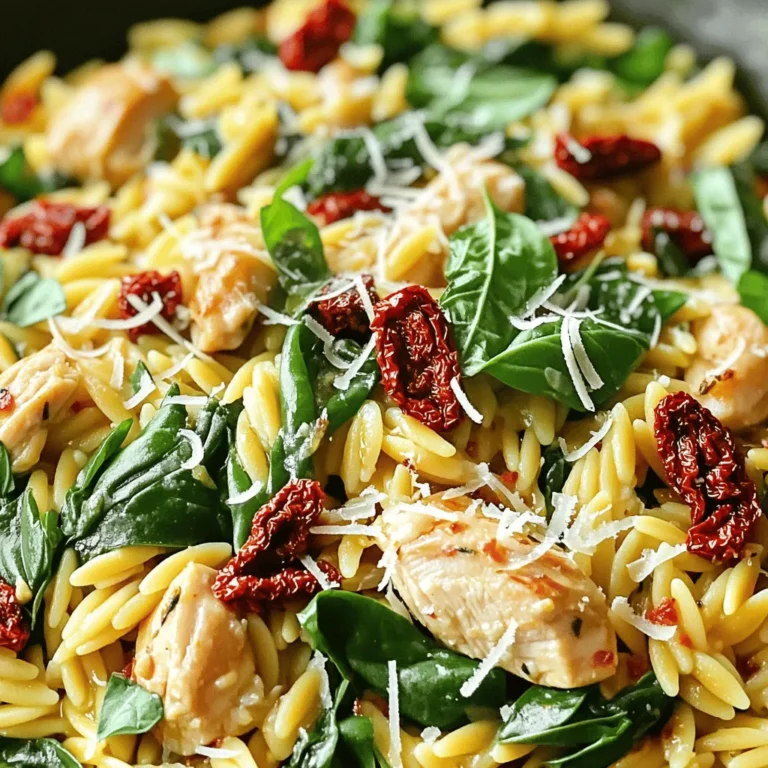 - 2 chicken breasts, diced - 1 cup orzo pasta - 1 cup sun-dried tomatoes, chopped (in oil, drained) - 1 medium onion, diced - 2 cloves garlic, minced - 2 cups chicken broth - 1 cup fresh spinach, chopped - 1 teaspoon dried Italian herbs (oregano, basil, thyme) - ½ teaspoon red pepper flakes (optional for heat) - 2 tablespoons olive oil - Salt and pepper to taste - Fresh basil and grated Parmesan cheese for garnish I love this ingredient list. It has a great mix of flavors. The chicken gives protein, while the orzo adds a nice texture. Sun-dried tomatoes bring a sweet, tangy taste that makes the dish pop. Onions and garlic add depth to the flavor. I always use fresh spinach because it wilts nicely and gives vitamins. The Italian herbs bring a warm, comforting essence to the meal. Don't forget the red pepper flakes if you like a kick. If not, you can skip them. Olive oil is key here. It helps everything cook smoothly and adds richness. For the best taste, season with salt and pepper. Finally, fresh basil and Parmesan cheese make for a lovely finish. They add color and additional flavor to your dish. Gather these ingredients before you start cooking. It will make your cooking process smoother and more enjoyable. - Heat 2 tablespoons of olive oil in a large skillet over medium heat. - Season 2 diced chicken breasts with salt, pepper, and optional red pepper flakes. - Sauté the chicken for 5-7 minutes until browned and cooked through. - Remove the chicken from the pan and set it aside on a plate. - In the same pan, add 1 medium diced onion and 2 minced garlic cloves. - Sauté for about 3-4 minutes until the onion turns translucent. - Stir in 1 cup of chopped sun-dried tomatoes and 1 teaspoon of dried Italian herbs. - Cook for another 2 minutes to let the flavors blend together. - Add 1 cup of orzo pasta to the skillet and toast it for 1-2 minutes. - Stir constantly to give the orzo a nutty flavor. - Pour in 2 cups of chicken broth, then bring to a boil. - Reduce the heat to a simmer, cover, and cook for 10-12 minutes. - Stir occasionally until the orzo is al dente and has absorbed most of the liquid. - Once cooked, return the sautéed chicken to the skillet. - Add 1 cup of chopped fresh spinach and stir everything together. - Cook until the spinach wilts and the chicken heats through. - Taste and adjust the seasoning with salt and pepper if needed. To cook orzo well, watch the liquid closely. The orzo will soak up the broth as it cooks. Stir it every few minutes. This keeps it from sticking to the pan. A good trick is to leave a little broth in the pot. This helps the orzo stay creamy. Aim for al dente texture, which means it should be firm but not hard. Cook it for about 10-12 minutes. Taste it a minute or two before the time is up. This way, you can check if it’s just right. Using the right herbs makes a big difference. I love using dried Italian herbs like oregano, basil, and thyme. They add a nice depth to the dish. You can also play with heat. If you like it spicy, add more red pepper flakes. Start with a small amount and taste. You can always add more, but you can’t take it out. Garnishing your dish creates appeal. Fresh basil adds a pop of color and flavor. Grated Parmesan cheese brings a rich taste. Sprinkle these on just before serving. For the best look, serve in shallow bowls. This makes the meal look inviting. You can also pair it with a simple green salad for a balanced meal. {{image_2}} You can easily switch proteins in this dish. Shrimp makes a great choice. Just cook it until it turns pink. Tofu is another option. It adds a nice texture. For veggies, feel free to get creative. Bell peppers add sweetness and color. Zucchini brings a fresh crunch. Use what you have on hand! If you need a gluten-free meal, swap orzo for gluten-free pasta. Brown rice or quinoa also works well. For a dairy-free option, skip the Parmesan cheese. You can use nutritional yeast for a cheesy flavor without dairy. These swaps keep the dish tasty and friendly for all diets. To change the heat, add more spices or hot sauce. Paprika or cayenne will give it a kick. If you want milder flavors, leave out the red pepper flakes. You can also use sweet paprika for a different taste. Adjust to your liking for the perfect dish! To store your One-Pan Sun-Dried Tomato Chicken Orzo, let it cool first. Transfer the dish to airtight containers. This helps to keep it fresh. You can keep it in the fridge for up to three days. Make sure to seal the containers well to prevent moisture loss. When it's time to reheat, use a skillet on low heat. Add a splash of chicken broth or water. This keeps the orzo moist and tasty. Stir gently to prevent sticking. For the best texture, avoid using a microwave, as it may make the orzo mushy. If you do use a microwave, heat it in short bursts, stirring in between. This method helps maintain the dish’s flavor and texture. Yes, you can prepare One-Pan Sun-Dried Tomato Chicken Orzo ahead of time. To do this, cook the dish as directed but stop before adding the spinach. Let it cool, and then store it in an airtight container in the fridge for up to three days. When you are ready to eat, reheat it gently. Stir in the spinach at the end to keep it fresh. You can freeze this dish. Cool it completely before putting it in a freezer-safe container. It will stay good for up to three months. To thaw, move it to the fridge overnight. Reheat it on the stove over low heat. If it appears dry, add a splash of chicken broth to bring it back to life. This dish pairs well with many sides. Here are some great options: - Garlic bread: Perfect for soaking up the flavors. - Mixed green salad: A light option to balance the meal. - Roasted vegetables: Adds color and nutrition to your plate. - Grilled asparagus: A tasty, crunchy side that complements the orzo. These sides create a full meal that everyone will love! This recipe for One-Pan Sun-Dried Tomato Chicken Orzo brings flavors together simply and deliciously. You learned the key ingredients, step-by-step cooking instructions, and tips for the best results. Remember, you can swap ingredients and customize to your taste. Proper storage ensures that leftovers remain tasty for later enjoyment. Keep exploring variations, and find what you love most. Cooking should be fun, so enjoy the process and share your dish with family and friends!