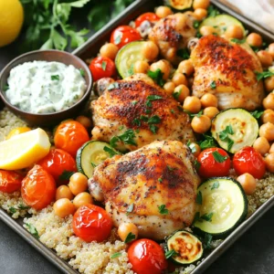 - 4 chicken thighs, boneless, skinless - 1 tablespoon olive oil - 2 teaspoons smoked paprika - 1 teaspoon garlic powder - 1 teaspoon dried oregano - Salt and pepper to taste - 1 red bell pepper, sliced - 1 zucchini, sliced - 1 red onion, sliced - 1 cup cherry tomatoes, halved - 1 can (15 oz) chickpeas, drained and rinsed - 1 lemon, zested and juiced - 1 cup cooked quinoa or couscous - Fresh parsley, chopped for garnish - Tzatziki sauce - Quinoa or couscous - Fresh parsley Choosing the right vegetables: Pick fresh, vibrant veggies. They add flavor and color. Bell peppers, zucchini, and cherry tomatoes work well. Feel free to swap in other favorites like asparagus or carrots. Substitutions for chicken thighs: If you prefer, use chicken breasts instead. They cook faster but may dry out. You can also try tofu or chickpeas for a plant-based option. - Preheating the oven: Start by preheating your oven to 400°F (200°C). This step is key for even cooking. Line a large baking sheet with parchment paper to make cleanup easy. - Preparing the chicken: In a mixing bowl, combine 1 tablespoon of olive oil, 2 teaspoons of smoked paprika, 1 teaspoon of garlic powder, 1 teaspoon of dried oregano, and salt and pepper to taste. Add 4 boneless, skinless chicken thighs to the bowl. Toss the chicken well so it gets coated in the spice mix. - Arranging the vegetables: Place the seasoned chicken on one side of the baking sheet. On the other side, spread out your sliced red bell pepper, zucchini, red onion, and halved cherry tomatoes. Add 1 can of drained and rinsed chickpeas to the vegetables. Drizzle olive oil over them, and add salt and pepper as needed. Finally, zest and juice 1 lemon, drizzling half of the juice over the veggies. - Roasting time and temperature: Roast everything in your preheated oven for about 25-30 minutes. The chicken should reach an internal temperature of 165°F. The vegetables will turn tender and flavorful. - Checking for doneness: After roasting, check the chicken with a meat thermometer. If it reads 165°F, it is safe to eat. If not, return it to the oven for a few more minutes. - Layering in bowls: Once cooked, let everything cool for a few minutes. In each bowl, layer 1 cup of cooked quinoa or couscous. Top it with the roasted chicken thighs and vegetables. This makes for a colorful and hearty meal. - Optional garnishes: Drizzle the remaining lemon juice over each bowl. For a fresh touch, sprinkle chopped parsley on top. If you like, serve it with tzatziki sauce on the side for extra flavor. To keep your chicken juicy, use bone-in thighs when possible. The bones add flavor and moisture. If you stick with boneless thighs, marinate them in olive oil and spices for at least 30 minutes. This helps lock in moisture. For perfect roasted vegetables, cut them into similar sizes. This ensures even cooking. Use a high oven temperature, like 400°F, to get a nice caramelization. Spread them out in a single layer on the pan so they roast instead of steam. Prep your ingredients in advance. Chop your veggies and season the chicken the night before. This makes cooking time quicker and easier. You can also cook your quinoa or couscous ahead of time. Store it in the fridge until you are ready to serve. Using pre-cooked quinoa or couscous saves even more time. Just heat it up when your chicken and veggies are almost done. This way, everything is ready at the same time. Consider adding more spices for a flavor boost. Cumin or coriander can add warmth. A pinch of red pepper flakes gives a nice kick. Don't hesitate to experiment with your favorite spices! Fresh herbs make a big difference. Try adding basil, mint, or dill for a fresh taste. You can mix herbs into the chicken or sprinkle them over the finished dish. This adds a pop of color and flavor. {{image_2}} You can swap chicken thighs for chicken breasts. Chicken breasts cook faster and are leaner. They still taste great with the same spices. If you want a vegetarian option, try tofu or chickpeas. Tofu soaks up flavors well. Chickpeas add protein and fiber. Both options keep the dish hearty and filling. Feel free to mix up the veggies. Use seasonal vegetables for freshness. Try asparagus in spring or squash in fall. You can add bright colors too. Use purple cabbage or orange carrots. More colors mean more fun and flavor on your plate. You can serve this meal in different ways. Try wraps instead of bowls. Use a large tortilla to hold the chicken and veggies. It’s a fun way to eat! Another option is a sheet-pan salad. Just toss mixed greens with the roasted veggies and chicken. Top it with your favorite dressing for a fresh twist. To keep your leftovers fresh, place them in airtight containers. Glass containers work well and do not stain. Use smaller containers for single servings. Label them with the date to track freshness. Store them in the fridge for up to four days. When reheating, use the oven for best results. Preheat to 350°F (175°C). Place the chicken and veggies on a baking sheet. Heat for about 15-20 minutes or until warmed through. You can also use the microwave. Cover the bowl with a lid or plate to keep moisture in. This helps avoid dry food and keeps flavors intact. To freeze, let the chicken and vegetables cool completely. Place them in freezer-safe bags or containers. Remove as much air as possible to prevent freezer burn. Label with the date. For best taste, eat within three months. To thaw, place in the fridge overnight. Reheat as mentioned above for even cooking. It takes about 25-30 minutes to cook chicken thighs in the oven at 400°F (200°C). Always check the internal temperature. It should reach 165°F for safe eating. Use a meat thermometer for best results. This ensures your chicken is juicy and safe to eat. Yes, you can make this recipe ahead of time. Cook the chicken and veggies, and store them separately. Keep them in airtight containers in the fridge. They stay fresh for up to three days. When you are ready to eat, just reheat them in the oven or microwave. This saves time on busy days. This recipe is quite healthy. It uses lean chicken thighs and lots of colorful veggies. The chickpeas add protein and fiber. Olive oil provides healthy fats. Quinoa or couscous boosts the nutritional value with whole grains. Plus, you can control the salt and spices to suit your needs. Overall, it makes a balanced meal packed with flavors and nutrients. This blog post covered the key ingredients and steps for a delicious roasted chicken dish. You learned about main and optional ingredients, cooking tips, and serving ideas. Each tip aims to make cooking enjoyable and easy. Remember, you can customize the recipe to suit your taste. Don't hesitate to experiment with vegetables and protein choices. With the right preparation and storage, you can enjoy this meal again. Happy cooking and enjoy sharing this dish with friends and family!