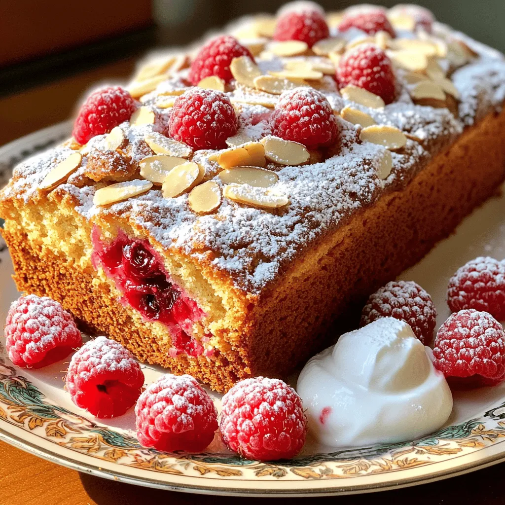 - 1 cup fresh raspberries - 1/2 cup unsalted butter, softened - 2 large eggs For the best flavor, use ripe raspberries. They bring a sweet and tart taste. Softened butter helps the batter mix well. Eggs add moisture and help the cake rise. - 1/2 cup almond flour - 1 cup all-purpose flour - 1 teaspoon baking powder Almond flour gives a nutty taste. It also makes the cake moist and rich. All-purpose flour provides structure. Baking powder helps the cake rise and become fluffy. - 1 teaspoon vanilla extract - Zest of 1 lemon - 3/4 cup granulated sugar Vanilla extract adds a warm flavor. Lemon zest brightens the cake with a fresh kick. Granulated sugar sweetens the batter and helps with browning. These ingredients combine to create a delicious Raspberry Almond Loaf Cake that is simple yet satisfying. Enjoy each bite filled with flavor! 1. Preheat the oven and prepare the loaf pan: Start by setting your oven to 350°F (175°C). Take a 9x5 inch loaf pan and grease it well. Line the bottom with parchment paper for easy removal later. 2. Mix dry ingredients: In a medium bowl, whisk together the all-purpose flour, almond flour, baking powder, baking soda, and salt. Set this aside. This mix is key for a light loaf. 3. Cream butter and sugar: In a large mixing bowl, use a hand mixer to combine the softened butter and granulated sugar. Mix until it looks light and fluffy. This should take about 3-4 minutes. 4. Incorporate eggs and flavorings: Add the eggs one by one. Mix well after each egg. Stir in the vanilla extract and lemon zest. These flavors will brighten the cake. 5. Combine wet and dry ingredients: Add half of the dry mix to the butter mixture. Stir gently, then add the yogurt. Finally, add the rest of the dry mix. Mix until just combined. Avoid over-mixing to keep the cake tender. 6. Fold in raspberries and prepare for baking: Gently fold in the fresh raspberries. Be careful not to crush them too much. Pour the batter into the prepared loaf pan. Smooth the top with a spatula. Sprinkle sliced almonds on top for crunch. Enjoy the process of baking this delightful Raspberry Almond Loaf Cake! - Perfecting baking time: Start checking your loaf at 55 minutes. Insert a toothpick. If it comes out clean, your cake is ready. If not, bake for 5 more minutes and check again. This helps avoid overbaking. - Ensuring even texture: Mix the batter just until combined. Overmixing can make it tough. Gently fold in the raspberries. This keeps their shape and gives a nice texture. - Presentation ideas: Serve slices on a pretty plate. Dust with powdered sugar for a sweet touch. A few whole raspberries on the side add color. - Pairing with sauces or toppings: A dollop of whipped cream or yogurt pairs well. You can also drizzle with honey or a fruit sauce for extra flavor. - Alternatives for yogurt: If you don’t have plain yogurt, use sour cream or buttermilk. Both work well and keep the cake moist. - Gluten-free options for flours: Substitute all-purpose flour with a gluten-free blend. Make sure it has xanthan gum for the best texture. {{image_2}} You can add more depth to your loaf cake by including citrus zest. Try orange or lime zest for a fresh twist. This brightens the flavor and pairs well with the raspberries. You can also mix in nuts or chocolate. Chopped almonds or walnuts add crunch. If you love chocolate, fold in some dark chocolate chips for a rich contrast. If you want a vegan option, replace eggs with flaxseed meal mixed with water. Use plant-based yogurt and dairy-free butter. This keeps the cake moist and tasty without animal products. For a dairy-free cake, simply swap the yogurt for a non-dairy variety. Almond or coconut yogurt works great. You can change the fruits based on the season. In summer, add fresh peaches or blueberries. In fall, try using apples or pears. Each fruit brings its unique flavor and charm. You can also adapt the cake for different holidays by adding spices. For winter, a hint of cinnamon or nutmeg will warm the flavors. This makes the cake festive and perfect for any occasion. If you want to store unbaked raspberry almond loaf batter, you can do so safely. - Refrigeration guidelines: Keep the batter in the fridge for up to 24 hours. Use an airtight container to prevent any odors from affecting the batter’s flavor. - Freezing options: For longer storage, freeze the batter. Place it in a freezer-safe container. It can last for up to three months. Just remember to thaw it in the fridge overnight before baking. To keep your baked loaf cake fresh and moist, follow these best practices. - Best practices for keeping moist: Wrap the cooled loaf tightly in plastic wrap. You can also place it in a resealable bag. This helps prevent it from drying out. - Recommended storage duration: If stored properly, the cake lasts for about five days at room temperature. For even longer freshness, store it in the fridge for up to a week. Enjoying leftovers is a treat when done right. - How to enjoy leftovers: Slice the loaf and warm it in the microwave for about 10-15 seconds. This makes it soft and brings back the fresh flavor. - Tips for refreshing stale cake: If the loaf becomes stale, you can toast the slices lightly. This adds a nice crunch and helps revive the taste. A bit of butter can also help soften the texture. How do I ensure my loaf cake rises? To help your loaf cake rise, make sure your baking powder and soda are fresh. Mix them well with the dry ingredients. Cream the butter and sugar until light and fluffy, as this adds air. Also, don’t overmix the batter; stop when it’s just combined. Can I use frozen raspberries? Yes, you can use frozen raspberries. However, they may add extra moisture. Drain them if they are very wet. You should also fold them into the batter gently to avoid breaking them apart. Why is my cake dense? A dense cake can come from overmixing the batter or using too much flour. Always measure your flour correctly. Level off the measuring cup and avoid packing it down. Check that your baking powder and soda are fresh. How to fix a sunken loaf? If your loaf sinks, it might have been underbaked or the oven temperature was too low. Make sure to bake until a toothpick comes out clean. If it sinks, you can serve it warm with whipped cream to cover the top. How many servings per loaf? This loaf cake makes about 8 to 10 slices. You can cut them thicker or thinner based on your needs. Can I halve the recipe? Yes, you can easily halve the recipe. Just divide all the ingredients by two. Use a smaller pan to bake it, like a 7x3 inch loaf pan. Adjust the baking time as needed. This blog post shared how to make a delicious loaf cake. We covered fresh and dry ingredients, flavor boosters, and step-by-step instructions. You learned tips on baking, serving, and storing. We explored variations to keep it exciting, too. With all this, you can feel confident baking your own loaf cake. Enjoy experimenting and sharing with others!