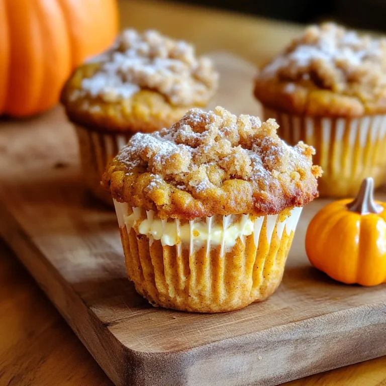 For these Pumpkin Cream Cheese Muffins with Streusel, gather the following ingredients: Dry Ingredients: - 1 ½ cups all-purpose flour - 1 teaspoon baking powder - ½ teaspoon baking soda - ½ teaspoon salt - 1 teaspoon ground cinnamon - ½ teaspoon ground nutmeg Wet Ingredients: - ½ cup granulated sugar - ½ cup brown sugar, packed - ½ cup vegetable oil - 2 large eggs - 1 cup canned pumpkin puree - 1 teaspoon vanilla extract Cream Cheese Filling: - 1 package (8 oz) cream cheese, softened - ⅓ cup powdered sugar - ½ teaspoon vanilla extract (for cream cheese filling) Streusel Topping: - ½ cup rolled oats - ¼ cup cold butter, cubed - ¼ cup brown sugar (for streusel) - ½ teaspoon cinnamon (for streusel) By using these ingredients, you create a rich, spiced muffin with a creamy surprise. The mix of flavors will make each bite a treat. It’s exciting to think about how these simple ingredients come together. 1. Preheat your oven to 350°F (175°C). Line a muffin tin with paper liners to make cleanup easy. 2. In a large bowl, whisk together the dry ingredients. This includes 1 ½ cups of flour, 1 teaspoon of baking powder, ½ teaspoon of baking soda, ½ teaspoon of salt, 1 teaspoon of ground cinnamon, and ½ teaspoon of ground nutmeg. Mix well and set aside. 3. In another bowl, mix your wet ingredients. Combine ½ cup of granulated sugar, ½ cup of brown sugar, and ½ cup of vegetable oil until smooth. Then, add 2 large eggs, 1 cup of canned pumpkin puree, and 1 teaspoon of vanilla extract. Stir until everything is blended well. 1. Fold the dry mix into the wet mix. Add the dry ingredients slowly to the wet ingredients. Stir gently until just combined. Be careful not to overmix; this keeps them fluffy. 2. Prepare the cream cheese filling. In a small bowl, mix 1 package (8 oz) of softened cream cheese, ⅓ cup of powdered sugar, and ½ teaspoon of vanilla extract until smooth. Set this aside. 3. Make the streusel topping. Mix ½ cup of rolled oats, ¼ cup of cold cubed butter, ¼ cup of brown sugar, and ½ teaspoon of cinnamon in another bowl. Use your fingers or a fork to blend until it looks crumbly. 1. Fill each muffin liner. Start with about ⅓ of the pumpkin batter in each liner. Add a dollop of the cream cheese filling in the center, about 1 teaspoon per muffin. Then, top with more pumpkin batter until the liners are about ¾ full. 2. Sprinkle the streusel on top of each muffin generously. This will give a nice crunch and flavor. 3. Bake for 18-22 minutes. Check for doneness by inserting a toothpick into the center. It should come out clean. Let the muffins cool in the pan for 10 minutes before moving them to a wire rack. To keep your muffins fluffy, do not overmix the batter. Mix until the dry and wet ingredients just come together. This helps create air pockets for a light texture. Make sure your cream cheese filling is smooth. If it’s lumpy, your muffins won’t look nice. Mix the cream cheese with powdered sugar until creamy. This ensures a delicious filling. For a pretty presentation, serve your muffins on a rustic wooden board. Add a sprinkle of cinnamon on top. You can place a small pumpkin beside the muffins for a festive look. Pair these muffins with coffee or tea. The warm spices in the muffins work well with both. Enjoy them fresh for a delightful treat any time of day. To store leftover muffins properly, place them in an airtight container. Keep them in the fridge for up to five days. This keeps them fresh and tasty. You can also freeze muffins for future enjoyment. Wrap each muffin in plastic wrap and place them in a freezer bag. They will stay good for up to three months. Thaw them at room temperature before enjoying! {{image_2}} You can make these muffins even more delicious. Try adding chocolate chips or nuts. Chocolate adds a sweet touch. Nuts bring a nice crunch. You can mix in ½ cup of either. You can also change the spices. Instead of just cinnamon, try adding ginger or allspice. Ginger gives a warm kick. Allspice adds a unique flavor. Just replace half of the cinnamon with your choice. If you need a gluten-free option, use gluten-free flour. It works well in this recipe. You can find many blends in stores. Look for one that measures cup for cup like all-purpose flour. For a vegan version, swap the eggs with flax eggs. Mix 1 tablespoon of flaxseed meal with 2.5 tablespoons of water. Let it sit for a few minutes to thicken. Use a vegan cream cheese for the filling. Many brands offer great taste without dairy. These simple changes can help you enjoy these muffins no matter your diet! Can I use fresh pumpkin instead of canned? Yes, you can use fresh pumpkin. Just cook and puree it first. Make sure it’s smooth and not too watery. This will help keep your muffins moist and tasty. How do I know when the muffins are done baking? To check if the muffins are ready, insert a toothpick into the center. If it comes out clean, they are done. If there is batter on the toothpick, they need more time. What can I substitute for cream cheese? You can use Greek yogurt or ricotta cheese as a substitute. Both will give a creamy texture but may change the taste slightly. Choose the one that fits your diet best. How long do these muffins last in the fridge? These muffins can last about 5 days in the fridge. Store them in an airtight container to keep them fresh. You can also heat them in the microwave for a few seconds before serving. Can I reheat them after freezing? Yes, you can reheat muffins after freezing. Just thaw them in the fridge overnight, then heat in the oven at 350°F for about 10 minutes. This keeps them soft and warm. If you love pumpkin, try these other tasty ideas: - Pumpkin Spice Latte Muffins: A warm drink turned into a muffin. - Chocolate Chip Pumpkin Muffins: Sweet chocolate meets rich pumpkin. - Apple Cinnamon Muffins: A fruity twist with a hint of spice. These recipes will keep your kitchen smelling great and your taste buds happy! Baking pumpkin cream cheese muffins is easier with the right tools. Here are some must-haves: - Muffin tin: A good non-stick muffin tin is key. - Mixing bowls: Have one large and a few smaller ones. - Whisk: Perfect for blending dry and wet ingredients. - Rubber spatula: Use it for folding in ingredients gently. - Measuring cups and spoons: Accurate measurements are very important. Recommended brands include Pyrex for mixing bowls and USA Pan for muffin tins. These tools will make your baking easier and more fun! You now have the tools to make delicious pumpkin muffins. We covered the ingredients, preparation steps, and baking tips. Remember to avoid overmixing for fluffier muffins. Don’t forget to try fun variations or dietary swaps. Store any leftovers properly to enjoy later. With these tips, your muffins can impress anyone. Get ready to bake and enjoy the sweet smell of success! Happy baking!