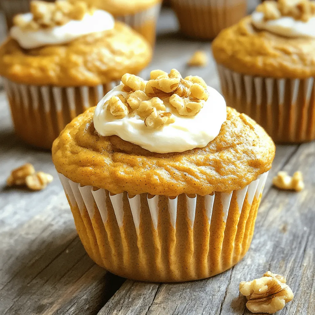 - 1 cup all-purpose flour - 1 cup whole wheat flour - 1 teaspoon baking powder - 1 teaspoon baking soda - 1 teaspoon ground cinnamon - 1/2 teaspoon ground nutmeg - 1/2 teaspoon ground ginger - 1/2 teaspoon salt For the dry ingredients, I mix both types of flour. The all-purpose flour gives the muffins a light texture. The whole wheat flour adds a nutty flavor and extra fiber. I add baking powder and baking soda for rise. The spices—cinnamon, nutmeg, and ginger—give that warm, cozy taste that screams fall. Salt enhances all these flavors beautifully. - 1/2 cup granulated sugar - 1/2 cup brown sugar, packed - 1/2 cup vegetable oil - 2 large eggs - 1 cup canned pumpkin puree - 1 teaspoon vanilla extract - 4 oz cream cheese, softened - 1/4 cup powdered sugar - 1 tablespoon milk For the wet mix, I blend the granulated and brown sugars with vegetable oil. This creates a smooth base. The eggs add moisture and richness. I stir in pumpkin puree for that classic flavor and color. Vanilla extract gives it a sweet aroma. For the cream cheese filling, I soften the cream cheese and mix it with powdered sugar and a splash of milk. This filling adds a creamy surprise inside each muffin. - Chopped walnuts or pecans for topping I love to sprinkle chopped nuts on top. They add a nice crunch. If you prefer, you can skip the nuts or use your favorite type. You can also make swaps for dietary needs, like using gluten-free flour or a sugar substitute. These adjustments help everyone enjoy these muffins! First, preheat your oven to 350°F (175°C). This step warms the oven, helping the muffins bake evenly. Next, prepare your muffin tin. You can line it with paper liners or grease it with a little oil. This will help the muffins come out easily after baking. In a medium bowl, whisk together the two flours, baking powder, baking soda, and spices. Make sure these dry ingredients are well mixed. In a large bowl, mix the granulated sugar, brown sugar, and vegetable oil until it looks smooth. Then, add the eggs, pumpkin puree, and vanilla extract. Stir this mixture until it is well combined. Now, slowly fold the dry mix into the wet mix. Stir gently until you no longer see flour streaks. Be careful not to over-mix. This keeps your muffins fluffy and light. For the cream cheese filling, take a separate bowl. Mix the softened cream cheese, powdered sugar, and milk until it is smooth. This filling adds a rich, creamy layer to the muffins. Start by filling each muffin cup halfway with the pumpkin batter. Then, add a small dollop of the cream cheese mixture in the center. After that, top it with more pumpkin batter, filling the cups about three-quarters full. If you want, sprinkle some chopped walnuts or pecans on top for added crunch. Now, place the muffin tin in the preheated oven. Bake for 18 to 22 minutes. To check if they are done, insert a toothpick into the center. If it comes out clean and the tops are golden brown, the muffins are ready. Let the muffins cool in the pan for about five minutes. After that, transfer them to a wire rack to cool completely. Enjoy your warm, delicious treats! To get fluffy muffins, avoid over-mixing. When you mix too much, the muffins can become dense. Stir just until you see no flour streaks. This keeps air in the batter. Also, check your ingredient temperatures. Room temperature eggs and cream cheese mix better. Cold ingredients can lead to lumps and uneven baking. How do you check if the muffins are done? Use a toothpick. Insert it into the center of a muffin. If it comes out clean, they are ready. If there are wet crumbs, bake a few more minutes. You can choose between muffin liners or greasing the tin. Liners make for easy cleanup. Greasing adds a nice crust. Both methods work well, so it’s your choice. Want to take your muffins to the next level? Add spices like allspice or cloves for a warm kick. You can also toss in chocolate chips for sweetness. Diced apples or nuts can add texture and flavor. Experiment to find your favorite mix! {{image_2}} You can change up the flavors of these muffins. Try using apple cinnamon for a fruity twist. Just replace the pumpkin puree with applesauce. Banana muffins are another great choice. Use mashed bananas instead of pumpkin. This creates a sweeter, softer muffin. You can even mix and match flavors. A banana-apple combo can be a fun option too! If you want a healthier muffin, there are many ways to adapt the recipe. You can use whole grain flour for added fiber. This gives you a heartier texture. Use less sugar by cutting both granulated and brown sugar by half. You can also try using honey or maple syrup as sweeteners. This will keep the muffins moist and tasty. For those with dietary needs, these muffins can fit many diets. To make them vegan, replace eggs with flaxseed or applesauce. Use plant-based milk in the cream cheese filling. For a gluten-free option, use gluten-free flour blends. This will allow everyone to enjoy these delicious muffins without worry. These options keep the spirit of fall alive while catering to different diets! To store your pumpkin spice cream cheese muffins at room temperature, place them in an airtight container. This keeps them fresh for about three days. Make sure to let them cool completely before sealing. If you want to keep them for longer, consider the freezer. For long-term storage, you can freeze your muffins. Wrap each muffin in plastic wrap. Then, place them in a freezer-safe bag or container. They can stay fresh in the freezer for up to three months. This way, you can enjoy them later, even on a busy day. When you're ready to enjoy your muffins, thaw them at room temperature. This usually takes about an hour. If you want to warm them up, use a microwave. Heat them for about 15-20 seconds. Check to ensure they are warm but not hot. Enjoy your muffins fresh and tasty! Yes, you can use fresh pumpkin. Fresh pumpkin has a different texture and flavor. You need to cook it first. Cut the pumpkin, remove seeds, and roast it until soft. Then, mash it well. Canned pumpkin is smooth and ready to use. It is also more consistent in taste. To test if your muffins are done, insert a toothpick into the center. If it comes out clean, the muffins are ready. You can also look for a golden-brown top. The muffins should spring back when you touch them gently. Yes, you can use sugar substitutes. Options like honey, maple syrup, or stevia work well. Keep in mind that these may change the texture and taste. Adjust the amount based on the substitute you choose. To freeze muffins, first let them cool completely. Wrap each muffin tightly in plastic wrap. Then, place them in a freezer bag. This helps keep them fresh. When you want to enjoy one, thaw it in the fridge overnight. You can also microwave them for a quick warm-up. In this blog post, we covered how to make delicious pumpkin muffins step by step. You learned about the vital ingredients, both dry and wet, along with optional add-ins. I shared tips for achieving fluffy muffins and explored tasty variations for everyone. Remember, whether you stick to classic flavors or try something new, homemade muffins bring joy. Store them properly, and don't hesitate to experiment with ingredients. Your perfect pumpkin muffin awaits, so get baking!
