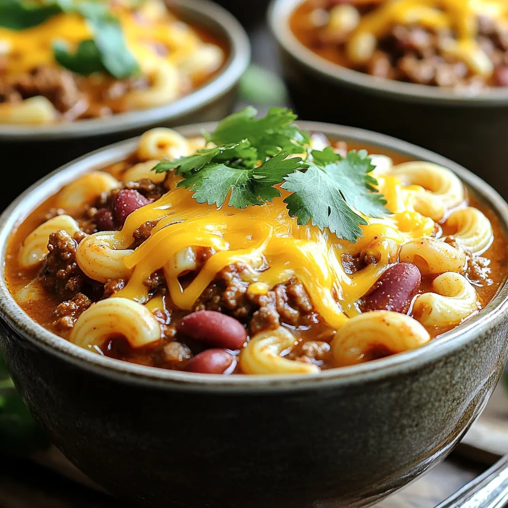 For a tasty Slow Cooker Chili Mac, you need some key ingredients: - 1 pound ground beef or turkey - 1 medium onion, diced - 2 cloves garlic, minced - 1 can (15 ounces) kidney beans, drained and rinsed - 1 can (15 ounces) black beans, drained and rinsed - 1 can (28 ounces) diced tomatoes (with juices) - 2 cups beef broth - 2 cups elbow macaroni - 2 tablespoons chili powder - 1 tablespoon cumin - 1 teaspoon smoked paprika - 1 teaspoon oregano - Salt and pepper to taste - 1 cup shredded cheddar cheese (for topping) - Fresh cilantro or parsley for garnish (optional) These ingredients work together to create a rich and hearty dish. The ground meat gives it protein, while beans add fiber. Tomatoes and broth provide moisture and flavor. You can add extra ingredients to boost the taste: - Bell peppers for sweetness - Jalapeños for heat - Corn for sweetness and texture - A splash of lime juice for brightness These options let you customize your chili mac. Feel free to mix and match based on what you like! If you have dietary needs, here are some swaps: - Use ground chicken or plant-based meat for a lighter option. - Replace beef broth with vegetable broth for a vegetarian dish. - Use gluten-free pasta if you need a gluten-free meal. These substitutions keep the dish tasty while meeting your needs. Enjoy making a chili mac that fits your lifestyle! First, I take a skillet and set it over medium heat. I add one pound of ground beef or turkey. I cook the meat until it turns brown and is fully cooked. This usually takes about 5 to 7 minutes. Next, I drain any extra fat from the skillet. Then, I add a medium onion, diced, and two cloves of minced garlic to the meat. I stir and cook this mixture until the onion is soft and clear, which takes about 3 to 4 minutes. This step brings out great flavors. Now, I carefully transfer the meat mixture into the slow cooker. I open two cans: one with 15 ounces of kidney beans and another with 15 ounces of black beans. I drain and rinse both beans before adding them to the cooker. Next, I add a 28-ounce can of diced tomatoes, including the juices. Then, I pour in 2 cups of beef broth. To spice things up, I mix in 2 tablespoons of chili powder, 1 tablespoon of cumin, 1 teaspoon of smoked paprika, and 1 teaspoon of oregano. I also add salt and pepper to taste. I stir everything well to combine. I cover the slow cooker and set it to cook. For best results, I choose low heat for 6 to 8 hours or high heat for 3 to 4 hours. About 30 minutes before the cooking ends, I stir in 2 cups of elbow macaroni. If the chili looks too thick, I add more broth or water until it’s just right. When the pasta is cooked, I serve the chili mac hot, topped with shredded cheddar cheese. For a fresh touch, I might add cilantro or parsley as a garnish. To get the right texture for your chili mac, add pasta at the end. This keeps the pasta from getting mushy. I usually stir in the elbow macaroni about 30 minutes before serving. If it seems too thick, add more broth or water. This way, you control how creamy or chunky your dish turns out. Toppings make your chili mac more fun and tasty! Shredded cheddar cheese is a must. It melts beautifully on top. You can also use fresh cilantro or parsley for a pop of color. A dollop of sour cream adds creaminess and balances the spice. Try crushed tortilla chips for crunch and extra flavor. One common mistake is not browning the meat first. This step adds deep flavor to your chili mac. Also, be careful with spices. Too much chili powder can overwhelm the dish. Lastly, avoid overcooking the pasta. It should be tender but not mushy. Following these tips will ensure a delicious meal every time. {{image_2}} You can make a tasty vegetarian chili mac. Start by using plant-based ground meat. You can also use lentils instead of beans. For a vegan twist, skip the cheese or use a dairy-free option. Adding more veggies like bell peppers or zucchini boosts the flavor and nutrition. If you want your chili mac spicy, add chopped jalapeños or red pepper flakes. You can also use hot chili powder instead of regular. For a milder dish, use sweet paprika and skip the heat. Adjust the spices to your taste for the best experience. There are many fun add-ins for chili mac. Try corn for a sweet crunch. You can also add diced bell peppers for color and flavor. For a creamy touch, stir in sour cream before serving. Fresh herbs like cilantro or parsley add a nice finish too. After enjoying your chili mac, let it cool down. Use an airtight container to store leftovers. Make sure to divide the chili mac into smaller portions. This way, it will cool faster and stay fresh longer. When you want to eat your leftovers, you can reheat them easily. Place the chili mac in a pot on the stove. Heat it over low to medium heat. Stir often to avoid sticking. You can also use the microwave. Place it in a microwave-safe bowl, cover it loosely, and heat in short bursts. Stir in between to ensure even heating. Freezing is a smart way to save chili mac for later. First, let it cool completely. Then, pour it into a freezer-safe container. Leave some space at the top for expansion. You can freeze it for up to three months. When you're ready to eat it, thaw it in the fridge overnight before reheating. Yes, you can make Slow Cooker Chili Mac ahead of time. Prepare the dish a day before serving. Store it in the fridge overnight. When it's time to eat, simply reheat it in the slow cooker or on the stove. This gives the flavors a chance to blend even more. To thicken your Slow Cooker Chili Mac, you have a few options. You can add a cornstarch slurry. Mix one tablespoon of cornstarch with two tablespoons of cold water, then stir it in. Another way is to let it cook longer with the lid off. This allows excess liquid to evaporate, making the dish thicker. Slow Cooker Chili Mac is great on its own, but you can add sides too. Try serving it with crusty bread for dipping. A fresh salad can balance the meal nicely. You could also add toppings like sour cream, avocado, or extra cheese for more flavor. We’ve explored the main ingredients for a tasty slow cooker chili mac. You can customize it with optional ingredients and make smart substitutions for your diet. I shared step-by-step instructions for clear cooking. Tips helped you avoid common mistakes, and variations let you make unique versions. Remember, leftovers can be stored and reheated easily. Enjoy this hearty meal with friends or family. Slow cooker chili mac is simple, fun, and super delicious. You’re ready to make a great dish!