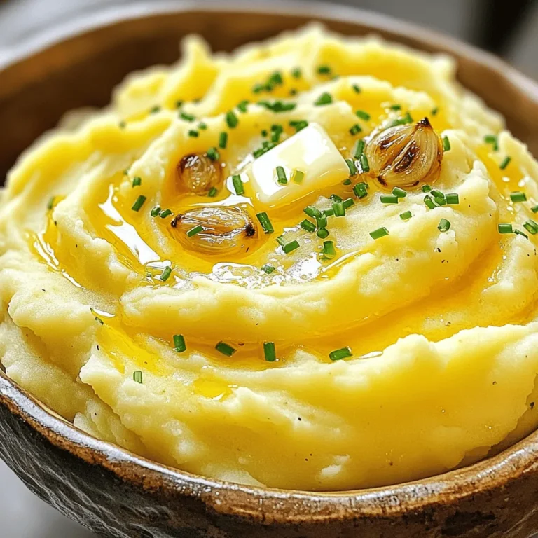 - 2 pounds Yukon Gold potatoes, peeled and cut into chunks - 1 whole head of garlic - 1/2 cup unsalted butter, softened - 1 cup heavy cream - 1/2 cup sour cream To make roasted garlic mashed potatoes, start with Yukon Gold potatoes. They are creamy and rich. They give the best texture. Next, you need a whole head of garlic. Roasting it brings out a sweet and mellow flavor. You also need unsalted butter for richness. Heavy cream adds smoothness, while sour cream gives a nice tang. - Salt, to taste - Freshly ground black pepper, to taste - Chives, finely chopped (for garnish) For seasoning, salt is key. It enhances the flavors in the dish. Freshly ground black pepper adds a bit of warmth. Finally, chives make a great garnish. They add color and a mild onion taste. This mix of ingredients creates a dish that is creamy and full of flavor. 1. Preheat your oven to 400°F (200°C). This heat will help the garlic roast to perfection. 2. Take a whole head of garlic and slice off the top. This exposes the cloves. 3. Wrap the garlic in aluminum foil. This will keep it moist as it roasts. 4. Place the wrapped garlic in the oven. Roast for 30-35 minutes until the cloves feel soft and smell great. 1. While the garlic roasts, peel and chop 2 pounds of Yukon Gold potatoes. 2. Place the chunks in a large pot. Cover them with cold water and add a pinch of salt. 3. Bring the pot to a boil over medium-high heat. This will help cook them evenly. 4. Cook the potatoes for 15-20 minutes. They should be fork-tender when done. 5. Once cooked, drain the potatoes. Return them to the pot to keep them warm. 1. Squeeze the roasted garlic cloves out of their skins into the pot with the warm potatoes. Discard the empty skins. 2. Add 1/2 cup of softened unsalted butter, 1 cup of heavy cream, and 1/2 cup of sour cream to the pot. 3. Use a potato masher or a hand mixer to mash the mixture until smooth and creamy. 4. Adjust the cream amount if you want a thinner consistency. Keep mashing until it feels just right. 5. Season the mash with salt and freshly ground black pepper to your taste. 6. Transfer the mashed potatoes to a serving bowl. Sprinkle with chopped chives for a nice touch. To get the best creamy mashed potatoes, start with warm ingredients. Use warm butter and cream. Cold ingredients can make your mash lumpy. Always mash hot potatoes for the best texture. For tools, I recommend a potato masher or a hand mixer. A masher gives a rustic feel. A hand mixer creates a silky texture. Both tools work well, but use what you have. To boost flavor, add fresh herbs like chives or thyme. A sprinkle of garlic powder can also work well. You can mix in spices, too. A pinch of nutmeg adds warmth. For extra richness, consider adding cream cheese or even a bit of roasted garlic. This gives depth to the dish. You can also use flavored butters for a twist. Roasted Garlic Mashed Potatoes pair well with many dishes. They are great with roasted meats or grilled veggies. Try them with a rich beef stew or herb-roasted chicken. For a fun twist, serve them in a bowl topped with extra chives. You can also create a potato bar. Offer toppings like cheese, bacon bits, or sautéed onions. This makes for a fun and interactive meal. {{image_2}} You can use more than just Yukon Gold potatoes. Feel free to substitute with other varieties like Russet or red potatoes. Each type offers a unique taste and texture. - Yukon Gold: Creamy and buttery flavor, great for mashing. - Russet: Fluffier and starchier, gives a light texture. - Red Potatoes: Waxy and smooth, adds a bit of firmness. Switching potatoes may change the overall taste of your dish. For example, Russets create a lighter mash, while Yukon Gold makes it rich and creamy. You can make Roasted Garlic Mashed Potatoes vegan or dairy-free. Use plant-based butter and almond or oat milk instead of cream. For a gluten-free option, stick to the standard ingredients; they are naturally gluten-free. - Vegan version: Replace butter and cream with plant-based options. - Dairy-free: Almond milk or coconut cream works well. This way, everyone can enjoy the dish, no matter their dietary needs. Want to add a kick? Mix in some cheese for extra flavor. Cheddar or Parmesan works great. You can also toss in roasted vegetables, like broccoli or carrots, for a colorful twist. - Cheese: Adds creaminess and depth. - Roasted veggies: Enhance taste and nutrition. These variations make the dish your own while keeping the essence of Roasted Garlic Mashed Potatoes intact. To keep your Roasted Garlic Mashed Potatoes fresh, store them in the fridge. Use an airtight container for the best results. This helps keep moisture in and air out. It also prevents other smells from mixing in with your potatoes. When you want to enjoy leftovers, keep them creamy by reheating them gently. You can use the microwave or stovetop for this. If using the microwave, heat in short bursts, stirring often. For stovetop, add a splash of cream or milk as you warm them. This helps restore their creamy texture. If you want to save some for later, you can freeze the mashed potatoes. Put them in a freezer-safe container, leaving some space for expansion. To thaw, place the container in the fridge overnight. For reheating, use the stovetop or microwave, adding a bit of cream to keep them smooth. Roasted Garlic Mashed Potatoes last about three to five days in the fridge. Store them in an airtight container. This keeps them fresh and prevents them from absorbing other smells. Yes, you can make Roasted Garlic Mashed Potatoes ahead of time. Prepare them a day or two in advance. Just store them in the fridge. Before serving, you can reheat them gently. To reheat mashed potatoes, use the stovetop or microwave. If using the stovetop, add a splash of milk or cream. Heat slowly over low heat while stirring. If microwaving, cover the bowl to keep moisture in. Stir halfway through for even heating. While you can use garlic powder, it won't taste the same. Roasted garlic has a sweet and mellow flavor. Garlic powder is more sharp and strong. For the best taste, stick with roasted garlic in this recipe. Roasted garlic mashed potatoes are a delightful side dish made with simple, fresh ingredients. I shared tips for achieving creamy texture, enhancing flavors, and making variations. Remember, using the right potatoes and seasonings can elevate your dish. As you try these recipes and storage tips, get creative with your own twists. Enjoy these mashed potatoes with your favorite meals and watch your guests smile with every bite!