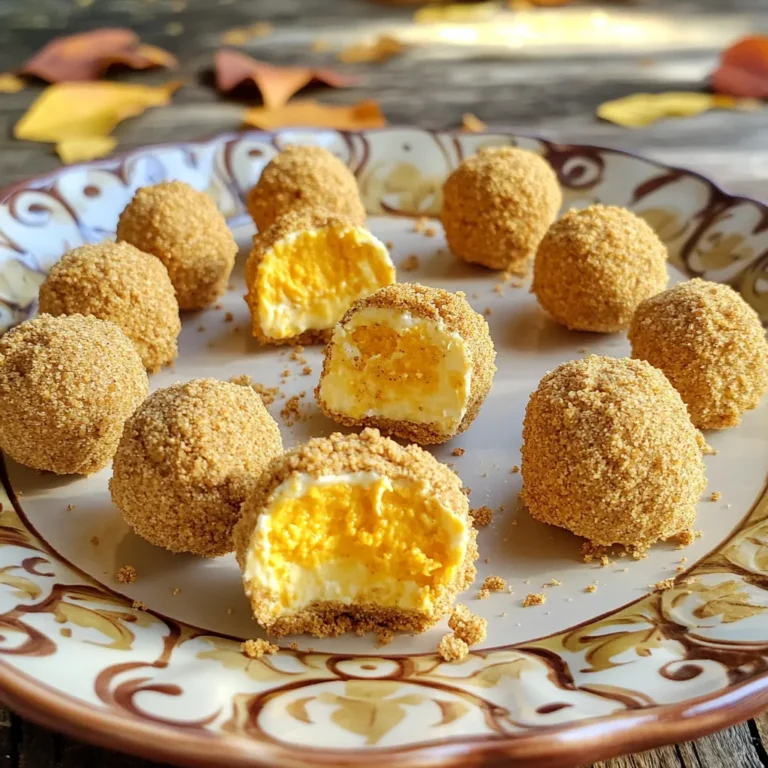 To make pumpkin cheesecake energy bites, you need these key ingredients: - 1 cup rolled oats - 1/2 cup pumpkin puree - 1/2 cup cream cheese, softened - 1/4 cup honey or maple syrup - 1/4 cup almond butter - 1 tsp vanilla extract - 1 tsp pumpkin spice - 1/4 tsp salt - 1/2 cup crushed graham crackers (for coating) These ingredients blend together to create a creamy, sweet, and spiced treat. The rolled oats provide a nice, chewy texture. Pumpkin puree adds moisture and flavor, while cream cheese gives a rich taste. Honey or maple syrup adds sweetness. Almond butter enhances the nutty flavor and helps hold everything together. You can add your favorite flavors or textures to these bites. Here are some ideas: - Chopped nuts (like walnuts or pecans) for crunch. - Mini chocolate chips for sweetness. - Dried fruit (like cranberries or raisins) for added flavor. - A sprinkle of nutmeg for extra spice. Feel free to mix and match these options to suit your taste. If you have dietary needs, here are some easy swaps: - Use gluten-free oats if you need a gluten-free option. - Substitute cream cheese with a dairy-free cream cheese for a vegan option. - Replace honey with agave syrup for a vegan sweetener. - Use peanut butter instead of almond butter if you prefer. These substitutions let everyone enjoy the deliciousness of pumpkin cheesecake energy bites! To start, gather all your ingredients. You will need rolled oats, pumpkin puree, cream cheese, honey or maple syrup, almond butter, vanilla extract, pumpkin spice, and salt. In a mixing bowl, combine the rolled oats, pumpkin puree, cream cheese, honey or maple syrup, almond butter, vanilla extract, pumpkin spice, and salt. Use a spatula or your hands to mix everything together. The mix should feel sticky but hold its shape well. Once mixed, cover the bowl with plastic wrap. Place it in the fridge for about 30 minutes. This chilling step is important. It helps firm up the mixture, making it easier to shape. After chilling, take the bowl out of the fridge. Scoop out about one tablespoon of the mixture. Roll it into a small ball with your hands. Next, roll the ball in crushed graham crackers until it is fully coated. Keep repeating this step until you use all the mixture. Finally, place the energy bites on a plate or in an airtight container. Put them back in the fridge for at least 30 minutes. This helps them set properly and makes them more enjoyable to eat. To get the best texture, use soft cream cheese. Make sure it blends well with the other ingredients. The mixture should feel sticky but firm. If it’s too dry, add a splash of pumpkin puree. If it’s too wet, add some oats. The goal is to form nice, round bites. Mixing is key for great energy bites. I like to use my hands for this. It helps me feel the texture better. Start with the oats and pumpkin puree, then add the rest. This way, it all combines evenly. Don’t rush! Take your time to mix until you see no dry spots. Presentation makes a big difference. I suggest using a pretty plate. Place the bites in a neat circle. Sprinkle extra crushed graham crackers around them. For a final touch, dust some pumpkin spice on top. This makes it look festive and inviting, perfect for sharing at gatherings! {{image_2}} You can change the taste of your energy bites easily. One great option is to add dark chocolate chips. They add a sweet touch and a nice crunch. You could also try mixing in dried cranberries or raisins. This gives bursts of flavor and adds natural sweetness. Want more spice? Add a dash of nutmeg or cinnamon. These spices pair well with pumpkin and give warmth to every bite. You can even swap the pumpkin puree for sweet potato for a different flavor twist. If you need nut-free energy bites, swap almond butter for sunflower seed butter. It has a similar texture and a mild taste. You could also use tahini, which is made from sesame seeds. Both options work well and keep the bites creamy. Be sure to check for allergies in your guests. This way, everyone can enjoy these tasty treats without worry. Want to get creative? Try mixing in protein powder for a boost. This makes them a great post-workout snack. You could also add shredded coconut for a tropical flair. If you want a crunch, consider tossing in chopped seeds like pumpkin or sunflower. For a festive twist, add some orange zest. It brightens the flavor and makes them even more refreshing. Each of these ideas opens up a world of flavor, making your pumpkin cheesecake energy bites unique every time! To keep your pumpkin cheesecake energy bites fresh, store them in an airtight container. Place a piece of parchment paper between layers if you stack them. This way, they won’t stick together. Store the container in the fridge for best results. They will stay tasty and safe for about five days. If you want to keep your energy bites longer, freezing is a great option. First, place the bites in a single layer on a baking sheet. Freeze them for about two hours until they harden. Once firm, transfer them to a freezer bag or container. Make sure to label the bag with the date. They can last up to three months in the freezer. These energy bites taste best when fresh, but they last well in the fridge. Enjoy them within five days for the best flavor and texture. If frozen, aim to eat them within three months. After that, they may lose some taste and texture. Always check for any signs of spoilage before eating. Yes, you can make these energy bites vegan. To do this, swap out the cream cheese for a dairy-free option. Use a vegan cream cheese or cashew cream instead. Replace honey with maple syrup for a plant-based sweetener. These simple changes keep the flavor while making them vegan-friendly. This recipe yields about 12 energy bites. You can easily double the recipe if you want more. Just remember that if you make more, it might take a bit longer to chill. These bites make great snacks for any time of day. If you don’t have almond butter, you can use peanut butter or sunflower seed butter. Both options work well and add a nice flavor. Just make sure the substitute is creamy, as this helps with the texture. Enjoy experimenting with different nut butters! You now have a full guide on making energy bites. We covered ingredients, step-by-step directions, and helpful tips. You can easily customize your bites for taste or diet needs. Remember to store them well for freshness. This tasty treat is perfect for a quick snack or boost of energy. Enjoy making your own energy bites and sharing them with others!