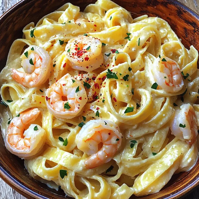 - 8 oz fettuccine pasta - 1 lb large shrimp, peeled and deveined - 4 cloves garlic, minced - 1 cup heavy cream - 1 cup grated Parmesan cheese - 2 tablespoons olive oil - 1 tablespoon butter - Salt, pepper, and red pepper flakes - Fresh parsley, chopped This dish is all about fresh and simple ingredients. The fettuccine pasta forms a great base. The shrimp adds protein and a lovely texture. Garlic gives the dish its bold flavor. In terms of creaminess, the heavy cream does wonders. Parmesan cheese adds a salty, nutty kick. Olive oil and butter create a rich sauce that binds all the flavors. Don’t forget the seasoning. Salt and pepper elevate the taste. Red pepper flakes add heat if you like spice. Fresh parsley brightens the dish, making it look pretty too. Gather these ingredients before you start cooking. This will make the process quick and easy. With everything ready, you will enjoy this meal in no time! To start, fill a large pot with water and add a generous amount of salt. This step helps flavor the pasta. Bring the water to a boil. Once boiling, add 8 oz of fettuccine. Cook it according to the package instructions until al dente. This means the pasta should be firm but cooked through. After cooking, reserve ½ cup of pasta water before draining the fettuccine. Set the drained pasta aside for later. Next, grab a large skillet and place it over medium-high heat. Add 2 tablespoons of olive oil and 1 tablespoon of butter to the pan. Once the butter melts, add 4 minced garlic cloves. Sauté the garlic for about 30 seconds until it becomes fragrant. Then, add 1 lb of peeled and deveined shrimp to the skillet. Season the shrimp with salt, pepper, and optional red pepper flakes. Cook the shrimp for about 2-3 minutes on each side. Look for the shrimp to turn pink and opaque. Once cooked, remove the shrimp from the skillet and set them aside. In the same skillet, pour in 1 cup of heavy cream. Bring it to a gentle simmer over medium heat. Once it simmers, stir in 1 cup of grated Parmesan cheese. Mix it well until the cheese melts and creates a creamy sauce. If the sauce feels too thick, add a little of the reserved pasta water to adjust the consistency. This step makes the sauce smooth and perfect for coating the pasta. Now, it’s time to bring everything together. Add the cooked fettuccine and the shrimp back into the skillet. Toss all the ingredients together until the pasta and shrimp are well coated in the creamy garlic sauce. For a fresh touch, chop some parsley and sprinkle it over the top before serving. This not only adds color but also a burst of flavor. Divide the pasta among plates, and enjoy your delicious meal! To cook pasta al dente, boil salted water. Add the fettuccine and cook until tender but firm. This keeps the pasta from becoming mushy. After cooking, reserve ½ cup of pasta water. Use a measuring cup to scoop it out before draining the pasta. This water adds flavor and helps the sauce stick. You can add extra spices to boost flavor. Try thyme or basil for a fresh taste. For heat, red pepper flakes work great. To balance the creaminess, start with less cream. Add it slowly to find your perfect texture. If the sauce feels too rich, a splash of pasta water lightens it up. Pair your pasta with a side salad or garlic bread. A crisp green salad cuts through the creaminess. For presentation, use a large bowl or plate. Twirl the pasta for a beautiful look. Top with fresh parsley for color and taste. A sprinkle of extra Parmesan also adds a nice touch. {{image_2}} You can easily change up the seafood in this dish. Adding scallops or crab adds a sweet touch. Just cook them the same way as the shrimp. If you want a twist, try using shrimp alternatives like langoustines or even fish. These options still give you that great seafood flavor. If you prefer a meat-free meal, there are tasty swaps. Substitute shrimp with mushrooms or zucchini for a hearty texture. You can also make a creamy garlic pasta without any seafood. Use the same creamy sauce, but mix in your favorite veggies like spinach or bell peppers. This keeps the dish rich and satisfying. To deepen the flavor of the sauce, consider adding a splash of white wine. This gives the sauce a nice zing. You can also mix in sun-dried tomatoes or fresh spinach. This adds color and extra nutrients. Adjust the sauce to your liking for a fun twist on the classic recipe. To store creamy garlic shrimp pasta, let it cool first. Place the pasta in an airtight container. You can keep it in the fridge for up to three days. If you want to freeze it, use a freezer-safe container. It can last for about two months in the freezer. When reheating, the best method is to use the stove. Add a splash of water or cream to a skillet. Heat it gently on medium-low. This keeps the pasta creamy and soft. Avoid using the microwave as it can dry out the dish. If the sauce thickens after storage, just add a bit more reserved pasta water or cream. This helps restore its smooth texture. This creamy garlic shrimp pasta comes together fast. You need only 5 minutes to prep. Cooking takes about 10 minutes. In total, it takes just 15 minutes to make. Yes, you can make this dish dairy-free. Use coconut cream instead of heavy cream. For cheese, try nutritional yeast or a dairy-free alternative. Both options keep the creamy texture and flavor. Many sides go well with shrimp pasta. A fresh garden salad adds crunch. Garlic bread is great for soaking up sauce. Roasted vegetables also make a nice side. You can use frozen shrimp! Just thaw them first. Place shrimp in cold water for about 15 minutes. Cook them as you would fresh shrimp. They will taste just as good! In this blog post, we explored how to make a delicious creamy garlic shrimp pasta. We covered the key ingredients, step-by-step cooking instructions, and helpful tips. You learned how to enhance flavors and explore variations. Plus, we shared storage and reheating advice. Cooking this dish can be fun and simple. With practice, you can impress anyone with your skills. Enjoy your next meal!