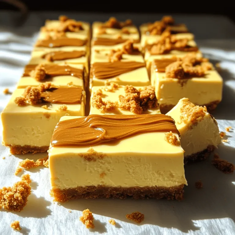 To make No-Bake Biscoff Cheesecake Bars, you need simple ingredients that create a rich flavor. Here’s what you’ll need: - 200g Biscoff cookies, crushed - 100g unsalted butter, melted - 300g cream cheese, softened - 250ml heavy whipping cream - 100g powdered sugar - 100g Biscoff spread - 1 teaspoon vanilla extract - A pinch of salt - Extra Biscoff cookies for garnish (optional) Each ingredient plays a key role in the final dish. The Biscoff cookies give a crunchy and sweet base. The melted butter helps bind the crust together. Cream cheese adds a creamy texture, while heavy whipping cream makes it light and fluffy. Powdered sugar sweetens the mix, and Biscoff spread adds that unique flavor we love. A pinch of salt balances it all out. If you want to make it extra special, add crushed Biscoff cookies on top for garnish. This treat is easy to make and tastes amazing! To make the crust, start by mixing the crushed Biscoff cookies with melted butter. Use a bowl and blend them until they look like wet sand. This step is key for a good base. Next, take the mixture and press it firmly into an 8x8-inch square baking pan. Make sure it’s even and packed tight. This helps the crust hold together. Chill the pan in the fridge while you prepare the cheesecake filling. Now, let’s make the cheesecake filling. In a clean bowl, beat the softened cream cheese with an electric mixer until it’s smooth. This should take about 2-3 minutes. Add the powdered sugar, Biscoff spread, vanilla extract, and a pinch of salt to the cream cheese. Mix until everything combines well and the filling is creamy. This mixture is where the magic happens! In another bowl, whip the heavy cream until stiff peaks form. This means it should hold its shape when you lift the whisk. Gently fold the whipped cream into the cream cheese mixture. Be careful not to deflate the whipped cream. Keep folding until there are no streaks left. Now it’s time to pour the creamy filling over the chilled crust. Use a spatula to smooth the top. This makes it look nice and even. Cover the pan and chill it in the refrigerator for at least 4 hours. For the best results, let it set overnight. This helps the cheesecake firm up properly. Once set, carefully remove the cheesecake from the pan and cut it into bars. If you want, you can drizzle extra Biscoff spread on top and sprinkle crushed cookies for a fun finish. Enjoy your delicious creation! To get the best texture in your cheesecake bars, start with room temperature cream cheese. This makes it easy to blend. If the cream cheese is cold, it can stay lumpy. Let it sit out for about 30 minutes before mixing. Next, let's talk about the whipped cream. To achieve stiff peaks, beat the heavy cream until it holds its shape. Use a clean bowl and beaters for best results. This step is key, as it gives your cheesecake a light and airy feel. When serving your cheesecake bars, presentation is key. Place them on a nice platter. Sprinkle extra crushed Biscoff cookies around the bars for a lovely touch. You can also drizzle more Biscoff spread on top for added flavor. Pair these bars with a nice cup of coffee or tea. The rich flavors of Biscoff enhance the drinks, making each bite even better. One common issue is a crumbly crust. If your crust falls apart, try adding a bit more melted butter. This helps bind the crumbs together. Another mistake is not letting the cheesecake set long enough. Chill the bars for at least four hours, but overnight is best. This ensures they firm up nicely before you cut them. {{image_2}} You can switch up the Biscoff spread to add fun flavors. Try the chocolate Biscoff spread for a richer taste. You can also use the crunchy version for a bit of texture. Mixing in other cookies is another great way to change the flavor. Oreos or vanilla wafers can make a tasty crust. Just crush them and follow the same steps. If you need gluten-free options, use gluten-free cookies for the crust. Many brands offer gluten-free Biscoff cookies. For the filling, you can swap regular cream cheese for a dairy-free cream cheese. This way, those with dairy issues can enjoy the bars too. Just check that your heavy cream is dairy-free as well. Adding seasonal flavors can make these bars extra special. For fall, try mixing in pumpkin spice. A little cinnamon and nutmeg can bring warmth to the flavor. In winter, peppermint extract can add a festive touch. Just a few drops will brighten the taste and make it more holiday-themed. To keep your No-Bake Biscoff Cheesecake Bars fresh, store them in the fridge. First, place the bars in an airtight container. This helps prevent drying out and keeps them tasty. You can also cover the pan tightly with plastic wrap if you don't have a container. - Use a glass or plastic container with a lid. - Make sure they are completely cool before storing. - Keep them in the fridge for up to five days. If you want to save some for later, freezing is a great option. You can freeze the bars for up to three months. To do this, follow these tips: - Cut the cheesecake into bars before freezing. This makes it easy to grab one when you want it. - Wrap each bar in plastic wrap, then place them in a freezer-safe container. - Label the container with the date to keep track. When you want to enjoy a frozen cheesecake bar, take it out and let it thaw in the fridge for a few hours. You can also leave it at room temperature for about 30 minutes. Serve it chilled and enjoy its creamy texture! No-Bake Biscoff Cheesecake Bars stay fresh for about 5 days in the fridge. Make sure to keep them covered. I recommend using plastic wrap or an airtight container. This helps keep them moist and tasty. Yes, you can use other cookies for the crust. Try using Oreos, graham crackers, or even ginger snaps. Each cookie will give a unique flavor. Just crush them the same way you would with Biscoff cookies. If you want a cream cheese substitute, try mascarpone cheese or Greek yogurt. Both options will change the taste a bit but still make a delicious cheesecake. You can also use silken tofu for a dairy-free option. Chilling the bars overnight gives the best results. It helps them set firm and enhances the flavor. If you are in a hurry, chilling them for at least 4 hours will still work. Just know that overnight chilling is preferred. This blog covered all you need to make No-Bake Biscoff Cheesecake Bars. We looked at key ingredients like Biscoff cookies and cream cheese. I shared step-by-step instructions for the crust and filling. Tips helped you avoid common mistakes, and variations showed fun ways to change flavors. Remember, chilling is key for the best taste. Enjoy these treats as is, or try them with twists. Your cheesecake journey can be as creative as you wish!