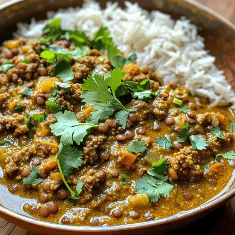 - 1 lb (450g) ground beef - 1 cup brown lentils, rinsed - 1 large onion, finely chopped - 3 cloves garlic, minced - 1-inch piece ginger, grated - 2 medium tomatoes, chopped - 1 can (14 oz) coconut milk To make this hearty beef and lentil curry, you need key ingredients. The ground beef adds flavor and protein. Brown lentils bring texture and heartiness. Onions, garlic, and ginger form the base. They create a fragrant mix. Tomatoes add sweetness and acidity. Coconut milk makes the dish creamy. - 2 tablespoons curry powder - 1 teaspoon cumin seeds - 1 teaspoon turmeric powder - 1 teaspoon chili powder (adjust to taste) - Salt and pepper to taste Spices are the heart of this dish. Curry powder gives it warmth. Cumin seeds add depth and richness. Turmeric offers a lovely color. Chili powder can kick up the heat, so adjust it to your taste. Salt and pepper balance the flavors. - Fresh cilantro, chopped - Serving suggestions: basmati rice or naan bread Garnish is important for presentation. Fresh cilantro adds a burst of color and freshness. I suggest serving this curry with basmati rice or naan bread. They soak up the delicious sauce and round out the meal. 1. Start by heating the vegetable oil in a large pot. Use medium heat for this. 2. Add cumin seeds to the hot oil. Let them sizzle for about a minute. This makes the kitchen smell great. 3. Next, add the chopped onion. Sauté it until it turns golden brown, which takes about 5-6 minutes. Stir it often. 4. Now, add minced garlic and grated ginger. Cook them for 1-2 minutes until fragrant. 5. Mix in curry powder, turmeric powder, and chili powder. Toast the spices for about a minute. This boosts their flavor. 6. Add the ground beef to the pot. Cook until it’s browned, about 5-7 minutes. Break up the meat as you cook. 1. After the beef is browned, stir in the chopped tomatoes. Cook them for about 3-4 minutes. They should start breaking down. 2. Add the rinsed lentils to the pot. Then, pour in the coconut milk. Stir everything well to combine. 3. Season the mixture with salt and pepper to taste. This brings out the flavors. 1. Bring the mixture to a gentle boil, then reduce the heat to low. Cover the pot. 2. Let it simmer for about 25-30 minutes. This allows the lentils to cook through and become tender. 3. Stir occasionally. If the curry gets too thick, add a splash of water. 4. Once cooked, taste the dish. Adjust the seasoning if needed. If you like it spicier, add more chili powder. 5. Remove the pot from the heat and let it sit for 5 minutes before serving. This helps the flavors meld. To make your curry shine, start with the aromatics. Heat vegetable oil in your pot. Add cumin seeds and let them sizzle. This brings out their flavor. Next, toss in the chopped onion. Cook it until golden brown, which takes about 5-6 minutes. When the onions are ready, add minced garlic and grated ginger. Sauté these for just 1-2 minutes. This step builds a solid base for your curry. The key is not to rush. Let the flavors develop slowly. Now, for the ground beef, make sure to break it into small pieces. Brown it well, stirring for about 5-7 minutes. This adds a nice texture and flavor to your dish. You can boost your curry by adding vegetables. Carrots, bell peppers, or spinach work great. They add color and nutrition. Chop them up and stir them in with the tomatoes. If you want a different protein, consider chicken or turkey. Both can replace ground beef. Just cook them until fully done. This keeps the meal fresh and exciting. For spice lovers, chili powder is your friend. Start with 1 teaspoon and taste as you go. If you want it hotter, add more. Remember, different chili powders can have different heat levels. You can also adjust the curry powder and turmeric to suit your taste. Each spice brings its own flavor, so feel free to experiment! {{image_2}} You can make a tasty vegetarian version of beef and lentil curry. Swap the ground beef for plant-based protein like lentils, chickpeas, or tofu. This keeps the dish hearty and filling. Use the same spices and cooking methods. You will still enjoy a rich flavor. To boost the flavor, try adding more herbs or spices. Fresh herbs like basil or mint add a fresh touch. You can also mix in curry leaves, bay leaves, or even a dash of lemon juice. These small changes can make your curry unique and exciting. Different cultures have their own takes on curry. For instance, Indian curry often uses yogurt or cream. Thai curry might include lemongrass and lime leaves. You can play with these ideas to create your own version. Each twist adds a new layer of taste to your dish. To store leftovers, let the curry cool first. Use an airtight container to keep it fresh. Place the curry in the fridge if you plan to eat it within three days. This method helps keep the flavors strong and tasty. If you want to enjoy this hearty meal later, freezing is a great option. Use freezer-safe containers or bags. Make sure to leave some space at the top, as the curry will expand when frozen. Label the container with the date. It can last up to three months in the freezer. To reheat the curry, the best method is on the stove. Place it in a pot over low heat. Stir it often to avoid sticking. If it seems too thick, add a splash of water or broth. You can also use the microwave. Just cover the bowl with a lid or a damp paper towel. Heat in short bursts, stirring in between. This keeps the meal warm and flavorful. Can I use green lentils instead of brown? Yes, you can use green lentils. They have a firmer texture and may take a bit longer to cook. Just keep an eye on them. If you use them, check the lentils after 30 minutes of cooking to see if they are soft enough. How long does the dish take to cook? The dish takes about 45 minutes in total. Prep time is around 15 minutes, and cooking time is about 30 minutes. This gives you a warm and hearty meal in no time. What can I use instead of coconut milk? If you want to skip coconut milk, try using heavy cream or plain yogurt. This will change the taste slightly but still give a creamy texture. You can also use vegetable broth for a lighter option, but it won’t be as rich. Adjust the seasoning to match your choice. This blog post covered the key ingredients, steps, and tips for making a delicious beef and lentil curry. You learned about essential spices and optional garnishes, plus how to perfect your dish with smart variations. Remember, cooking is a fun way to explore flavors. Experiment with ingredients and make this curry your own! Store and reheat leftovers properly to enjoy later. I hope you feel excited to cook and share your curry creations. Enjoy every bite!