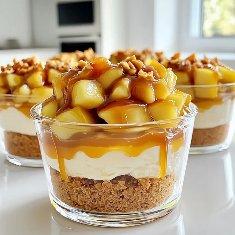 To make the caramel apple cheesecake cups, gather these simple ingredients: - 1 cup graham cracker crumbs - 1/4 cup unsalted butter, melted - 1 cup cream cheese, softened - 1/2 cup powdered sugar - 1 teaspoon vanilla extract - 1 cup heavy whipping cream - 2 medium apples, diced - 1/2 cup caramel sauce (plus extra for drizzling) - 1 teaspoon lemon juice - Chopped nuts for garnish (optional) These ingredients create a creamy, sweet treat with a crunchy base. When picking apples, choose firm ones. Look for bright colors and smooth skin. Avoid apples with bruises or soft spots. Varieties like Granny Smith and Honeycrisp work great. They add a nice crunch and flavor. You can also try Fuji apples for a sweeter taste. You can change this recipe to match your taste. Use gluten-free graham crackers for a gluten-free option. Swap cream cheese with vegan cream cheese if needed. For a nut-free version, skip the chopped nuts on top. You can also try different fruits, like pears or berries, to switch things up. To make the crust, grab a mixing bowl. Add 1 cup of graham cracker crumbs. Then, pour in 1/4 cup of melted unsalted butter. Mix until the crumbs look wet and sandy. Now, take your serving cups or jars. Spoon the mixture into each cup. Press down gently to form a solid layer. This will be the base for your cheesecake cups. Next, let’s make the filling. In another bowl, add 1 cup of softened cream cheese. Beat it until it is smooth and creamy. Then, add 1/2 cup of powdered sugar and 1 teaspoon of vanilla extract. Mix until combined. In a separate bowl, whip 1 cup of heavy cream. Beat it until stiff peaks form. Carefully fold the whipped cream into the cream cheese mixture. This makes the filling light and fluffy. Now it’s time to layer the cups! Start with a spoonful of the cream cheese mixture. Spread it over the crust layer. Next, take 2 medium apples, diced. Toss them with 1 teaspoon of lemon juice and 1/2 cup of caramel sauce. Add a layer of these caramel-coated apples on top of the cream cheese. Repeat the layers until the cups are full. Finish by drizzling extra caramel sauce on top. If you like, sprinkle some chopped nuts for crunch. Enjoy your tasty no-bake treat! To get the best texture in your cheesecake cups, focus on the cream cheese. Make sure it is soft before mixing. This helps create a smooth filling. When you whip the heavy cream, aim for stiff peaks. This gives your dessert a light, airy feel. Fold the whipped cream into the cream cheese gently. This keeps the mixture fluffy and creamy. For a great presentation, use clear glass cups. This shows off the lovely layers of your cheesecake. You can chill the cups before serving. A cold treat is always refreshing. Consider adding a sprig of mint on top for color. Drizzle extra caramel sauce over each cup for a sweet touch. If you want texture, sprinkle some chopped nuts on top. Cleaning up can be simple. Use a mixing bowl with a pour spout. This makes it easy to fill the cups without spills. Line the work area with parchment paper. It catches any drips or crumbs. After you serve, soak your mixing bowls and utensils in warm, soapy water. This helps loosen any sticky residue. Enjoy your dessert without the stress of a messy kitchen! {{image_2}} You can change the flavor in many fun ways. For a fall twist, add pumpkin spice. Just mix in a teaspoon of pumpkin spice with the cream cheese. It gives a warm taste that is perfect for autumn. If you love chocolate, use cocoa powder. Add two tablespoons of cocoa to the cream cheese mix. You can also top the cups with chocolate shavings for extra flair. If you need a gluten-free option, swap the graham cracker crumbs. Use crushed gluten-free cookies instead. This keeps the base tasty and safe. For a dairy-free treat, try vegan cream cheese. Use coconut cream in place of heavy cream. These changes let everyone enjoy this dessert without worry. You can serve these cheesecake cups in different ways. Mini cups are cute and perfect for parties. Use small shot glasses to make them fun and easy to grab. If you want something bigger, try parfaits. Layer the ingredients in a tall glass. This way, you can see all the yummy layers. Both styles are great for sharing or enjoying on your own! To keep your caramel apple cheesecake cups fresh, use airtight containers. Make sure each cup is sealed well. This helps keep moisture out and flavor in. Store them in the fridge for best results. If you stack the cups, place parchment paper between them. This will prevent sticking. You can keep these cheesecake cups in the fridge for up to three days. After that, the apples may start to lose their crunch. If you notice any changes in texture, it’s best to eat them right away. Always use your senses to check for freshness. Freezing cheesecake cups is possible but needs care. First, freeze the cups without any toppings. Cover them well with plastic wrap or foil. Once frozen, they can last for up to two months. When ready to eat, move them to the fridge to thaw overnight. Add fresh apple pieces and caramel sauce just before serving. This keeps your dessert tasty and appealing! Yes, you can prepare these cheesecake cups a day in advance. Just store them in the fridge. This allows the flavors to blend better. It also makes serving easy. When you're ready to enjoy, just drizzle extra caramel on top. If you don’t have heavy cream, you can use whole milk or half-and-half. Keep in mind that the texture might change. The cups may not be as rich and creamy. You could also use coconut cream for a dairy-free option. This gives a nice flavor twist. To stop apples from browning, toss them in lemon juice. This helps keep their color fresh. You can also use a mix of water and lemon juice. Submerging the apples for a few minutes works too. This step is important for a beautiful presentation. You’ve learned how to make delicious cheesecake cups using fresh apples. We discussed ingredients, step-by-step instructions, and helpful tips. Remember to choose ripe apples for the best flavor. You can customize these treats with many variations and dietary options. Store them properly for longer enjoyment. Enjoy these sweet creations with family or friends. I hope you feel inspired to make your own cheesecake cups!