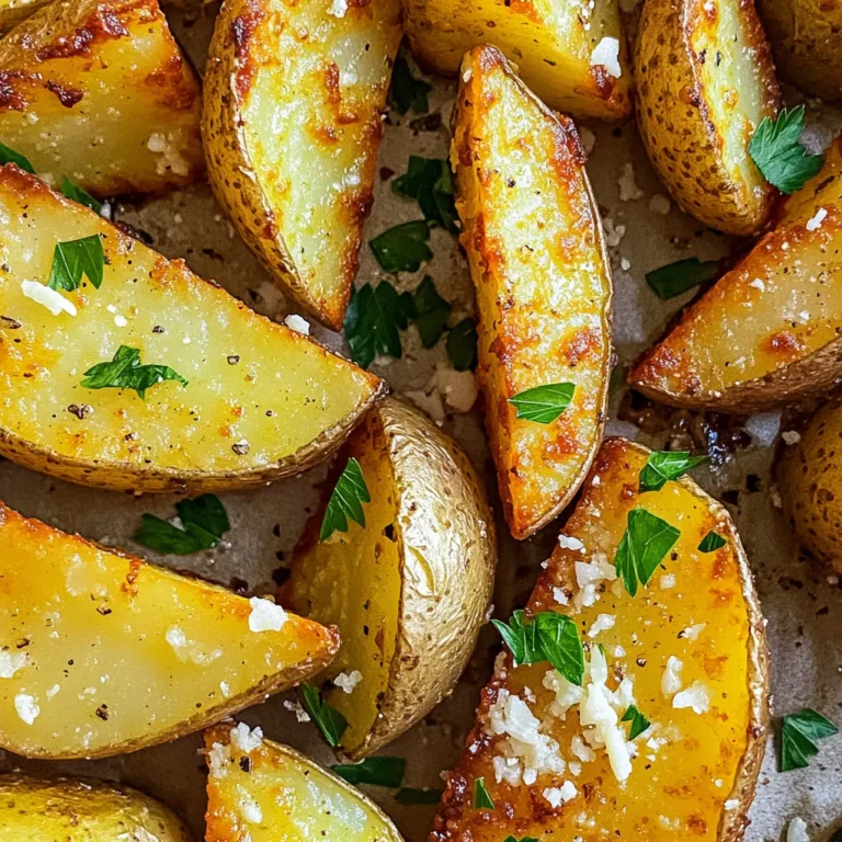 To make these delicious potato wedges, gather the following essential ingredients: - 4 medium russet potatoes - 3 tablespoons olive oil - 4 cloves garlic, minced - 1 teaspoon garlic powder - 1 teaspoon onion powder - 1 teaspoon Italian seasoning - ½ cup freshly grated Parmesan cheese - Salt and pepper to taste These ingredients work together to create a crispy and flavorful snack. The right seasonings make these wedges stand out. I like to use: - Garlic powder for extra garlic flavor. - Onion powder adds depth. - Italian seasoning gives a nice herbal touch. Feel free to adjust the amounts to match your taste. For a fresh finish, consider these optional garnishes: - Fresh parsley, chopped - A sprinkle of extra Parmesan cheese Garnishing adds color and a burst of flavor, making your wedges look and taste amazing. First, wash the potatoes well. Scrub off any dirt. You want clean potatoes for the best taste. Next, cut each potato into wedges. Aim for about eight wedges per potato. Keep the skin on for more crunch and flavor. After cutting, soak the wedges in cold water for about 30 minutes. This step removes extra starch. The soaking makes your wedges crispier when cooked. Once the wedges have soaked, drain them and dry them with paper towels. This helps the seasoning stick better. In a large bowl, mix together the olive oil, minced garlic, garlic powder, onion powder, Italian seasoning, salt, and pepper. This blend packs great flavor. Add the dried potato wedges and toss them well. Make sure every wedge gets a nice coating of that tasty mixture. Now it's time to cook! Preheat your air fryer to 400°F (200°C) for about 5 minutes. Once preheated, place the seasoned potato wedges in the basket. Make sure they sit in a single layer. If you have a small air fryer, you might need to cook in batches. Air fry the wedges for 15 to 20 minutes. Shake the basket halfway through to ensure even cooking. When the wedges turn golden and crispy, sprinkle them with the grated Parmesan cheese. Cook for an extra 2 to 3 minutes. This melts the cheese and gives it a lovely golden color. Finally, remove the wedges from the air fryer. Garnish with freshly chopped parsley for a pop of color. Enjoy your crispy garlic Parmesan potato wedges hot! When cutting potatoes, make sure to start with clean ones. Scrub them well to remove dirt. Use a sharp knife for better control. Cut each potato into eight wedges. Keep the skin on for texture and flavor. This method gives you thick, hearty wedges that stay firm when cooked. To get crispy wedges, soak them first. Place the cut wedges in cold water for 30 minutes. This step removes excess starch, which helps them crisp up. After soaking, dry them well with paper towels. Any moisture left can lead to soggy potatoes. Toss them in olive oil for a nice coating. For great flavor, mix your spices well. Use minced garlic, garlic powder, onion powder, and Italian seasoning. Ensure every wedge gets a good coating. Salt and pepper balance the flavors. Don’t be shy with the Parmesan cheese. Sprinkle it on after frying for a rich, cheesy finish. Mix it into the seasoning for a stronger flavor. {{image_2}} Want a kick in your dish? Try spicy garlic parmesan wedges. Add some heat with red pepper flakes. Mix them with the garlic and spices. This will give your wedges a nice kick. I love to serve these with ranch dressing. The coolness of the ranch balances the heat. For a heartier option, go for cheesy loaded potato wedges. After air frying, top the wedges with melted cheese, crispy bacon bits, and green onions. Cheese adds a wonderful creaminess. Bacon gives a nice crunch and flavor. These loaded wedges are perfect for game day or a movie night. If you prefer fresh flavors, try herb and garlic potato wedges. Use fresh herbs like rosemary or thyme. Chop them finely and mix with the garlic. This will give a bright taste to your wedges. They pair well with a garlic aioli or a fresh dip. To store leftover potato wedges, let them cool completely. Place them in an airtight container. You can keep them in the fridge for up to three days. Be sure to separate layers with parchment paper to avoid sticking. This keeps them fresh and ready for your next snack. When you want to enjoy your leftover wedges, preheat your air fryer to 375°F (190°C). Place the wedges in the basket in a single layer. Heat them for about 5-7 minutes. This will bring back their crunch. Check them halfway through and shake the basket to get even heat. You can freeze the potato wedges if you have extra. First, let them cool completely. Place them in a single layer on a baking sheet. Freeze them for about one hour. Once frozen, transfer them to a freezer bag. They will last for up to three months. When ready to eat, cook them straight from the freezer in the air fryer. Just add a few extra minutes to the cooking time. Yes, you can use other types of potatoes. Yukon Golds work well. They have a creamy texture. Red potatoes are also a good choice. They hold their shape nicely. You might need to adjust cooking times. Just keep an eye on them as they cook. To make these wedges vegan, skip the Parmesan cheese. You can use nutritional yeast instead. It gives a cheesy flavor without dairy. You can also try vegan cheese. Just sprinkle it on before the last few minutes of cooking. This way, you still get that cheesy touch. Many sauces go great with these wedges. Here are some tasty options: - Ketchup - Ranch dressing - Garlic aioli - Sriracha mayo - Barbecue sauce Each sauce adds a different flavor. Try out a few to find your favorite! This blog post covered garlic Parmesan potato wedges, from ingredients to storage. We explored essential spices and delicious garnishes to enhance flavor. I shared step-by-step instructions for easy preparation in an air fryer. You learned tips for cutting, cooking, and achieving crispiness. Variations like spicy and cheesy options add fun twists. Finally, I explained how to store and reheat your wedges. Enjoy experimenting with these recipes and make them your own!