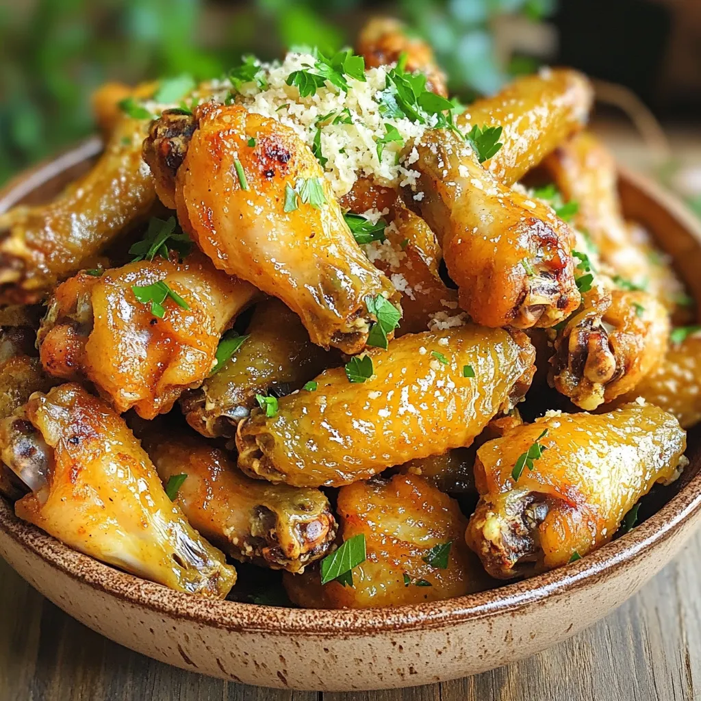 - 2 pounds chicken wings - 2 tablespoons olive oil - 4 cloves garlic, minced - 1 teaspoon garlic powder - 1 teaspoon onion powder - 1 teaspoon smoked paprika - ½ teaspoon black pepper - 1 teaspoon salt - ½ cup grated Parmesan cheese - 2 tablespoons chopped fresh parsley (for garnish) I love using fresh ingredients for this recipe. Start with 2 pounds of chicken wings. They are the star of the show! I like to use bone-in wings for the best flavor. Next, grab 2 tablespoons of olive oil. This helps the seasonings stick and adds flavor. Now, let’s get garlicky! You will need 4 cloves of minced garlic. Fresh garlic gives a nice kick to the wings. We also need some spices. Add 1 teaspoon of garlic powder. It boosts the garlic flavor. Then, mix in 1 teaspoon of onion powder for depth. Want some warmth? Add 1 teaspoon of smoked paprika. It gives a great smoky taste. For seasoning, include ½ teaspoon of black pepper and 1 teaspoon of salt. They balance the flavors. Finally, don’t forget the cheese! Use ½ cup of grated Parmesan cheese. This makes the wings extra tasty. For a fresh touch, use 2 tablespoons of chopped parsley to garnish. It adds color and freshness. Gather these ingredients, and you’re ready to make crispy garlic Parmesan wings that are sure to impress! Start by preheating your air fryer to 400°F (200°C). This takes about 5 minutes. Preheating helps the wings cook evenly and get crispy. In a large bowl, mix 2 pounds of chicken wings with 2 tablespoons of olive oil. Add 4 cloves of minced garlic, 1 teaspoon of garlic powder, 1 teaspoon of onion powder, 1 teaspoon of smoked paprika, ½ teaspoon of black pepper, and 1 teaspoon of salt. Toss everything together well. Make sure every wing is coated with the seasoning. This mix gives the wings great flavor. Place the seasoned wings in the air fryer basket in a single layer. Be careful not to overcrowd them. Depending on your air fryer size, you may need to cook them in batches. Cook the wings for 25-30 minutes. Flip them halfway through for even cooking. You want them golden brown and crispy. Once the wings are done, take them out of the air fryer and put them in a large bowl. While they are still hot, sprinkle ½ cup of grated Parmesan cheese over them. Toss the wings to coat. The heat will melt the cheese just a bit, making a tasty cheesy crust. Finally, add 2 tablespoons of chopped fresh parsley on top for a pop of color. Serve the wings hot and enjoy! To get crispy wings, follow these steps: - Start with dry chicken wings. Pat them with paper towels. - Use olive oil to coat the wings. This helps them crisp up. - Do not overcrowd the air fryer basket. Space allows hot air to flow. - Flip the wings halfway through cooking. This ensures even cooking. - Cook until they are golden brown. Aim for about 25-30 minutes. Avoid these common mistakes for the best results: - Don’t skip the preheating step. It helps wings cook evenly. - Avoid too much oil. A little goes a long way. - Don’t crowd the basket. Wings need space to crisp up. - Forgetting to flip can lead to uneven cooking. Always remember to turn them! Pair your crispy wings with tasty sides: - Serve with celery sticks and ranch dressing. They balance the flavors. - Try a fresh salad to add crunch. A simple green salad works well. - Pair with your favorite dipping sauces. BBQ or honey mustard are great choices. - Consider beer or soda for drinks. They complement the wings perfectly. {{image_2}} You can easily add heat to your wings. To make spicy garlic parmesan wings, use hot sauce. Mix your favorite hot sauce with the olive oil and garlic. Toss the wings in this spicy mix before cooking. Adjust the spice level to your liking. You can also sprinkle crushed red pepper flakes on top after cooking for extra kick. For a fresh twist, try lemon garlic parmesan wings. Add lemon juice and zest to the olive oil mix. This gives the wings a bright flavor. Use about two tablespoons of fresh lemon juice. Toss in some lemon zest for extra zing. The tangy flavor pairs well with the garlic and parmesan. Bring in fresh herbs for an herb-infused variation. Add chopped fresh herbs like rosemary, thyme, or oregano to the olive oil mix. Use about one tablespoon of each herb. This will give your wings a fragrant and earthy taste. Toss the wings well to ensure an even coat. You can choose any mix of herbs you enjoy. After enjoying your crispy garlic Parmesan wings, store any leftovers in an airtight container. This helps keep them fresh. Place the wings in the fridge within two hours of cooking. They will stay good for about three to four days. Make sure they cool down before sealing the container. This avoids extra moisture that can make them soggy. If you want to save wings for later, freezing is a great option. First, let the wings cool completely. Then, arrange them in a single layer on a baking sheet. Freeze them for about an hour until solid. After that, transfer the wings to a freezer-safe bag. Remove as much air as you can before sealing the bag. Frozen wings can last up to three months. To enjoy leftover wings again, reheating is key. The best way is to use your air fryer. Preheat it to 375°F (190°C). Place the wings in a single layer in the basket. Heat for about 8-10 minutes, flipping halfway through. This keeps them crispy. You can also reheat in the oven. Set your oven to 350°F (175°C) and bake for about 15 minutes. Whichever method you choose, enjoy! Cooking wings in an air fryer takes about 25 to 30 minutes. Set the fryer to 400°F (200°C). Flip the wings halfway through. This helps them cook evenly. You will want them crispy and golden brown. Yes, you can use frozen chicken wings. Just add extra cooking time. Cook them for about 35 to 40 minutes. Make sure to check if they are cooked through. Thawing the wings first can also help. Garlic parmesan wings pair well with many sides. You can serve them with celery sticks and ranch dressing. French fries or a fresh salad also make great choices. Consider serving them with a tangy dipping sauce for extra flavor. To know if chicken wings are done, check their internal temperature. It should reach 165°F (75°C). You can use a meat thermometer to check. The wings should also be crispy and golden brown on the outside. You now know how to make delicious garlic Parmesan chicken wings. We covered key ingredients, step-by-step cooking, and helpful tips. You can explore spicy or lemon variations to keep things fresh. Proper storage ensures you enjoy leftovers later. With these methods, you can impress friends and family. Enjoy your crispy wings at your next meal!