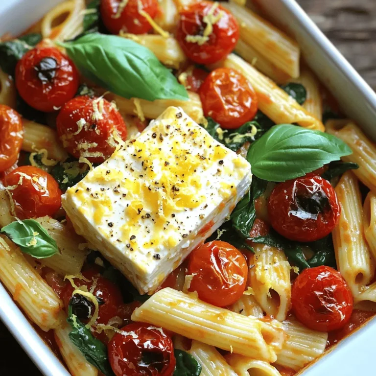 - 200g pasta (penne or fusilli) - 200g feta cheese block - 400g cherry tomatoes (mixed colors preferred) - 4 cloves garlic, minced - 1/4 cup olive oil - 1 teaspoon dried oregano - Salt and pepper to taste - 2 cups fresh spinach - Fresh basil for garnish - Zest of 1 lemon - Selecting ripe tomatoes: Look for firm, shiny tomatoes. They should feel heavy for their size. Check for rich color and slight softness. This means they are ripe and full of flavor. - Choosing the best feta cheese: Go for a block of feta in brine. It stays moist and has a creamier taste. Avoid crumbled feta; it might lack the same rich flavor. - Importance of fresh herbs: Fresh herbs bring brightness to the dish. Always use fresh basil over dried for better flavor. Fresh spinach also adds nutrition and taste, so don’t skip it! To start, preheat your oven to 400°F (200°C). This helps the feta and tomatoes cook evenly. It’s best to set the oven before you prepare the dish. While it heats up, you can focus on the baking dish. Grab a large baking dish. It should have enough room for the feta and tomatoes. This way, everything cooks well together without being too crowded. Now, let’s combine our main ingredients. In your baking dish, add the cherry tomatoes, minced garlic, dried oregano, olive oil, salt, and pepper. Stir these until the tomatoes are well coated. Next, place the block of feta cheese right in the center. Make sure it sits among the seasoned tomatoes. Bake this in the preheated oven for 25-30 minutes. Look for blistered tomatoes and soft, golden feta. While the feta and tomatoes bake, it’s time to cook the pasta. Use penne or fusilli for this dish. Follow the package instructions and cook the pasta until it is al dente. This means it should be firm yet tender. After cooking, drain the pasta well. Set it aside so it is ready for mixing later. When the feta and tomatoes are done, take the baking dish out of the oven. Use a fork to mash the feta into the tomatoes. This creates a creamy sauce that is rich in flavor. Now, add the cooked pasta to the dish along with fresh spinach. Toss everything together until the pasta is well coated in the creamy sauce. For serving, garnish your dish with fresh basil and a sprinkle of lemon zest. This adds a bright flavor that enhances the meal. Enjoy your delightful baked feta tomato pasta! To make this dish truly your own, adjust the flavors to your taste. You can add more garlic for a stronger kick or even a pinch of red pepper flakes for heat. Mixing ratios matter, too. Use enough olive oil to coat the tomatoes, but don’t drown them. Balance is key for a tasty sauce. Timing is very important when making this dish. Sync the baking and cooking times for the best results. Start cooking your pasta just before the feta and tomatoes are done baking. This way, everything is hot and ready at the same time. To avoid overcooking, keep an eye on the feta. It should be soft and slightly golden, not burnt. The right tools make cooking easier. Use a ceramic or glass baking dish to roast the tomatoes and feta evenly. A good quality pot for boiling pasta also helps. Don't forget a sturdy fork to mash the feta into the creamy sauce. These tools will make your cooking experience smooth and fun. {{image_2}} If you need gluten-free options, try using gluten-free pasta. Pasta made from rice or chickpeas works great. These options keep the dish tasty and safe for those with gluten sensitivities. For vegan choices, substitute the feta cheese with a plant-based option. Look for vegan feta made from nuts or tofu. You can also use cashew cream to get that creamy texture without dairy. Want to add more protein? Grilled chicken or sautéed shrimp adds flavor and makes the dish heartier. Simply cook your protein of choice separately and mix it in at the end. You can also boost the veggie content. Try adding bell peppers, zucchini, or mushrooms. These veggies enhance the dish's color and nutrition. Just roast them alongside the tomatoes for an easy addition. To elevate the taste, consider adding spices like red pepper flakes or smoked paprika. A pinch of these spices brings warmth and depth to the dish. Fresh herbs can also change the flavor profile. Besides basil, try using parsley or thyme. These herbs offer fresh notes that brighten each bite. You can even mix them in before serving for added flavor. To keep your baked feta tomato pasta fresh, store it in an airtight container. This helps prevent moisture loss and keeps flavors intact. You can refrigerate it for up to three days. For longer storage, you can freeze this dish. Let it cool completely before placing it in a freezer-safe container. It will stay good for about three months in the freezer. When you're ready to enjoy your leftovers, reheating is key. To maintain the creamy texture, gently reheat in the oven at 350°F (175°C). Cover the dish with foil to avoid drying out. Heat for about 20 minutes or until warmed through. You can also use a microwave. Heat in short bursts, stirring in between, to ensure even warming. Aim for a temperature of 165°F (74°C) before serving. How long can I store baked feta pasta? You can store baked feta pasta in the fridge for about 3-5 days. Just put it in an airtight container to keep it fresh. If you want to eat it later, you can freeze it too. It lasts for about 2-3 months in the freezer. Can I use different types of cheese? Yes, you can swap feta cheese for goat cheese or ricotta. Each cheese will add a different flavor. Just remember, the cooking time may change slightly. Is it possible to make this recipe ahead of time? You can prep the dish ahead. Combine the tomatoes, garlic, and cheese, then cover and chill. When ready to cook, just add the pasta and bake. What pasta is best for this recipe? Penne or fusilli works great. Both shapes hold the sauce well. You can also use gluten-free pasta if needed. How to ensure creamy consistency To get that creamy sauce, mash the feta well with the tomatoes. Make sure to mix in the pasta and spinach thoroughly. This way, every bite is rich and flavorful. Best ways to prevent pasta from sticking Make sure to stir the pasta while it cooks. This helps keep it from clumping together. Also, rinse it with cold water after draining to remove extra starch. In this post, we explored how to make a tasty baked feta pasta. We discussed key ingredients, like pasta choices, feta cheese, and ripe tomatoes. You learned helpful tips for selecting quality items and how to bake perfectly. Timing is key for cooking pasta and avoiding overcooking. Variations allow for dietary needs, and storage tips ensure leftovers stay fresh. Mastering this dish enables you to impress your friends and family with ease and flavor!