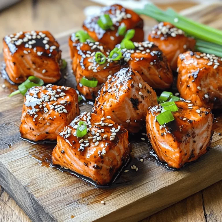 For this tasty dish, you will need: - 1 lb fresh salmon fillet, skinless and cut into bite-sized pieces - 1/4 cup low-sodium soy sauce - 2 tablespoons honey - 1 tablespoon rice vinegar - 2 teaspoons sesame oil - 1 teaspoon grated fresh ginger - 1 garlic clove, minced - 1 tablespoon sesame seeds (optional, for garnish) - 2 green onions, sliced (for garnish) Choosing fresh salmon is key. Look for bright, moist flesh. The fish should have a slight sheen. Avoid any that smells fishy or has brown spots. If possible, buy from a trusted fish market. Ask the seller when it was caught. This ensures you get the best quality for your teriyaki salmon bites. You can swap ingredients if needed. If you don't have low-sodium soy sauce, try tamari for a gluten-free option. Maple syrup can replace honey for a vegan dish. Rice vinegar can be swapped with apple cider vinegar. If fresh ginger isn’t available, ground ginger works in a pinch. Get creative and use what you have! To make the marinade, grab a medium bowl. Whisk together 1/4 cup of low-sodium soy sauce, 2 tablespoons of honey, 1 tablespoon of rice vinegar, 2 teaspoons of sesame oil, 1 teaspoon of grated fresh ginger, and 1 minced garlic clove. Mix it well until all ingredients blend together. This marinade gives the salmon its sweet and savory flavor. Next, take your fresh salmon fillet, cut it into bite-sized pieces. Add the salmon to the bowl with the marinade. Gently toss the salmon pieces until they are fully coated. Cover the bowl with plastic wrap. Let it sit in the fridge for 15 to 20 minutes. This step allows the flavors to soak in. Now, preheat your air fryer to 400°F (200°C). While it heats up, arrange the marinated salmon bites in a single layer in the air fryer basket. Be careful not to overcrowd them. Cook the salmon for 8 to 10 minutes. Flip the bites halfway through for even cooking. Check that they are cooked through and slightly crispy. Cooking time can vary, so keep an eye on them. After cooking, let the salmon rest for a couple of minutes. Drizzle any remaining marinade over the bites and top with sesame seeds and sliced green onions. Enjoy your delicious air fryer teriyaki salmon bites! To get salmon bites just right, pay attention to size. Cut each piece into uniform bites. This helps them cook evenly. Aim for about one-inch pieces. Use a meat thermometer to check doneness. The inside should reach 145°F. If you don’t have one, look for opaque flesh that flakes easily. Avoid overcooking. This keeps the bites moist and tender. Want to take your teriyaki salmon to the next level? Try adding a splash of orange juice to the marinade. It brings a fresh, fruity note. You can also mix in chili flakes for some heat. If you enjoy crunch, toss in chopped bell peppers or snap peas before cooking. These add texture and flavor. Don’t forget, you can adjust the honey for sweetness based on your taste. Make your dish pop with a beautiful presentation. Use a white plate to highlight the vibrant colors of the salmon. Arrange the bites in a circular pattern for an appealing look. Drizzle extra marinade over the top for shine. Add a sprinkle of sesame seeds and green onions for color. Serve with a side of rice or steamed veggies for a complete meal. Enjoy the compliments from your friends and family! {{image_2}} You can switch up the flavor of your Air Fryer Teriyaki Salmon Bites. Try using miso paste instead of soy sauce for a deeper taste. You can add a splash of orange juice for a citrus twist. For a spicy kick, mix in some sriracha or chili flakes. Each option brings a new layer of flavor to this simple dish. While the air fryer is quick, you can also grill or bake the salmon bites. If you grill them, just make sure to use a grill basket to prevent them from falling through. Baking takes about 12-15 minutes at 400°F. Both methods give you a tasty result and keep the salmon moist. Serve your teriyaki salmon bites over a bed of rice or quinoa. Add steamed veggies for a colorful and healthy plate. You can also use them in lettuce wraps for a fun twist. Garnish with sesame seeds and green onions for a pop of color. These bites are great for meal prep or a quick dinner. After enjoying your air fryer teriyaki salmon bites, you may have leftovers. Store them in an airtight container. Keep the salmon bites in the fridge. They will stay fresh for up to three days. Make sure the container is sealed well to avoid any odors. When you’re ready to eat your leftovers, reheating is simple. Preheat your air fryer to 350°F (175°C). Place the salmon bites in the basket. Heat them for about 3-5 minutes. This will help keep them crispy. Check that they’re hot all the way through before serving. If you want to save your salmon bites for a later meal, freezing is a great option. First, let the salmon bites cool completely. Then, place them in a freezer-safe bag. Remove as much air as possible before sealing. You can freeze them for up to three months. When ready to eat, thaw them overnight in the fridge and reheat as described above. It takes about 8-10 minutes to cook salmon bites in an air fryer. Flip them halfway through for even cooking. Make sure to check the salmon for doneness. The fish should be opaque and flake easily with a fork. Yes, you can use frozen salmon. Just thaw it first before marinating. This ensures the flavors soak in well. Frozen salmon may cook a bit longer, so keep an eye on it while it cooks. You can serve teriyaki salmon bites with rice or quinoa. Steamed vegetables like broccoli or snap peas pair well too. A fresh salad with a light dressing is also a nice touch. If you like, add some dipping sauce on the side for extra flavor! In this article, we explored key ingredients and tips for making delicious salmon bites. I shared how to prepare the marinade, marinate your salmon, and use air frying techniques. You learned ways to enhance flavor and serve it well. Remember to store leftovers properly and check reheating tips. These simple steps can make your salmon dishes shine. I hope you enjoy making these tasty bites for family and friends!