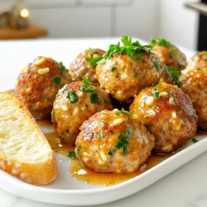 To make garlic butter turkey meatballs, you need: - 1 lb ground turkey - 3 cloves garlic, minced - 1/4 cup breadcrumbs - 1/4 cup grated Parmesan cheese - 1 large egg - 2 tablespoons fresh parsley, chopped - 1 teaspoon onion powder - 1/2 teaspoon salt - 1/4 teaspoon black pepper - 1/4 cup unsalted butter - 2 tablespoons olive oil - Fresh parsley for garnish These ingredients blend together for a rich and tasty dish. Ground turkey is lean and healthy. Garlic adds a strong flavor that everyone loves. The breadcrumbs and egg help hold the meatballs together. You can swap some ingredients if needed: - Use ground chicken instead of turkey for a different taste. - Gluten-free breadcrumbs work well for a gluten-free option. - If you don't have Parmesan, try pecorino or nutritional yeast. - Fresh herbs can replace parsley. Basil or thyme add nice flavors. These swaps keep the recipe flexible and fun. Don't hesitate to get creative! When picking ingredients, freshness matters. Here are some tips: - Look for ground turkey with a bright color and no unpleasant smell. - Choose garlic that feels firm and has no soft spots. - Fresh parsley should be vibrant and green, not wilting. - Check breadcrumbs for a crisp texture, avoiding stale or soft ones. Using fresh ingredients makes your meatballs taste better. Always trust your senses when shopping! First, grab a large mixing bowl. Add 1 pound of ground turkey and 3 cloves of minced garlic. Next, sprinkle in 1/4 cup of breadcrumbs and 1/4 cup of grated Parmesan cheese. Crack in 1 large egg and toss in 2 tablespoons of chopped parsley. Then, add 1 teaspoon of onion powder, 1/2 teaspoon of salt, and 1/4 teaspoon of black pepper. Mix everything by hand. Be gentle; you want it just combined. Overmixing can make the meatballs tough. Now it’s time to shape your meatballs. Use your hands to scoop out the mixture. Make each meatball about 1 to 1.5 inches wide. This size helps them cook evenly. Place all the formed meatballs on a baking sheet. Aim for about 20 meatballs. This gives you enough to share or save for later. Heat a large skillet over medium heat. Add 2 tablespoons of olive oil and let it warm up. Once hot, carefully add the meatballs in batches. Do not overcrowd the pan. Cook them for around 5 to 6 minutes. Turn them occasionally to get that nice brown color on all sides. Once browned, remove them from the skillet and set aside. In the same skillet, lower the heat. Add 1/4 cup of unsalted butter and let it melt. If you like, you can add any leftover minced garlic for extra flavor. Sauté for about a minute until it smells great. Then, return the meatballs to the skillet. Gently toss them in the garlic butter. Cook for 2 to 3 more minutes to heat through and soak up those yummy flavors. Now, your garlic butter turkey meatballs are ready to be served! To keep your turkey meatballs moist, use fresh ground turkey. Avoid lean turkey; it can dry out. Mix the meat gently with your hands. Overmixing makes the meatballs tough. Adding breadcrumbs helps absorb moisture. Don’t skip the egg; it binds the mix well. Cooking meatballs in olive oil adds a nice flavor. Heat the oil before adding the meatballs. This gives them a crispy crust. Make sure not to crowd the pan; this helps them brown evenly. After browning, add butter and garlic for that rich flavor. This step coats the meatballs and adds depth. Presentation makes your meal look special. Place your meatballs on a nice platter. Sprinkle fresh parsley on top for color. Serve with crusty bread to soak up the garlic butter. You can also pair them with pasta or a fresh salad for a full meal. {{image_2}} You can make garlic butter turkey meatballs unique by adding herbs or spices. Fresh herbs, like thyme or rosemary, can add a nice twist. You might try dried oregano for a warm flavor. Just one teaspoon can change the taste. You can also add a pinch of red pepper flakes for heat. This gives a kick without overpowering the dish. Experiment with what you enjoy! Switch up the sauce for more flavor fun. Instead of garlic butter, try a creamy Alfredo sauce. A rich marinara sauce is also a great choice. It pairs well with meatballs and adds tomato goodness. You can even serve the meatballs with sweet and sour sauce for a different vibe. Serve them over rice or pasta for a filling meal. You can swap turkey for ground chicken or beef. Ground chicken keeps the dish light and tasty. It has a similar texture but a different flavor. If you choose beef, aim for lean ground beef for less fat. Both options work well with the garlic butter sauce. Just remember to adjust cooking times as needed. Each meat brings its own taste to the table! You can store leftover meatballs in an airtight container. Make sure they cool first. Place a piece of parchment paper between layers if stacking. This keeps them from sticking. Store them in the fridge for up to three days. If you want them to last longer, freezing is a great option. Meal prep makes cooking easier on busy days. You can make the meatballs in advance. Form them and keep in the fridge for up to two days. If you want to prepare them even earlier, shape the meatballs and freeze them. This way, you can cook them straight from the freezer later. To freeze meatballs, place them on a baking sheet. Make sure they are not touching. Freeze until solid, about one hour. Then, transfer them to a freezer bag. They can last for up to three months. When you are ready to use them, thaw overnight in the fridge. Cook them as usual, and enjoy! To keep turkey meatballs moist, use fresh ground turkey. Add breadcrumbs and egg to help bind. Don't overmix the meat; this can make them tough. Cook on medium heat until browned, but avoid cooking too long. This keeps them juicy and tender. Yes, you can easily make this recipe gluten-free. Just swap regular breadcrumbs for gluten-free ones. Most brands offer good options that will work well. Always check labels to ensure they meet your dietary needs. Garlic butter turkey meatballs last about 3 to 4 days in the fridge. Store them in an airtight container to keep them fresh. If you want to enjoy them later, consider freezing them for up to 3 months. You can serve these meatballs with many sides. Try them with pasta or rice for a filling meal. Crusty bread is great for soaking up the garlic butter. A fresh salad adds a nice crunch, too. This blog post covered how to make tasty garlic butter turkey meatballs. We looked at key ingredients, how to prepare them, and tips for making your meatballs moist and flavorful. You can swap ingredients easily and even try different meats. I shared storage tips to help you keep your leftovers fresh. Remember, using fresh ingredients makes a big difference. With all the techniques shared, your meals will impress everyone. Enjoy cooking and experimenting with this simple recipe!