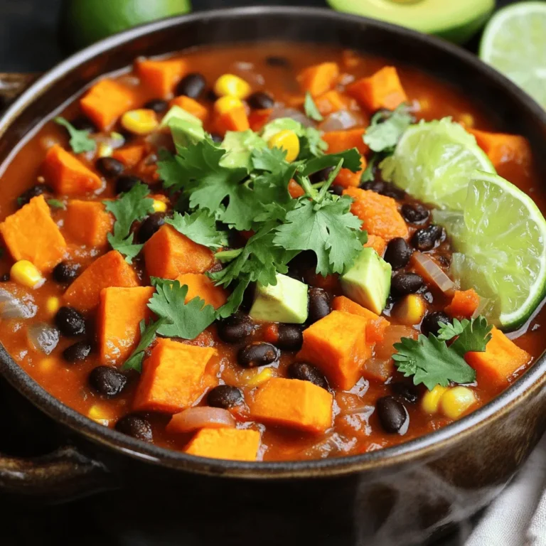 To make a great Sweet Potato Black Bean Chili, gather these key ingredients: - 2 medium sweet potatoes, peeled and diced - 1 can (15 oz) black beans, drained and rinsed - 1 can (15 oz) diced tomatoes - 1 medium onion, chopped - 2 cloves garlic, minced - 1 bell pepper (red or yellow), chopped - 2 cups vegetable broth - 1 tablespoon olive oil - 1 tablespoon chili powder - 1 teaspoon cumin - ½ teaspoon smoked paprika - Salt and pepper to taste - 1 cup corn (fresh or frozen) These ingredients work together to create a rich and hearty dish. Sweet potatoes add sweetness, while black beans provide protein. You can enhance your chili with some tasty garnishes: - Fresh cilantro, for garnish - Avocado slices, for garnish (optional) These toppings add freshness and creaminess. The cilantro brightens the dish, while avocado offers a creamy texture. Each serving of this chili is packed with nutrition. Here is a rough estimate: - Calories: 320 - Protein: 12g - Carbohydrates: 55g - Fiber: 10g - Fat: 7g This chili is healthy and filling. The fiber from beans and sweet potatoes keeps you satisfied. Enjoy this delicious and nutritious meal! To make Sweet Potato Black Bean Chili, gather all your ingredients first. This chili cooks quickly and tastes great. You need to chop, sauté, and simmer. Follow these steps for a rich and warm meal. 1. Heat the pot: Start by heating olive oil in a large pot over medium heat. 2. Sauté veggies: Add the chopped onion and bell pepper. Cook for about 5 minutes until the onion is soft. 3. Add garlic: Stir in minced garlic and cook for one more minute. You want it to smell nice. 4. Mix in main ingredients: Add the diced sweet potatoes, black beans, diced tomatoes, corn, and vegetable broth. 5. Spice it up: Add chili powder, cumin, smoked paprika, salt, and pepper. 6. Bring to a boil: Raise the heat until it boils. Then lower the heat and cover the pot. 7. Simmer: Let it cook for 25-30 minutes. Stir every now and then. 8. Check the chili: If it gets too thick, add more vegetable broth. 9. Rest before serving: Once done, take it off the heat and let it sit for 5 minutes. To check if the sweet potatoes are done, poke them with a fork. If the fork goes in easily, they are ready. If they are still hard, let them cook a bit longer. This ensures a soft and tasty chili. To boost the taste of your sweet potato black bean chili, try these tips: - Use fresh spices. Fresh spices have more flavor than old ones. - Add a splash of lime juice. This adds a bright note to the chili. - Try a pinch of sugar. It can balance acidity from tomatoes. - Stir in some dark chocolate. A small amount can deepen the flavor. - Top with fresh herbs. Cilantro adds freshness and color to each bowl. Here are some common errors when making chili: - Don’t skip the sauté step. Sautéing onion and pepper builds a strong base. - Avoid overcooking your sweet potatoes. They should be tender but not mushy. - Don’t forget to season. Taste and adjust the salt and spices as needed. - Avoid using too much liquid. A thick chili has a heartier texture. - Don’t rush the simmer. Letting it cook longer allows flavors to meld. Follow these best practices for great chili: - Use a heavy pot. A thick pot holds heat and cooks evenly. - Stir regularly. Stirring prevents burning and helps distribute flavors. - Let it rest. Allow the chili to sit before serving; it tastes better. - Serve hot. Chili tastes best when it’s steaming. - Experiment with toppings. Try avocado, cheese, or sour cream for added flavor. {{image_2}} You can boost the protein in your sweet potato black bean chili easily. Try adding cooked chicken, ground turkey, or even tofu. If you want a vegetarian option, chickpeas also work well. Just stir them in during the last ten minutes of cooking. This extra protein makes the dish more filling and satisfying. Feel free to mix up the veggies in this chili. You can use zucchini, carrots, or even spinach. Just chop them into small bits and add them with the sweet potatoes. This keeps the chili fresh and colorful. More veggies also add extra nutrients, making the meal even healthier. If you like heat, add some spice! You can use jalapeños or serrano peppers. Chop them finely and add them with the onions. For a smoky flavor, consider chipotle peppers in adobo sauce. Just a little goes a long way. Adjust the heat to your taste. You want to enjoy the chili, not be overwhelmed by it! After you enjoy your chili, let it cool first. Then, put it in a container with a tight lid. Store it in the fridge for up to four days. This way, you can enjoy it again soon. If you see any mold or strange smells, throw it away. Safety first! To freeze your chili, use a freezer-safe container. Leave some space at the top because it expands when frozen. You can freeze it for up to three months. When you want to eat it, just thaw it in the fridge overnight. This keeps the taste fresh. For reheating, you can use a pot or the microwave. If using a pot, heat it on low. Stir it often to avoid burning. If using a microwave, heat it in short bursts. Check and stir every minute. Add a splash of broth if it seems too thick. Enjoy your warm chili! Yes, you can use a slow cooker. Start by sautéing the onions, garlic, and bell pepper in a pan. Then, add those to the slow cooker with the rest of the ingredients. Cook on low for 6-8 hours or high for 3-4 hours. This method makes the flavors richer and allows for easy meal prep. Absolutely! Sweet Potato Black Bean Chili is great for meal prep. It keeps well in the fridge for about 4-5 days. You can portion it into containers for easy lunches or dinners. Just reheat and enjoy! I love serving this chili with cornbread or tortilla chips. A fresh salad works well too. You can also add some sour cream or guacamole on the side for extra flavor. These sides balance the dish nicely. To spice up your chili, add more chili powder or fresh jalapeños. You could also mix in some hot sauce or cayenne pepper. Start with a little, and taste as you go. Adjust until you hit your desired heat level. Sweet Potato Black Bean Chili is easy to make and full of flavor. We discussed essential ingredients, cooking steps, and helpful tips. You learned how to store leftovers and about fun variations. In my experience, this chili is a tasty meal option for everyone. Don't hesitate to try new flavors. Enjoy making it your own with different toppings or spices. Happy cooking!