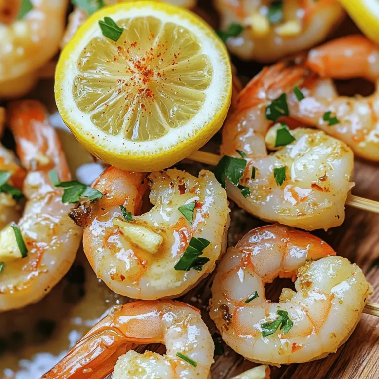 To make Air Fryer Garlic Butter Shrimp Skewers, gather these main ingredients: - 1 pound large shrimp, peeled and deveined - 4 tablespoons unsalted butter, melted - 4 cloves garlic, minced - 1 tablespoon fresh parsley, chopped - 1 teaspoon lemon juice - 1 teaspoon paprika - Salt and pepper to taste - Skewers (soaked in water if using wooden ones) These ingredients work together to create a tasty dish. The shrimp absorb the buttery flavor well. You can add some optional ingredients to boost flavor: - Red pepper flakes for heat - Lemon zest for extra citrus - Other herbs like thyme or cilantro These add-ins can change the taste to match your style. Feel free to mix and match. To make this recipe easier, have these tools ready: - Medium bowl for mixing - Air fryer for cooking - Skewers for threading the shrimp - Basting brush for the garlic butter Using the right tools helps you cook shrimp perfectly. Enjoy the process and get ready for a delicious meal! First, grab a medium bowl. Add 4 tablespoons of melted butter. Then, toss in 4 minced garlic cloves. Next, add 1 tablespoon of chopped fresh parsley and 1 teaspoon of lemon juice. Sprinkle in 1 teaspoon of paprika. Finally, add salt and pepper to taste. Mix well until all ingredients blend together. This garlic butter will give the shrimp a rich flavor. Now, take 1 pound of large shrimp that are peeled and deveined. Add the shrimp to your bowl with the garlic butter mixture. Toss the shrimp gently to coat each piece. Let them marinate for 15 to 20 minutes. This step helps the shrimp soak up all that tasty garlic butter flavor. Preheat your air fryer to 400°F (200°C). While it heats up, take your marinated shrimp and thread them onto skewers. Make sure to leave a little space between each shrimp. This helps them cook evenly. Once your air fryer is hot, place the skewers in the basket in a single layer. Cook for 6 to 8 minutes. Flip the skewers halfway for even cooking. The shrimp should turn pink and be cooked through. When done, remove them from the air fryer. Garnish with more parsley and a squeeze of lemon juice for extra brightness. Enjoy your tasty shrimp skewers! To get the best shrimp, choose large ones. Fresh shrimp tastes great, but frozen works too. Make sure they are peeled and deveined. This saves time and gives a clean bite. Marinate the shrimp for 15-20 minutes to soak up all the flavors. This makes them juicy and tasty. Set your air fryer to 400°F (200°C). This high heat cooks shrimp fast. Place the skewers in a single layer. This helps them cook evenly. Flip them halfway through cooking for even browning. Cook for 6-8 minutes. Check for a pink color. That means they are done! Garnish your shrimp skewers with fresh parsley. A squeeze of lemon juice adds brightness. Serve them with rice or a fresh salad. You can also pair them with a dipping sauce. Enjoy your delicious meal with friends or family! {{image_2}} You can change the taste of your shrimp skewers easily. Try adding some spices like cumin or cayenne pepper for heat. A dash of soy sauce or a splash of sesame oil brings a nice twist. If you love citrus, add lime juice instead of lemon. For herb lovers, try fresh dill or cilantro. Each choice creates a new flavor and keeps things fun. No shrimp? No problem! You can use firm tofu or veggies like bell peppers, zucchini, or mushrooms. These options soak up flavors well. If you want seafood, consider using scallops or chunks of salmon. Both cook nicely and taste great with garlic butter. Make sure to adjust cooking times to suit the ingredient you pick. Pair your shrimp skewers with great sides. A fresh salad with mixed greens and tomatoes works well. Rice or quinoa adds a nice touch, too. For a bit of crunch, serve them with crispy sweet potato fries. You can even add some grilled corn on the cob for a summer vibe. All these sides make your meal more exciting and tasty. To store leftovers, let the shrimp cool first. Place them in an airtight container. You can keep them in the fridge for up to two days. Make sure to layer parchment paper between the skewers to avoid sticking. Reheat shrimp in the air fryer for best results. Set the air fryer to 350°F (175°C). Heat for about 3-4 minutes until warmed through. You can also use a microwave, but the shrimp may lose some crispiness. If you want to freeze shrimp skewers, wrap them well in plastic wrap. Then, place them in a freezer bag. They can last up to three months in the freezer. When ready to eat, thaw in the fridge overnight before reheating. You cook shrimp in an air fryer for 6-8 minutes. At 400°F (200°C), shrimp cook quickly. Flip them halfway for even heat. They turn pink when done. This quick cooking keeps them juicy. Yes, you can use frozen shrimp. Just thaw them first. Run cold water over them for a few minutes. Pat them dry before marinating. This helps the garlic butter stick. Soak wooden skewers in water for at least 30 minutes. This keeps them from burning in the air fryer. Make sure they are fully submerged. You can also add a bit of salt to the water for extra flavor. Shrimp are done when they turn pink and opaque. The flesh should be firm to the touch. If you cut one open, it should not be translucent. This means it is cooked fully and safe to eat. We covered the key ingredients for shrimp skewers, from garlic butter to the best tools. I shared step-by-step instructions to make cooking easy and fun. You now have tips for perfect shrimp, plus ideas for variations and storage. Remember, cooking should bring joy. Using fresh ingredients and following these steps will help you make delicious shrimp every time. Enjoy your tasty creations!