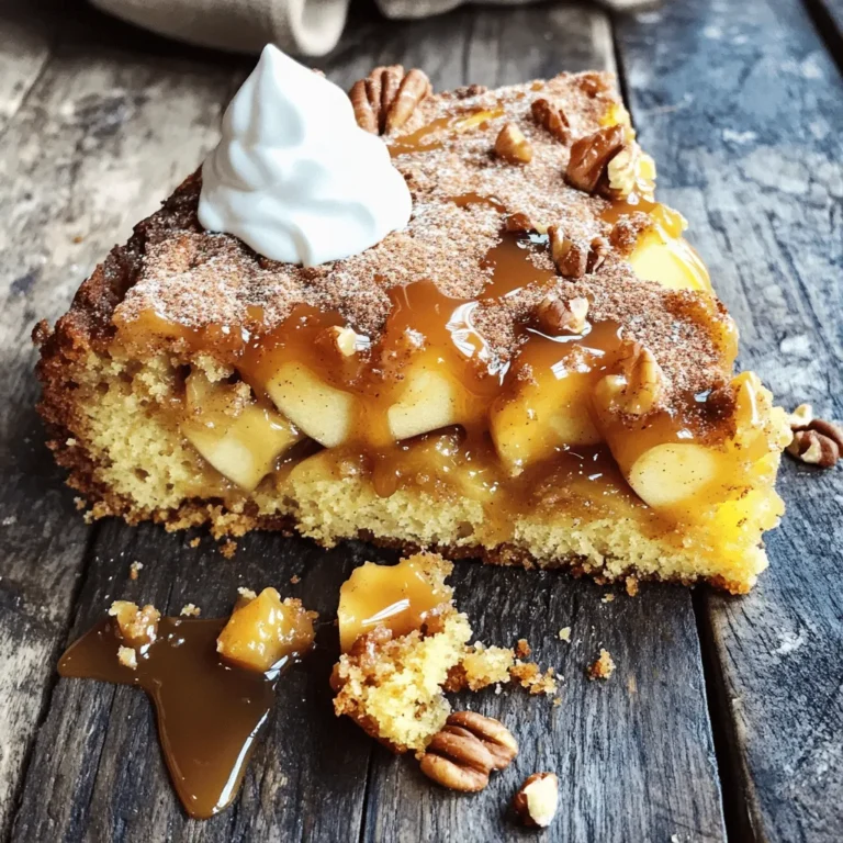 To make this delightful caramel apple coffee cake, you need some simple ingredients. Gather these items for a yummy treat: - 2 medium apples, peeled and diced - 1 cup brown sugar, packed - 1/2 cup granulated sugar - 1/2 cup unsalted butter, softened - 2 large eggs - 1 teaspoon vanilla extract - 2 cups all-purpose flour - 1 teaspoon baking powder - 1/2 teaspoon baking soda - 1/2 teaspoon salt - 1 teaspoon cinnamon - 1/2 cup sour cream - 1/2 cup caramel sauce (store-bought or homemade) - 1/2 cup chopped pecans or walnuts (optional) - Extra cinnamon sugar for topping These ingredients come together to make a moist, sweet cake with apple bits and caramel swirls. The apples add freshness, while the caramel brings a rich flavor. You can use any nuts you like, or skip them if you prefer. Each bite of this cake will make you smile! 1. Preheat your oven to 350°F (175°C). Grease a 9x13 inch baking dish or use parchment paper. 2. In a mixing bowl, cream together the softened butter, brown sugar, and granulated sugar. Mix until light and fluffy. 3. Add eggs, one at a time. Mix well after each addition. Stir in the vanilla extract until combined. 1. In a separate bowl, combine the flour, baking powder, baking soda, salt, and cinnamon. Whisk these dry ingredients together. 1. Gradually add the dry mixture to the wet mixture. Alternate adding them with the sour cream. Mix until just combined. 2. Gently fold in the diced apples and chopped nuts, if using. Make sure they are evenly mixed in the batter. 3. Pour half of the batter into the prepared baking dish. Smooth it out evenly. Drizzle half of the caramel sauce over the batter. 4. Pour the remaining batter on top. Finish by drizzling the rest of the caramel sauce. Use a knife or skewer to swirl the caramel into the batter. 5. Sprinkle a bit of extra cinnamon sugar on top for a sweet crunch. 6. Bake in the preheated oven for 40-45 minutes. Check doneness by inserting a toothpick into the center; it should come out clean. 7. Allow the cake to cool in the pan for about 10 minutes. Carefully transfer it to a wire rack to cool completely. - Always check for doneness using a toothpick. Insert it into the center. If it comes out clean, your cake is ready. This ensures a moist coffee cake. - Cool the cake properly to keep its texture. After baking, let it sit for 10 minutes. Then, move it to a wire rack to cool completely. This helps avoid sogginess. - Drizzle extra caramel sauce on top for a sweet touch. You can also add a scoop of ice cream. This makes each bite even more indulgent. - Pair this coffee cake with hot coffee or spiced cider. These drinks complement the flavors well and enhance the experience. - If you don’t have apples, try pears or peaches. They add a nice fruity flavor too. For nuts, you can use almonds or skip them altogether. - For gluten-free options, substitute regular flour with almond or oat flour. If you need a dairy-free cake, use coconut yogurt instead of sour cream. These swaps keep the cake delicious for everyone. {{image_2}} You can change the flavor of your caramel apple coffee cake easily. Try adding different spices like nutmeg for a warm twist. You can also mix in chocolate chips or raisins for added sweetness. Chocolate chips create a rich flavor, while raisins add chewiness. Both options make the cake even more fun! If you want a vegan version of this coffee cake, replace the eggs and butter. Use flax eggs made from ground flaxseed and water. Swap the butter for coconut oil or a vegan butter alternative. You can also use plant-based sour cream. For keto fans, you can adjust the sugars. Use a sugar substitute like erythritol or stevia. Almond flour can replace the all-purpose flour to keep carbs low. Enhance your coffee cake for fall or the holidays by adding spices like cloves or ginger. You can even use pumpkin puree for a festive flavor. In summer, adapt your recipe with fresh fruits. Try peaches or berries for a bright and juicy twist. Each season brings new flavors to your coffee cake! To store leftovers, let the cake cool completely. Cover it with plastic wrap or foil. You can also place it in an airtight container. Keep it at room temperature for up to three days. This keeps the cake moist and fresh. To freeze the coffee cake, wrap it tightly in plastic wrap. Then, place it in a freezer-safe bag. You can freeze it for up to three months. For the best texture, allow the cake to cool completely before freezing. Thawing tips: - Move the cake to the fridge the night before you want to eat it. - For a quicker thaw, leave it at room temperature for about an hour. This helps it regain its soft texture. To reheat slices, use the oven or microwave. For the oven: - Preheat it to 350°F (175°C). - Place slices on a baking sheet and warm for about 10 minutes. For the microwave: - Heat each slice for 15-20 seconds. - Check to avoid drying it out. These methods keep your caramel apple coffee cake tasty and moist! Can I use different types of apples? Yes, you can use many types of apples. Some great options are Granny Smith, Honeycrisp, or Fuji. Each type adds its unique taste and texture. Granny Smith gives a nice tartness, while Honeycrisp adds sweetness. Feel free to mix apples for more flavor! How do I ensure my coffee cake stays moist? To keep your cake moist, use sour cream in the batter. This ingredient adds extra moisture. Do not overmix the batter; mix just until combined. Also, do not bake too long. Check your cake a few minutes early to avoid dryness. What can I serve with caramel apple coffee cake? Caramel apple coffee cake pairs well with whipped cream or vanilla ice cream. You can also serve it with a cup of coffee or tea. Drizzling extra caramel sauce on top adds a fun touch. What to do if the cake sinks or is undercooked? If your cake sinks, it may be due to overmixing or not enough leavening. Ensure you mix just until combined. If it is undercooked, check your oven temperature. You may need to bake longer, but cover it with foil to prevent burning. How to avoid a soggy bottom in the cake? To prevent a soggy bottom, grease your pan well but do not overdo it. Use parchment paper to help. Make sure to bake the cake until a toothpick comes out clean. Also, cool it on a wire rack to let air circulate. Can I substitute sour cream with yogurt? Yes, you can use yogurt instead of sour cream. Choose plain yogurt for the best results. Greek yogurt works well too, but it may make the cake denser. What is the best type of caramel sauce for this recipe? Use a thick, rich caramel sauce for the best flavor. Store-bought sauces work great, but homemade adds a special touch. Choose one that is not too runny, as it can make the cake soggy. This blog post shared a simple recipe for caramel apple coffee cake. You learned about the key ingredients, step-by-step instructions, and helpful tips. Variations, storage info, and FAQs help you feel ready to bake. Remember, this cake is great for many occasions. You can always adjust ingredients or flavors to match your taste. Enjoy the process and the delicious results! Happy baking!