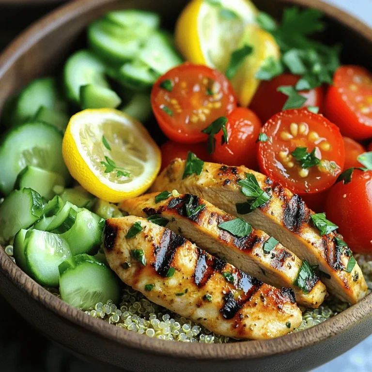 Chicken and Marinade Components - 4 boneless, skinless chicken breasts - 1/4 cup olive oil - 3 tablespoons lemon juice (freshly squeezed) - Zest of 1 lemon - 3 cloves garlic, minced - 1 tablespoon honey - 2 teaspoons dried oregano - 1 teaspoon dried thyme - Salt and pepper to taste These ingredients create a bright and zesty flavor in the chicken. The olive oil adds richness, while the lemon juice and zest provide a fresh tang. Honey balances the acidity and keeps the chicken moist. Garlic, oregano, and thyme give depth to the marinade. Quinoa and Vegetable Toppings - 2 cups cooked quinoa - 1 cup cherry tomatoes, halved - 1 cucumber, diced - 1 avocado, sliced Quinoa serves as a hearty base. It adds protein and fiber, making the meal filling. Cherry tomatoes bring sweetness and color, while cucumber adds crunch. Avocado gives a creamy texture that complements the grilled chicken perfectly. Garnishing Ingredients - Fresh parsley or cilantro for garnish Using fresh herbs uplifts the dish. They add a pop of color and a burst of flavor. Choose your favorite herb to make it your own. This combination of ingredients makes Lemon Herb Grilled Chicken Bowls a delightful meal. The flavors work together to create a satisfying and healthy dish. To start, grab a large bowl. You will whisk together the olive oil, lemon juice, lemon zest, minced garlic, honey, oregano, thyme, salt, and pepper. This mix becomes your flavor-packed marinade. Next, add the chicken breasts to the bowl. Make sure each piece is coated well. Cover the bowl and place it in the fridge for at least 30 minutes. If you have time, let it marinate for up to 2 hours. This extra time helps the flavors soak in. While the chicken marinates, prepare your grill. Preheat it to medium-high heat. This way, you get nice grill marks and a juicy chicken. Now it’s time to grill the chicken. Remove it from the marinade and toss the leftover marinade. Place the chicken on the grill. Cook each side for about 5-7 minutes. You want the chicken’s internal temperature to reach 165°F (75°C). To check for doneness, use a meat thermometer. If you don’t have one, cut into the thickest part of the chicken. It should be white and juicy inside, not pink. After grilling, let the chicken rest for 5 minutes. This helps keep it juicy. Slice the chicken into strips. Now, let’s build your bowl! Start with a base of cooked quinoa. Top it with the grilled chicken strips. Add cherry tomatoes, diced cucumber, and avocado slices. For a pop of color and flavor, garnish with fresh parsley or cilantro. You can also drizzle some extra olive oil or a squeeze of lemon over the top for added zest. Serve it all in vibrant bowls for a fun meal presentation. - Best Practices for Flavor Infusion: To get the best taste, mix the marinade well. Use a large bowl to whisk the olive oil, lemon juice, zest, garlic, honey, oregano, thyme, salt, and pepper. Make sure the chicken breasts are fully covered. This helps the flavors soak in deeply. - Recommended Marination Time: I suggest marinating the chicken for at least 30 minutes. For a stronger taste, you can marinate for up to 2 hours. Just keep it in the fridge during this time. - Avoiding Dry Chicken: To keep the chicken juicy, don’t overcook it. Grill on medium-high heat. Cook for about 5-7 minutes on each side. Use a meat thermometer to check for doneness. The chicken should reach 165°F (75°C). - Tools for a Perfect Grill: Use a good grill or grill pan. Tongs help flip the chicken easily. A meat thermometer is key for checking the right temperature. - Additional Pairings: Consider adding a simple salad or roasted veggies on the side. This adds color and nutrition to your meal. You can also include a light dressing to enhance flavors. - Making it a Complete Meal: Serve the chicken over quinoa and add the cherry tomatoes, cucumber, and avocado. This gives you a balanced meal full of protein, healthy fats, and carbs. Garnish with fresh parsley or cilantro for a nice touch. {{image_2}} Alternative Proteins You can swap chicken for other proteins. Try turkey, shrimp, or tofu. Each offers a unique taste. Turkey gives a lean option. Shrimp adds a seafood twist. Tofu is great for a plant-based meal. Just adjust the cooking time as needed. Gluten-Free Options Quinoa is naturally gluten-free, making this dish safe for gluten-free eaters. If you want more grains, use rice or millet. Both are gluten-free and cook well. Check labels on sauces and marinades to ensure they are gluten-free. Adding Heat with Spices Want some spice? Add red pepper flakes or cayenne pepper to your marinade. A pinch gives a nice kick. You can also use fresh jalapeños for a fresh heat. Mix in as much as you like to fit your taste. Fresh Herbs and Seasoning Ideas Fresh herbs can lift your dish. Try basil or dill for a twist. You can also mix thyme with rosemary for a robust flavor. These herbs add freshness and bright tastes to your bowl. Summer Vegetable Options In summer, fresh veggies shine. Add grilled zucchini or corn for a sweet crunch. Bell peppers also work well. They add color and flavor. Use what is in season for the best taste. Fall Enhancements In the fall, consider roasted butternut squash or Brussels sprouts. Their sweetness pairs well with the lemon herb chicken. You can also toss in some kale or spinach for extra greens. These toppings bring warmth and heartiness to your meal. How to Store Leftovers Store your Lemon Herb Grilled Chicken Bowls in airtight containers. This keeps them fresh and tasty. Make sure to let the bowls cool to room temperature before sealing. If you have extra chicken, store it separately from the veggies and quinoa. This helps maintain the best flavor and texture. Shelf Life of Ingredients When stored correctly, your grilled chicken will last up to four days in the fridge. The cooked quinoa can hold up for about five days. Fresh veggies like tomatoes and cucumbers should be consumed within three days for the best taste. Freezing Cooked Chicken If you want to save your grilled chicken for later, wrap it tightly in plastic wrap. Then place it in a freezer bag. This helps prevent freezer burn. You can freeze it for up to three months. When you’re ready, thaw it in the fridge overnight. Freezing Quinoa and Vegetables You can also freeze cooked quinoa. Just cool it first, then pack it in freezer bags. It’s best to use it within three months. For veggies, you can freeze diced cucumbers, but they may lose some crunch. Tomatoes and avocado don’t freeze well. Best Methods for Reheating To reheat your chicken, use the oven or stovetop. The oven works well at 350°F (175°C) for around 10-15 minutes. If you use the stovetop, heat it in a pan with a splash of olive oil. For quinoa, microwave it with a little water to keep it moist. Maintaining Flavor and Texture To keep your chicken juicy and flavorful, don’t overcook it again. Reheating gently helps maintain the texture. Adding a bit of fresh lemon juice or olive oil can boost the flavor too. Enjoy your delicious leftovers! You can use other grains or low-carb options in your bowls. - Brown rice - Farro - Barley - Couscous These grains add different textures and flavors. Each one cooks a bit differently, so check the package for timing. If you want to keep carbs low, try cauliflower rice or zucchini noodles. Both have a light taste and work well with the chicken and veggies. Marinating chicken makes it juicy and flavorful. I suggest marinating for at least 30 minutes. For even better taste, go for 2 hours. This time allows the flavors to soak in. If you marinate for too long, the chicken can become mushy. I recommend sticking to a maximum of 2 hours for best results. Yes! You can prep this meal in advance for easy meals later. Cook the chicken and quinoa ahead. Store them in airtight containers. Chop the veggies and keep them fresh in the fridge. You can enjoy this dish warm or cold. Warm it up in the microwave or eat it straight from the fridge. Both ways are tasty! You now have all the tools to make a tasty chicken bowl. We covered the key ingredients, how to prepare and grill the chicken, and how to build a beautiful bowl. Remember the tips for flavor and techniques to keep your chicken juicy. You can try fun variations or store leftovers with ease. Whether for a meal prep or a quick dinner, this recipe fits. Dive in and enjoy making your own delicious chicken bowl!