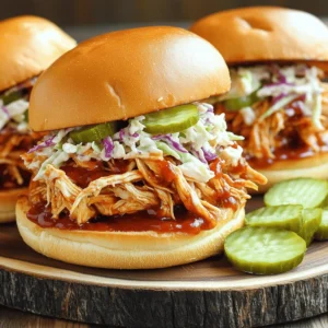 To make these tasty sandwiches, here are the main ingredients you will need: - 2 pounds boneless, skinless chicken breasts - 1 cup barbecue sauce (use your favorite brand) - 1/2 cup chicken broth - 1 tablespoon apple cider vinegar - 1 teaspoon garlic powder - 1 teaspoon onion powder - 1 teaspoon smoked paprika - 1 teaspoon ground cumin - Salt and pepper to taste - 4 hamburger buns These ingredients come together to create a juicy and flavorful pulled chicken. The chicken cooks low and slow, soaking up the rich barbecue sauce. While the pulled chicken is delicious on its own, adding toppings can elevate your sandwich. Here are some great options: - Coleslaw (adds crunch and creaminess) - Pickles (for a tangy bite) Feel free to mix and match these toppings to suit your taste. Choosing the right barbecue sauce can enhance your pulled chicken. Here are a few brands I love: - Sweet Baby Ray's (sweet and smoky) - Stubb's (bold and spicy) - Annie's (organic and tangy) These sauces each bring their own unique flavor to the dish, so pick one that you enjoy! Start with two pounds of boneless, skinless chicken breasts. Place the chicken directly into the slow cooker. This meat is tender and easy to shred. Make sure the chicken is in a single layer for even cooking. In a bowl, mix together the barbecue sauce, chicken broth, and apple cider vinegar. Add one teaspoon each of garlic powder, onion powder, smoked paprika, and ground cumin. Season with salt and pepper to taste. Stir well until combined. This sauce adds great flavor to the chicken. Cover the slow cooker with the lid. Set it to low for six to eight hours or high for four hours. The chicken is ready when it is tender. Use two forks to shred the chicken in the slow cooker. Mix the shredded chicken with the remaining sauce for an extra 15 minutes on low. Toast four hamburger buns until they are golden brown. Place a generous amount of pulled chicken on the bottom half of each bun. If you like, add coleslaw and pickles on top. Finally, place the top half of the bun on the sandwich. Enjoy your savory creation! To get perfectly shredded chicken, cook it low and slow. Set your slow cooker to low for 6-8 hours. This makes the chicken tender. Use two forks to shred it easily. Mix it back into the sauce. This adds flavor and keeps it juicy. Toasting the buns can boost the taste. Heat a skillet over medium heat. Add a little butter to the skillet. Place the buns cut side down. Toast them until they are golden brown. This adds a nice crunch. You can also use a toaster if that’s easier. Feel free to adjust the seasonings to match your taste. You can add more garlic powder for a stronger flavor. Want it spicy? Add a dash of cayenne pepper. For a smokier taste, increase the smoked paprika. Always taste the sauce before serving. This way, you ensure it’s just right for you. {{image_2}} You can switch up the meat in this recipe. Instead of chicken, try pork. Pork shoulder works great, too. Just cook it the same way. Shred it after cooking and mix it with the sauce. Beef can also be a tasty option. Use brisket for a rich flavor. Each meat brings its own twist to the dish. For a plant-based choice, use jackfruit. This fruit has a texture like pulled meat. Drain and rinse canned jackfruit. Cook it in the same sauce. It will soak up the flavor well. You can also use tofu or tempeh. Marinate them in the barbecue sauce first. This makes a great vegan pulled 'chicken' sandwich. You can enhance the flavor with extra ingredients. Add chopped onions or bell peppers to the slow cooker. This adds a nice crunch and taste. Try different barbecue sauces, too. A spicy sauce can kick it up a notch. For a smoky flavor, add liquid smoke or smoked spices. Experiment with your favorite flavors to create a unique dish. To store leftover pulled chicken, let it cool first. Place it in an airtight container. Make sure to cover it well. This keeps it fresh and tasty. You can store it in the fridge for up to four days. If you have more than you can eat, freezing is a great option. For long-term storage, use freezer-safe bags or containers. Divide the pulled chicken into meal-sized portions. Squeeze out extra air from bags before sealing. Label the bags with the date. You can freeze it for up to three months. When you’re ready to eat, just thaw it in the fridge overnight. To reheat, you can use the microwave or stovetop. If using a microwave, heat on low power. Stir the chicken every minute for even warmth. For stovetop reheating, add a splash of chicken broth. This keeps it moist. Heat over low until warm. Enjoy your delicious pulled chicken sandwiches again! Yes, you can use frozen chicken breasts. However, I recommend thawing them first. Cooking from frozen can lead to uneven cooking and longer times. If you must use frozen chicken, cook on high for at least 6 hours. Always check that the chicken reaches 165°F for safety. You can keep leftovers in the fridge for about 3 to 4 days. Make sure to store them in an airtight container. This keeps the chicken moist and flavorful. If you want to keep it longer, consider freezing it. Pulled chicken sandwiches go well with many sides. Here are a few ideas: - Coleslaw - Potato salad - Corn on the cob - Baked beans - Sweet potato fries These sides add crunch and flavor to your meal, making it even more enjoyable. Yes, you can make this recipe without a slow cooker. You can use a stovetop or an oven. For stovetop, cook on low heat for about 30-40 minutes. For the oven, bake at 350°F for 25-30 minutes. Just ensure the chicken is tender enough to shred. In this post, we covered how to make slow cooker BBQ pulled chicken sandwiches. We discussed the main ingredients, optional toppings, and choice sauces. I shared step-by-step instructions for cooking and shredding chicken. You learned tips for great texture and flavor. We explored variations with different meats and vegan options. Finally, we detailed storage tips for leftovers. Now, you're ready to make your own delicious sandwiches. Enjoy every bite!