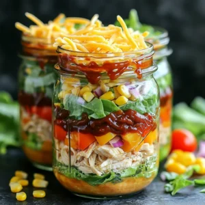 To make these tasty BBQ Ranch Chicken Salad Jars, gather these key ingredients: - 2 cups cooked and shredded chicken breast - 1 cup BBQ sauce (preferably a smoky variety) - 1 cup ranch dressing - 2 cups romaine lettuce, chopped - 1 cup cherry tomatoes, halved - 1 cup corn kernels (canned or frozen) - 1 bell pepper (any color), diced - 1/2 cup red onion, finely chopped - 1 cup shredded cheese (cheddar or Mexican blend) - 1/2 cup crispy tortilla strips - Salt and pepper to taste Each ingredient adds unique flavor and texture. The shredded chicken provides protein, while the smoky BBQ sauce adds a rich taste. The ranch dressing brings creaminess, and fresh veggies offer crunch. You can customize your salad jars with these optional ingredients: - Avocado slices for creaminess - Black beans for extra fiber - Jalapeños for a spicy kick - Fresh herbs like cilantro for added freshness Mix and match these extras to suit your taste. This way, you can create a salad that feels just right for you. Each serving of BBQ Ranch Chicken Salad Jars provides: - Calories: 450 - Protein: 30g - Carbohydrates: 32g - Fat: 25g - Fiber: 4g This meal is filling and balanced. It packs protein and healthy fats, making it a great choice for lunch or dinner. Start by taking your cooked chicken breast. You want about 2 cups. Shred it with two forks or your hands. Place the shredded chicken in a medium bowl. Add half of the BBQ sauce to the chicken. Mix it well until the chicken is coated. For the dressing, grab another bowl. Combine the ranch dressing with the rest of the BBQ sauce. Stir until combined. This mix adds great flavor to your salad. Now, let’s layer the salad jars. First, pick out your glass jars or containers. Begin with the chopped romaine lettuce. Use about 2 cups and pack it down a bit. This creates a nice base. Next, add the BBQ chicken evenly on top of the lettuce. Now, it’s time for the colorful veggies. Add one cup of diced bell pepper, one cup of corn, and one cup of halved cherry tomatoes. Divide these evenly among the jars. Sprinkle in the finely chopped red onion, too. Now, let’s add some cheese. Use about one cup of shredded cheese. Cheddar or a Mexican blend works best. Sprinkle this layer on top of the veggies. The cheese holds in moisture and adds flavor. To finish, drizzle your ranch-BBQ dressing over the cheese. This adds a tasty kick. Finally, add a handful of crispy tortilla strips on top. They give a nice crunch. Seal the jars tightly. Store them in the fridge until you're ready to eat. When it’s time to enjoy, just shake the jar. This mixes all the fresh flavors together. Enjoy your BBQ Ranch Chicken Salad Jars! To keep your BBQ Ranch Chicken Salad Jars fresh, follow a few easy steps. First, use airtight jars or containers. This keeps air out and helps preserve the ingredients. Next, layer wisely. Start with the heavy items, like chicken and corn, at the bottom. This prevents sogginess in the lettuce. Also, keep the ranch-BBQ sauce separate if you can. Mix it just before eating for the best flavor. If you need to prep ahead, store the jars in the fridge and eat within three days for peak freshness. Meal prepping is simple and fun with these salad jars. Begin by cooking and shredding your chicken. Mix it with BBQ sauce in a bowl. This adds flavor and keeps the chicken moist. Next, chop your veggies. Prepare your lettuce, bell pepper, and onion in advance for quick assembly. You can even prep the sauce and keep it in a small container. When ready to eat, just layer everything in the jars. This saves time and effort on busy days. For a beautiful presentation, try these tips. Use clear glass jars to show off the colorful layers. You can also garnish with fresh herbs like cilantro or parsley. This adds a pop of color and flavor. Serve with extra BBQ sauce on the side. This allows everyone to customize their meal. If you want to impress guests, use wide-mouth jars for easy eating. Shaking the jar before eating blends all the flavors nicely. Enjoy your fresh and tasty meal! {{image_2}} You can easily turn this BBQ Ranch Chicken Salad into a vegetarian delight. Replace the chicken with grilled or roasted veggies. Try zucchini, mushrooms, or eggplant for great flavor. You can also use chickpeas for added protein. They have a nice texture and soak up the flavors well. If you're not in the mood for chicken, you have options! You can use cooked turkey, pulled pork, or even shrimp. Each protein brings its own taste and pairs well with BBQ sauce. For a fun twist, try tofu marinated in BBQ sauce. It adds a tasty, smoky flavor. Feel free to mix up your dressings! Instead of ranch, try blue cheese or a tangy vinaigrette. You could even use a spicy chipotle sauce for a kick. The key is to find a sauce that matches your taste. Experimenting with flavors can make each jar unique and exciting. To keep your BBQ Ranch Chicken Salad Jars fresh, use clean glass jars. Mason jars work great. Layer the ingredients carefully. Start with heavier ones like chicken and veggies at the bottom. Finish with lighter items like cheese and tortilla strips on top. This method helps keep the salad crisp. Seal the jars tightly after filling them to avoid spills and air. Store them upright in the fridge to prevent any mixing. These salad jars stay fresh for about 3 to 4 days in the fridge. The key is to keep them sealed and cold. Check for any signs of spoilage before eating. If the lettuce looks wilting or the tomatoes are mushy, it’s best to toss the jar. Enjoy the salad within this time frame for the best flavor and texture. These salads are best served cold, so no need to heat them up. When you're ready to eat, shake the jar to mix the layers together. You can also pour the salad into a bowl for easy eating. If you want, add extra BBQ sauce or fresh cilantro on top for more flavor. Enjoy your tasty, fresh meal anytime! Yes, you can. These salad jars are great for meal prep. Make them a day or two in advance. Just layer the ingredients carefully. Keep the dressing separate until you are ready to eat. This keeps the lettuce fresh and crisp. You can get creative with toppings! Here are some of my favorites: - Avocado slices for creaminess. - Fresh herbs like cilantro or parsley for flavor. - Extra crispy tortilla strips for crunch. - Sliced jalapeños for a spicy kick. - A sprinkle of lime juice for brightness. These toppings add texture and taste to your salad jar. You can store these salad jars in the fridge for up to four days. Make sure the lids are tight. This keeps the ingredients fresh. If you notice any change in smell or texture, it's best to throw it out. Enjoy your tasty and fresh meal! You can now make delicious BBQ Ranch Chicken Salad Jars with ease. We covered the main ingredients, easy steps, and tips for meal prep. You can customize it with options for vegetarians or alternative dressings. Remember to store the jars correctly to keep them fresh. These salads are simple and fun. Enjoy making them and sharing with friends. With the right recipe, meal prep can be both quick and tasty. Try it out, and make your next meal exciting!