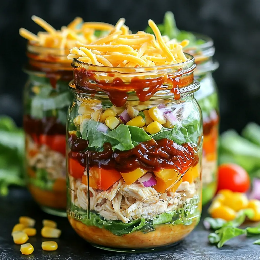 To make these tasty BBQ Ranch Chicken Salad Jars, gather these key ingredients: - 2 cups cooked and shredded chicken breast - 1 cup BBQ sauce (preferably a smoky variety) - 1 cup ranch dressing - 2 cups romaine lettuce, chopped - 1 cup cherry tomatoes, halved - 1 cup corn kernels (canned or frozen) - 1 bell pepper (any color), diced - 1/2 cup red onion, finely chopped - 1 cup shredded cheese (cheddar or Mexican blend) - 1/2 cup crispy tortilla strips - Salt and pepper to taste Each ingredient adds unique flavor and texture. The shredded chicken provides protein, while the smoky BBQ sauce adds a rich taste. The ranch dressing brings creaminess, and fresh veggies offer crunch. You can customize your salad jars with these optional ingredients: - Avocado slices for creaminess - Black beans for extra fiber - Jalapeños for a spicy kick - Fresh herbs like cilantro for added freshness Mix and match these extras to suit your taste. This way, you can create a salad that feels just right for you. Each serving of BBQ Ranch Chicken Salad Jars provides: - Calories: 450 - Protein: 30g - Carbohydrates: 32g - Fat: 25g - Fiber: 4g This meal is filling and balanced. It packs protein and healthy fats, making it a great choice for lunch or dinner. Start by taking your cooked chicken breast. You want about 2 cups. Shred it with two forks or your hands. Place the shredded chicken in a medium bowl. Add half of the BBQ sauce to the chicken. Mix it well until the chicken is coated. For the dressing, grab another bowl. Combine the ranch dressing with the rest of the BBQ sauce. Stir until combined. This mix adds great flavor to your salad. Now, let’s layer the salad jars. First, pick out your glass jars or containers. Begin with the chopped romaine lettuce. Use about 2 cups and pack it down a bit. This creates a nice base. Next, add the BBQ chicken evenly on top of the lettuce. Now, it’s time for the colorful veggies. Add one cup of diced bell pepper, one cup of corn, and one cup of halved cherry tomatoes. Divide these evenly among the jars. Sprinkle in the finely chopped red onion, too. Now, let’s add some cheese. Use about one cup of shredded cheese. Cheddar or a Mexican blend works best. Sprinkle this layer on top of the veggies. The cheese holds in moisture and adds flavor. To finish, drizzle your ranch-BBQ dressing over the cheese. This adds a tasty kick. Finally, add a handful of crispy tortilla strips on top. They give a nice crunch. Seal the jars tightly. Store them in the fridge until you're ready to eat. When it’s time to enjoy, just shake the jar. This mixes all the fresh flavors together. Enjoy your BBQ Ranch Chicken Salad Jars! To keep your BBQ Ranch Chicken Salad Jars fresh, follow a few easy steps. First, use airtight jars or containers. This keeps air out and helps preserve the ingredients. Next, layer wisely. Start with the heavy items, like chicken and corn, at the bottom. This prevents sogginess in the lettuce. Also, keep the ranch-BBQ sauce separate if you can. Mix it just before eating for the best flavor. If you need to prep ahead, store the jars in the fridge and eat within three days for peak freshness. Meal prepping is simple and fun with these salad jars. Begin by cooking and shredding your chicken. Mix it with BBQ sauce in a bowl. This adds flavor and keeps the chicken moist. Next, chop your veggies. Prepare your lettuce, bell pepper, and onion in advance for quick assembly. You can even prep the sauce and keep it in a small container. When ready to eat, just layer everything in the jars. This saves time and effort on busy days. For a beautiful presentation, try these tips. Use clear glass jars to show off the colorful layers. You can also garnish with fresh herbs like cilantro or parsley. This adds a pop of color and flavor. Serve with extra BBQ sauce on the side. This allows everyone to customize their meal. If you want to impress guests, use wide-mouth jars for easy eating. Shaking the jar before eating blends all the flavors nicely. Enjoy your fresh and tasty meal! {{image_2}} You can easily turn this BBQ Ranch Chicken Salad into a vegetarian delight. Replace the chicken with grilled or roasted veggies. Try zucchini, mushrooms, or eggplant for great flavor. You can also use chickpeas for added protein. They have a nice texture and soak up the flavors well. If you're not in the mood for chicken, you have options! You can use cooked turkey, pulled pork, or even shrimp. Each protein brings its own taste and pairs well with BBQ sauce. For a fun twist, try tofu marinated in BBQ sauce. It adds a tasty, smoky flavor. Feel free to mix up your dressings! Instead of ranch, try blue cheese or a tangy vinaigrette. You could even use a spicy chipotle sauce for a kick. The key is to find a sauce that matches your taste. Experimenting with flavors can make each jar unique and exciting. To keep your BBQ Ranch Chicken Salad Jars fresh, use clean glass jars. Mason jars work great. Layer the ingredients carefully. Start with heavier ones like chicken and veggies at the bottom. Finish with lighter items like cheese and tortilla strips on top. This method helps keep the salad crisp. Seal the jars tightly after filling them to avoid spills and air. Store them upright in the fridge to prevent any mixing. These salad jars stay fresh for about 3 to 4 days in the fridge. The key is to keep them sealed and cold. Check for any signs of spoilage before eating. If the lettuce looks wilting or the tomatoes are mushy, it’s best to toss the jar. Enjoy the salad within this time frame for the best flavor and texture. These salads are best served cold, so no need to heat them up. When you're ready to eat, shake the jar to mix the layers together. You can also pour the salad into a bowl for easy eating. If you want, add extra BBQ sauce or fresh cilantro on top for more flavor. Enjoy your tasty, fresh meal anytime! Yes, you can. These salad jars are great for meal prep. Make them a day or two in advance. Just layer the ingredients carefully. Keep the dressing separate until you are ready to eat. This keeps the lettuce fresh and crisp. You can get creative with toppings! Here are some of my favorites: - Avocado slices for creaminess. - Fresh herbs like cilantro or parsley for flavor. - Extra crispy tortilla strips for crunch. - Sliced jalapeños for a spicy kick. - A sprinkle of lime juice for brightness. These toppings add texture and taste to your salad jar. You can store these salad jars in the fridge for up to four days. Make sure the lids are tight. This keeps the ingredients fresh. If you notice any change in smell or texture, it's best to throw it out. Enjoy your tasty and fresh meal! You can now make delicious BBQ Ranch Chicken Salad Jars with ease. We covered the main ingredients, easy steps, and tips for meal prep. You can customize it with options for vegetarians or alternative dressings. Remember to store the jars correctly to keep them fresh. These salads are simple and fun. Enjoy making them and sharing with friends. With the right recipe, meal prep can be both quick and tasty. Try it out, and make your next meal exciting!