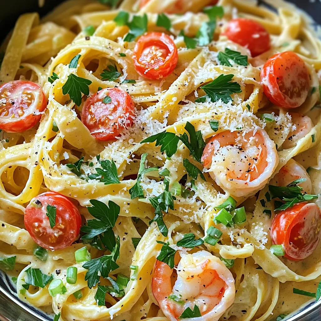 - 8 oz fettuccine pasta - 1 lb shrimp, peeled and deveined - 2 tablespoons olive oil - 1 tablespoon Cajun seasoning - 3 cloves garlic, minced - 1 cup heavy cream - 1 cup chicken broth - 1/2 cup grated Parmesan cheese - 1/2 cup cherry tomatoes, halved - 1/4 cup sliced green onions - Salt and pepper to taste - Fresh parsley for garnish - Lemon juice for brightness - Red pepper flakes for extra heat - Spinach for added nutrition - Bell peppers for sweetness - Large pot for boiling pasta - Skillet for sautéing shrimp and making sauce - Measuring cups and spoons for accuracy - Colander for draining pasta - Tongs for tossing pasta and shrimp - Sharp knife for chopping vegetables First, bring a large pot of salted water to a boil. This step is key for flavor. Add 8 oz of fettuccine pasta and cook it until it is al dente. This usually takes about 8 to 10 minutes. Drain the pasta and set it aside. Remember to save 1/2 cup of the pasta water for later. This water helps in mixing. Next, we prepare the shrimp. Take 1 pound of shrimp, peeled and deveined. In a bowl, toss the shrimp with 1 tablespoon of Cajun seasoning. Make sure every shrimp gets coated well. Heat 2 tablespoons of olive oil in a large skillet over medium heat. Once hot, add the shrimp. Cook for 2 to 3 minutes on each side until they turn pink. After that, remove the shrimp from the skillet and set them aside. In the same skillet, add 3 minced garlic cloves. Sauté the garlic for about 30 seconds. You want it to smell great but not burn. Pour in 1 cup of chicken broth and bring it to a simmer. Once it simmers, reduce the heat and add 1 cup of heavy cream. Stir this mixture until it is well combined. Now comes the fun part! Stir in 1/2 cup of grated Parmesan cheese and 1/2 cup of halved cherry tomatoes. Cook for an extra 2 to 3 minutes until the tomatoes soften. If your sauce seems too thick, add some of that reserved pasta water slowly until it reaches your desired consistency. Return the cooked shrimp to the skillet and add the drained fettuccine. Toss everything together so the pasta is coated in the creamy sauce. Season with salt and pepper to taste. Remove the skillet from heat. For a beautiful finish, sprinkle sliced green onions and fresh parsley on top. Serve the dish hot in a large pasta bowl. You might also want to add extra Parmesan or a few cherry tomato halves on top for a pop of color. Enjoy your creamy Cajun shrimp pasta! To get shrimp just right, start with fresh or thawed shrimp. Cook them quickly in hot oil. Aim for 2-3 minutes on each side. They should turn pink. Overcooking makes them tough. If they curl up tightly, they are done. Remember, shrimp cook fast, so keep an eye on them! If you like more heat, add extra Cajun seasoning. You can also use a pinch of cayenne pepper. To tone it down, reduce the seasoning. Adding more cream can help cool it down, too. For milder flavors, try using half the amount of Cajun seasoning. Everyone's taste is different, so adjust to what you like best. This dish pairs great with a simple salad. A fresh green salad with a light vinaigrette works well. Garlic bread or crusty baguette adds a nice touch, too. For drinks, a chilled white wine like Sauvignon Blanc complements the spices. Lemonade or iced tea also makes a refreshing choice. Enjoy your meal with good company! {{image_2}} You can swap shrimp for chicken. Use about 1 pound of boneless chicken breast. Cut the chicken into bite-sized pieces. Season the chicken with Cajun seasoning just like the shrimp. Cook the chicken in olive oil until it’s golden and cooked through. Follow the same steps to make the creamy sauce and mix everything together. This gives you a delicious Cajun chicken pasta. To make a veggie version, skip the shrimp and chicken. Use 1 cup of your favorite vegetables like bell peppers, zucchini, and mushrooms. Sauté the vegetables in olive oil till tender. Add the garlic, broth, and heavy cream as usual. You can also add cooked chickpeas for protein. This option is healthy and full of flavor. For seafood lovers, try a mix of seafood. Use 1 pound of shrimp and add 1 cup of scallops or mussels. Season them with Cajun spice, then cook as per the shrimp steps. You’ll get a rich and diverse taste with this option. The mix of seafood makes the dish exciting and full of different textures. Store leftover creamy Cajun shrimp pasta in an airtight container. Make sure it cools down first. Keep it in the fridge for up to three days. If you want to keep it longer, consider freezing it. When you’re ready to eat, reheat the pasta in a skillet. Add a splash of chicken broth or cream to keep it creamy. Heat it over medium heat, stirring gently. You can also use a microwave. Just cover it to keep moisture in. Heat for 1-2 minutes, checking often. To freeze, let the pasta cool completely. Portion it into freezer-safe bags or containers. Remove as much air as possible to prevent freezer burn. Label the bags with the date. You can freeze it for up to three months. To serve, thaw overnight in the fridge and reheat as mentioned. You can use half-and-half or whole milk for a lighter option. If you want a dairy-free choice, try coconut cream or cashew cream. These alternatives will still give you a nice, creamy texture. To reduce the spice, use less Cajun seasoning. You can also add more cream or milk to tone down the heat. Another option is to include more cherry tomatoes. They add sweetness that helps balance the spice. Yes, you can use any pasta you like! Penne, rigatoni, or even spaghetti work well. Just be sure to adjust the cooking time based on the pasta you choose. You can prepare the shrimp and sauce ahead of time. Store them in the fridge until you're ready to cook the pasta. When you are ready, heat everything up and combine. If you don't have Parmesan, you can use Pecorino Romano or Grana Padano. Nutritional yeast is a great vegan option that adds a cheesy flavor. You can also omit cheese if you prefer a lighter dish. This blog post walked you through making a delicious pasta dish. We covered key ingredients, tools, and step-by-step instructions. I shared tips to ensure perfect shrimp and spice adjustments. Plus, I explored tasty variations and gave storage tips for leftovers. I hope you feel ready to try this dish yourself. Cooking can be fun, and with these ideas, you’ll impress everyone at the table. Dive in and enjoy the flavors!