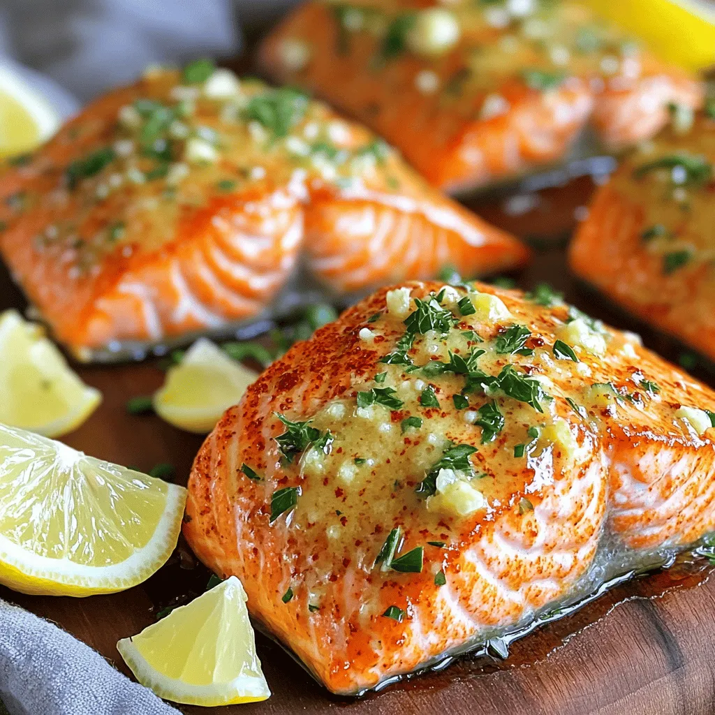 - 4 salmon fillets - 4 tablespoons unsalted butter, melted - 4 cloves garlic, minced - 1 tablespoon lemon juice - 1 teaspoon dried parsley - 1 teaspoon paprika - Salt and pepper to taste - Lemon wedges (for serving) - Fresh parsley (for garnish) Gathering these ingredients is key to making this dish shine. First, you need fresh salmon fillets. I always choose the best quality I can find. Then, grab some unsalted butter. It brings a rich flavor that pairs well with garlic. Next, you’ll want garlic. Fresh garlic gives the best taste. Mince it finely for a nice spread on the salmon. Lemon juice adds a bright kick. A tablespoon is enough to balance the flavors. Dried parsley adds a touch of color and earthy taste. Paprika brings warmth and a hint of smokiness. Don’t forget to season with salt and pepper. This enhances all the flavors in the dish. Finally, plan to serve with lemon wedges and fresh parsley. These simple garnishes make your plate look and taste even better. Enjoy the fresh flavors and beautiful presentation! - In a small bowl, combine the garlic butter ingredients. Use 4 tablespoons of melted butter, 4 minced garlic cloves, 1 tablespoon of lemon juice, 1 teaspoon of dried parsley, and 1 teaspoon of paprika. Add salt and pepper to taste. Mix well until all the ingredients blend nicely. - Pat the salmon fillets dry with paper towels. This step is key. Dry salmon helps create a crispy outside when cooking. - Preheat your air fryer to 380°F (190°C) for about 5 minutes. This ensures even cooking and a nice texture. - Arrange the salmon fillets in the air fryer basket, skin-side down. Make sure they fit in a single layer. Overcrowding can lead to uneven cooking, so give each fillet some space. - Cook the salmon for 8 to 10 minutes. Check that the internal temperature reaches 145°F (63°C). The salmon should flake easily when you poke it with a fork. - In the last 2 minutes of cooking, brush the remaining garlic butter mixture onto each salmon fillet. This adds extra flavor and makes the dish shine. - Once done, remove the salmon from the air fryer and let it rest for a minute. This helps keep it juicy. Serve with lemon wedges and garnish with fresh parsley for a bright touch. Enjoy your garlic butter salmon! To get a crispy outside on your salmon, start by drying it well. Use paper towels to pat the salmon fillets dry. This step removes excess moisture that can prevent crispiness. Next, set your air fryer to 380°F (190°C). This high heat helps create that perfect crust while cooking the fish evenly. Want to up the flavor? Consider adding spices like cayenne pepper for some heat or dill for a fresh taste. You can also adjust the garlic butter mix. If you love garlic, add an extra clove. For a tangy twist, a splash of lime juice works great too. Pair your garlic butter salmon with a side of steamed veggies or a light salad. Both options balance the rich flavors of the dish. For garnishing, fresh parsley adds a pop of color. You can also serve with lemon wedges for a fresh squeeze of citrus right before eating. Enjoy! {{image_2}} You can switch up the flavor of your salmon with different herbs and spices. Here are some ideas: - Thyme: This herb adds a nice earthy taste. - Rosemary: Use it for a strong, woodsy flavor. - Cumin: This spice gives a warm, earthy touch. If you want a citrus twist, try these: - Lime juice: It offers a fresh and zesty kick. - Orange zest: This adds a sweet, fruity aroma. While salmon is great, you can also use other fish. Here are some good options: - Trout: It has a similar taste and cooks well. - Mahi-mahi: This fish is firm and holds flavor nicely. When using different proteins, adjust cooking time. For example, thinner fish may need less time. Always check for doneness to ensure safe eating. You can cook salmon in various ways. Here’s how the air fryer stacks up against the oven: - Air fryer: It cooks faster and gives a crispy skin. - Oven: It’s great for larger batches but takes longer. If you prefer grilling, here are some tips: - Preheat the grill to medium heat. - Use a grill mat to prevent sticking. - Cook until the fish easily flakes apart. To keep your garlic butter salmon fresh, store it in an airtight container. You want to make sure it is sealed well to prevent any odors from your fridge affecting it. Leftover salmon will stay fresh for up to three days. If you want to enjoy it longer, consider freezing it. To freeze salmon properly, wrap each fillet tightly in plastic wrap. Then, place them in a freezer bag or a container. Be sure to remove as much air as possible to avoid freezer burn. You can freeze the salmon for up to three months. When you're ready to eat, thaw it in the fridge overnight. For reheating, place it in the air fryer at 350°F for about 5-7 minutes until heated through. Incorporating this salmon into your meal prep is easy. Cook a batch at the start of the week. You can use it in salads, wraps, or grain bowls. For easy storage, divide the salmon into individual servings. Place each serving in a container with your choice of sides for a quick meal. This way, you have healthy options ready to go! It takes about 8 to 10 minutes to cook salmon in an air fryer. The salmon should reach an internal temperature of 145°F (63°C). Cooking time can vary based on the thickness of the fillets. Thicker pieces may need a little more time. Always check for doneness by testing if the fillets flake easily with a fork. Yes, you can use frozen salmon! Just keep in mind that you will need to adjust the cooking time. Frozen fillets may take about 2 to 4 extra minutes to cook through. Be sure to check the internal temperature to ensure it reaches 145°F (63°C). If you need a garlic substitute, try using shallots or garlic powder. You can also use onion powder for a different taste. Adjust the amount based on your preference. These alternatives will still bring great flavor to your salmon. In this post, we covered all you need to cook delicious salmon in an air fryer. You learned about key ingredients, step-by-step instructions, and helpful tips for flavor. We explored variations, storage options, and answered common questions about the recipe. Salmon is easy to make and very tasty. With this guide, you can impress anyone at your table. Try it out and enjoy your meal!