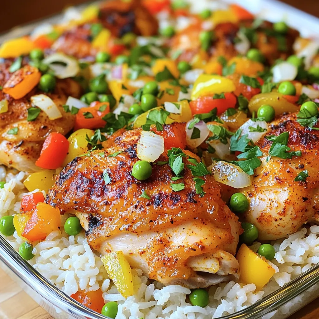 - 4 boneless, skinless chicken thighs - 1 cup jasmine rice - 2 cups chicken broth - 1 bell pepper (red or green), diced - 1 medium onion, diced - 3 cloves garlic, minced - 1 tablespoon Cajun seasoning - 1 teaspoon smoked paprika - 1 teaspoon dried thyme - Salt and pepper to taste - 2 tablespoons olive oil - 1 cup frozen peas - Fresh parsley, chopped (for garnish) I love using these ingredients for my Cajun Chicken & Rice Sheet Pan. First, the chicken thighs are juicy and packed with flavor. They soak up all the spices well. Jasmine rice is my choice because it cooks fluffy and fragrant. The chicken broth adds depth to the rice, making it tasty. Next, the veggies bring color and crunch. Bell peppers and onions add sweetness, while garlic gives a nice kick. Cajun seasoning is key to that bold flavor. Smoked paprika and thyme enhance the dish even more. I always keep salt and pepper handy to adjust the taste. Don't forget the olive oil! It helps the chicken brown and keeps the veggies from drying out. Frozen peas add a pop of green and sweetness at the end. Finally, fresh parsley is perfect for a bright finish. It makes the dish look and taste fresh. - Preheating the oven: Start by setting your oven to 400°F (200°C). This step ensures your chicken cooks evenly. - Seasoning the chicken: In a large bowl, mix your chicken thighs with Cajun seasoning, smoked paprika, and dried thyme. Add salt and pepper to taste. Drizzle with one tablespoon of olive oil and mix well. Make sure every piece is coated with the spices. - Spreading the rice: Take a large sheet pan and spread one cup of jasmine rice evenly across the bottom. This will serve as a bed for the chicken and veggies. - Arranging chicken and vegetables: Place the seasoned chicken thighs on top of the rice. Scatter diced bell pepper, onion, and minced garlic around the chicken. This adds flavor and color to the dish. - Adding chicken broth: Pour two cups of chicken broth over the rice. This liquid helps the rice cook and adds rich flavor to the dish. - Covering the sheet pan with foil: Use aluminum foil to cover the sheet pan tightly. This keeps steam in, which helps cook the chicken and rice. - Timing and checking doneness: Bake in the oven for 30 minutes. After that, carefully remove the foil. Stir in one cup of frozen peas and return it to the oven uncovered for an additional 15-20 minutes. Check if the chicken is cooked through and the rice is tender. - Fluffing the rice before serving: Once cooked, take the pan out of the oven and let it rest for five minutes. Use a fork to fluff the rice, mixing in the peas and veggies for a colorful and tasty dish. - Choose four boneless, skinless chicken thighs. They stay juicy and cook well. - Marinate the chicken for at least 30 minutes. This time helps the flavors mix. - I recommend brands like Tony Chachere’s or Zatarain’s for Cajun seasoning. They add great taste. - You can add garlic powder or onion powder for extra depth. A little goes a long way. - Covering the pan with foil keeps moisture in. This makes the rice fluffy and the chicken tender. - Let the dish rest for five minutes after cooking. This step allows the flavors to settle. {{image_2}} You can easily switch the chicken for other meats. Try pork or shrimp for a twist. If you prefer plant-based meals, tofu or tempeh works well. Just season them like you would the chicken. For a lighter option, fish like salmon or tilapia can also shine in this dish. While jasmine rice is tasty, you can use other kinds. Brown rice gives a nutty flavor and is healthier. You may also try wild rice for a unique texture. For a grain-free meal, use quinoa instead. Cauliflower rice is a great low-carb choice and absorbs flavors well. Seasonal vegetables can add freshness to your dish. Think about adding zucchini, squash, or asparagus. They cook well and provide color. If you have leftovers, toss them in! This recipe is perfect for using up extra veggies you have in your fridge. Just chop and mix them in with the rice and chicken. To keep your Cajun chicken and rice fresh, place it in a cool spot. Use airtight containers to seal in flavor. Glass or plastic containers with tight lids work best. Make sure to cool the dish to room temperature before storing. This helps avoid condensation, which can make your food soggy. You can easily reheat the chicken and rice. Use the microwave for quick results. Place the meal in a microwave-safe dish and cover it. Heat for one to two minutes, checking to see if it is hot. You can also reheat it on the stove. Add a splash of chicken broth to keep it moist. Stir often to ensure even heating. If you want to save some for later, freezing is a great choice. Let the dish cool completely before you freeze it. Portion it into small containers or freezer bags. This makes it easy to reheat later. When ready to eat, thaw it overnight in the fridge. For a quicker option, you can use the microwave on defrost mode. Yes, you can use brown rice. However, you need to adjust the cooking time and liquid. Brown rice takes longer to cook than jasmine rice. Use about 2 ½ cups of chicken broth for 1 cup of brown rice. Bake the dish for 50 to 60 minutes instead of 30. Check the rice for doneness before serving. Leftovers will last about 3 to 4 days in the fridge. Store them in an airtight container. Always check for any off smells or signs of spoilage before eating. Reheat thoroughly to ensure safety. Yes! You can prep this dish a day ahead. Season the chicken and combine it with the rice and broth. Cover and store it in the fridge until you’re ready to cook. This saves time and makes dinner a breeze! Just remember to bake it the next day. This blog post covered making a delicious sheet pan chicken and rice dish. You learned about the key ingredients, step-by-step instructions, and tips for the best results. Variations let you adapt the recipe to your tastes. Plus, the storage and reheating section ensures you make the most of your leftovers. This dish is not just easy; it caters to various diets and preferences. Now, you can create a tasty meal that satisfies everyone. Explore this recipe and enjoy every bite!