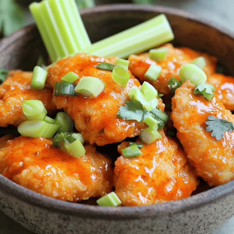- 1 lb chicken tenderloins - 1 cup buttermilk - 1 cup all-purpose flour The main ingredients for Air Fryer Buffalo Chicken Tenders are simple yet effective. Chicken tenderloins offer a juicy and tender base. Buttermilk adds flavor and helps the coating stick. All-purpose flour creates that perfect crispy crust. - 1 teaspoon garlic powder - 1 teaspoon onion powder - 1 teaspoon smoked paprika - 1/2 teaspoon salt - 1/2 teaspoon black pepper Seasonings bring your chicken to life. Garlic powder gives a robust flavor. Onion powder adds sweetness, and smoked paprika lends a smoky touch. Salt and black pepper balance the overall taste perfectly. - 1/2 cup buffalo hot sauce - 2 tablespoons unsalted butter, melted - Optional: chopped green onions and celery sticks for garnish The buffalo sauce is key for that signature kick. You combine buffalo hot sauce with melted butter to create a rich, spicy blend. Green onions and celery are great for garnish, adding freshness and crunch. To start, you need to marinate the chicken tenders. First, in a large bowl, combine 1 cup of buttermilk with a pinch of salt and pepper. This mix will make the chicken tender and flavorful. Next, add the chicken tenderloins to the buttermilk. Cover the bowl and refrigerate for at least 30 minutes. If you have time, let it sit for up to 2 hours. This wait helps the chicken absorb all the great flavors. While the chicken marinates, let's prepare the breading. In a shallow dish, mix together 1 cup of all-purpose flour, 1 teaspoon of garlic powder, 1 teaspoon of onion powder, 1 teaspoon of smoked paprika, 1/2 teaspoon of salt, and 1/2 teaspoon of black pepper. This mix adds a nice flavor. Make sure to mix well. An even coating on the chicken is key. It helps the tenders cook evenly and get that perfect crunch. Next, preheat your air fryer to 400°F (200°C) for about 5 minutes. This step is important for crispy chicken. After preheating, remove the chicken from the buttermilk. Let the excess buttermilk drip off. Dredge each tender in the flour mixture. Make sure to coat all sides evenly. Now, place the coated chicken tenders in the air fryer basket in a single layer. You may need to cook in batches. Lightly spray the chicken with cooking oil to help it crisp up. Cook the chicken tenders for 10-12 minutes. Flip them halfway through for even cooking. They should be golden brown and cooked through, reaching an internal temperature of 165°F (75°C). To get those crispy tenders, I always use cooking oil spray. A light mist helps the breading crisp up. It makes a big difference! Also, cook in batches. If you crowd the basket, the tenders won’t fry well. Give each piece space to breathe. Marinate the chicken for at least 30 minutes. This time helps the meat soak up flavor. You can even go up to 2 hours for extra taste. Try adding spices to the buttermilk for more flavor. A splash of hot sauce or a squeeze of lemon juice can work wonders too. Always check the internal temperature. It should be 165°F (75°C) to ensure safety. Look for a golden brown color on the outside. The tenders should feel firm, not soft. That’s how you know they’re cooked perfectly! {{image_2}} To make your chicken tenders spicier, you can add extra hot sauce. Just mix more buffalo sauce with the melted butter. Taste it to see if it fits your spice level. You can also try different spice blends. A dash of cayenne pepper or chili powder can add a nice heat. If you love heat, this is a fun way to customize your dish. If you want a healthier meal, consider substituting almond flour for all-purpose flour. Almond flour gives a nice crunch and adds healthy fats. You can also use low-fat buttermilk. This swap keeps the dish creamy without the extra calories. Both changes keep the flavors but cut down on the calories. Pair your buffalo chicken tenders with tasty dips. Ranch dressing or blue cheese dressing makes a perfect match. You can also try celery sticks as a crunchy side. For a complete meal, serve these tenders with a side salad or sweet potato fries. These simple additions make your dish even better. To store leftovers, let the chicken tenders cool. Place them in an airtight container. This keeps them fresh for your next meal. You can also wrap them tightly in plastic wrap. Use a shallow dish for best results. Recommended storage containers include glass or BPA-free plastic. They seal well and help avoid odors. Label the container with the date. This way, you track how long they have been stored. You can freeze cooked tenders for a quick meal later. Let them cool completely before freezing. Place them in a freezer-safe bag or container. Remove as much air as possible to prevent freezer burn. For reheating, use the air fryer for best texture. Set it to 350°F (175°C) for about 8-10 minutes. This keeps them crispy. You can also use the oven, but check often to avoid drying them out. In the fridge, cooked tenders last about 3-4 days. If frozen, they can last up to 3 months. Always check for signs of spoilage. Look for an off smell, slimy texture, or discoloration. If you see any of these, it’s best to toss them out. Yes, you can use frozen chicken tenderloins. Just remember to thaw them first. To thaw, place the frozen chicken in the fridge overnight. If you're short on time, you can use the cold water method. Simply seal the chicken in a bag and submerge it in cold water for about an hour. Once thawed, marinate them like fresh ones. This helps keep them juicy. You can serve these tenders with many tasty sides. Here are some ideas: - Celery sticks: Crisp and fresh, they cool the spice. - Carrot sticks: Sweet and crunchy, they add a nice contrast. - French fries: Classic and loved by all, they pair well with the tenders. - Blue cheese dressing: Creamy and tangy, it complements the heat. - Ranch dressing: A favorite choice for dipping. Feel free to mix and match these sides for a full meal. To reduce the heat, use less buffalo sauce. You can also mix the buffalo sauce with some melted butter. This makes a milder sauce while keeping the flavor. Another option is to add honey or brown sugar to sweeten the sauce. This balances the heat and adds a nice touch. Adjust the heat to fit your taste! This blog covered how to make tasty Air Fryer Buffalo Chicken Tenders. We discussed the key ingredients like chicken, buttermilk, and spices. I provided step-by-step instructions for marinating, breading, and cooking. You learned tips for crispy tenders and variations to suit your taste. Lastly, I shared storage info to keep leftovers fresh. Enjoy making these tenders as a fun meal or snack. With practice, you'll perfect your method and impress everyone.