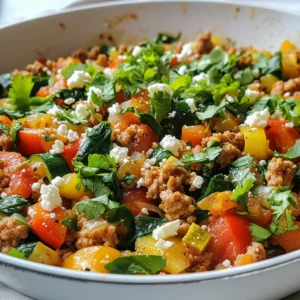 - 1 pound ground turkey - 1 tablespoon olive oil - 1 medium onion, diced - 2 cloves garlic, minced - 1 bell pepper (red or green), diced - 1 zucchini, diced - 1 can (14.5 ounces) diced tomatoes, drained - 1 teaspoon Italian seasoning - 1 teaspoon smoked paprika - Salt and pepper to taste - 1 cup spinach, chopped - 1/4 cup feta cheese, crumbled (optional) - Fresh parsley, chopped (for garnish) To make a savory ground turkey skillet, you need fresh ingredients. Start with one pound of ground turkey. It has a mild flavor that goes well with spices. Use a tablespoon of olive oil to cook the turkey and veggies. Olive oil adds richness to the dish. Next, you need a medium onion and two cloves of garlic, both diced and minced. These ingredients bring out the best flavors. Add one bell pepper, either red or green, diced for a pop of color and crunch. A zucchini, diced, adds texture and nutrients. For some juicy goodness, use a can of diced tomatoes, drained. Spice it up with one teaspoon of Italian seasoning and one teaspoon of smoked paprika. Salt and pepper will enhance all the flavors. You can also add one cup of chopped spinach. It wilts quickly and adds a great green color. If you like cheese, sprinkle some crumbled feta on top. This is optional but adds a nice tang. Lastly, garnish with fresh parsley for a touch of brightness. With these ingredients, you create a delightful one-pan meal. Each bite is packed with flavor and nutrition. {{ingredient_image_1}} 1. Heat oil and sauté aromatics Start by heating 1 tablespoon of olive oil in a large skillet over medium heat. Once the oil warms, add 1 medium diced onion and 2 cloves of minced garlic. Sauté these for about 2-3 minutes. You want them to smell good and turn soft. 2. Cooking ground turkey Next, raise the heat to medium-high. Add 1 pound of ground turkey to the skillet. Use a spatula to break it apart as it cooks. Keep stirring until the turkey is browned and fully cooked, which takes about 5-7 minutes. 3. Adding vegetables and simmering Now it's time for the veggies! Stir in 1 diced bell pepper and 1 diced zucchini. Cook these for another 3-4 minutes. The veggies should feel tender. Then, add 1 can of drained diced tomatoes, 1 teaspoon of Italian seasoning, 1 teaspoon of smoked paprika, and salt and pepper to taste. Mix it all well. Let this cook for about 5 minutes on low heat. This helps all the flavors blend together. 4. Finishing touches Finally, fold in 1 cup of chopped spinach. Cook it just until it wilts, which is about 1-2 minutes. If you like, sprinkle 1/4 cup of crumbled feta cheese on top before serving. For a bright finish, garnish with some chopped fresh parsley. Serve this dish hot right from the skillet. Enjoy it with crusty bread or over rice for a hearty meal! - Best practices for seasoning: Always season your turkey early. Use salt and pepper right after adding the turkey to the skillet. This helps the meat absorb the flavors well. Italian seasoning and smoked paprika add depth. Adjust these to your taste. - Achieving perfect texture for turkey: Cook the turkey on medium-high heat. This will help it brown nicely. Break it up as it cooks. This makes sure every piece gets flavor and cooks evenly. - Tips for vegetable doneness: Add the bell pepper and zucchini after the turkey is cooked. Cook them until soft but still bright. This keeps their color and nutrients intact. Keep an eye on them; they should be tender but not mushy. - Ideas for side dishes and garnishes: Crusty bread is great for soaking up juices. Serve it with rice for a filling meal. You can also pair it with a fresh salad for a light touch. Sprinkle crumbled feta on top for a creamy finish. - Plating tips for an appealing presentation: Serve the dish straight from the pan for a rustic look. If you prefer, plate individual servings. Add extra feta and fresh parsley for color. This makes the dish look inviting and tasty. Pro Tips Use Lean Turkey: Opt for lean ground turkey (93% or 99% lean) for a healthier dish that still retains flavor without excess fat. Customize Your Veggies: Feel free to swap in your favorite vegetables like carrots or broccoli based on what's in season or what you have on hand. Add More Spice: If you like heat, consider adding a pinch of red pepper flakes or diced jalapeños for extra flavor. Meal Prep Friendly: This dish is great for meal prep! Store leftovers in airtight containers for quick lunches throughout the week. {{image_2}} You can swap ground turkey with other meats. Try ground chicken or lean beef. For a plant-based meal, use lentils or tofu. Both options offer great taste and protein. You can change the veggies too. Use broccoli, carrots, or sweet potatoes instead of zucchini. Each one brings a different flavor and texture. If you have dietary needs, swap feta cheese for a dairy-free option. Nutritional yeast can give a cheesy flavor without dairy. To boost flavor, add spices like cumin or chili powder. A pinch of red pepper flakes will add heat. You can also mix in fresh herbs like basil or cilantro for a fresh taste. For cooking methods, this dish shines in a skillet. But you can also bake it in the oven. Just transfer the mixture to a baking dish and cover it with foil. Bake at 375°F for about 20 minutes. This method keeps everything moist and flavorful. These variations allow you to make the dish your own. Mix and match to create your perfect savory ground turkey skillet. To keep your savory ground turkey skillet fresh, follow these tips: - Refrigeration: Place leftovers in an airtight container. This keeps moisture in and air out. Your dish will stay good for 3-4 days in the fridge. - Freezing: If you want to freeze it, let it cool first. Then, transfer it to a freezer-safe container. Label it with the date. It can last up to 3 months in the freezer. When you're ready to eat, just thaw it in the fridge overnight before reheating. For safe reheating, here are my favorite methods: - Microwave: Place the dish in a microwave-safe bowl. Cover it with a lid or a damp paper towel. Heat for 1-2 minutes, stirring halfway through. - Stovetop: Pour the leftovers into a skillet over low heat. Stir often until heated through. This helps keep the flavor and texture nice. No matter how you reheat it, check to make sure it's hot all the way through. Enjoy your meal just as it was meant to be! Can I use frozen ground turkey? Yes, you can use frozen ground turkey. Just thaw it first. You can do this in the fridge overnight. If you're in a hurry, use the microwave. Cook the turkey until it is fully browned. What are some good side dishes to serve? Some great sides include: - Crusty bread - Cooked rice - Quinoa - A fresh green salad These sides complement the skillet well. They also add more nutrients to your meal. How can I make it lower in calories? To lower the calories: - Use less oil or a cooking spray. - Skip the feta cheese. - Add more vegetables like carrots or broccoli. These changes will keep the dish tasty while cutting calories. In this article, we explored making a savory ground turkey skillet. We covered key ingredients like ground turkey, vegetables, and spices. I shared step-by-step cooking instructions to guide you through. Tips helped you enhance flavor and texture, while serving suggestions added flair. We discussed variations for dietary needs and storage practices. Enjoy your cooking adventure and make it your own! Good food brings joy and comfort.