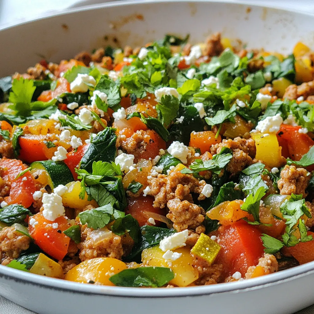 - 1 pound ground turkey - 1 tablespoon olive oil - 1 medium onion, diced - 2 cloves garlic, minced - 1 bell pepper (red or green), diced - 1 zucchini, diced - 1 can (14.5 ounces) diced tomatoes, drained - 1 teaspoon Italian seasoning - 1 teaspoon smoked paprika - Salt and pepper to taste - 1 cup spinach, chopped - 1/4 cup feta cheese, crumbled (optional) - Fresh parsley, chopped (for garnish) To make a savory ground turkey skillet, you need fresh ingredients. Start with one pound of ground turkey. It has a mild flavor that goes well with spices. Use a tablespoon of olive oil to cook the turkey and veggies. Olive oil adds richness to the dish. Next, you need a medium onion and two cloves of garlic, both diced and minced. These ingredients bring out the best flavors. Add one bell pepper, either red or green, diced for a pop of color and crunch. A zucchini, diced, adds texture and nutrients. For some juicy goodness, use a can of diced tomatoes, drained. Spice it up with one teaspoon of Italian seasoning and one teaspoon of smoked paprika. Salt and pepper will enhance all the flavors. You can also add one cup of chopped spinach. It wilts quickly and adds a great green color. If you like cheese, sprinkle some crumbled feta on top. This is optional but adds a nice tang. Lastly, garnish with fresh parsley for a touch of brightness. With these ingredients, you create a delightful one-pan meal. Each bite is packed with flavor and nutrition. {{ingredient_image_1}} 1. Heat oil and sauté aromatics Start by heating 1 tablespoon of olive oil in a large skillet over medium heat. Once the oil warms, add 1 medium diced onion and 2 cloves of minced garlic. Sauté these for about 2-3 minutes. You want them to smell good and turn soft. 2. Cooking ground turkey Next, raise the heat to medium-high. Add 1 pound of ground turkey to the skillet. Use a spatula to break it apart as it cooks. Keep stirring until the turkey is browned and fully cooked, which takes about 5-7 minutes. 3. Adding vegetables and simmering Now it's time for the veggies! Stir in 1 diced bell pepper and 1 diced zucchini. Cook these for another 3-4 minutes. The veggies should feel tender. Then, add 1 can of drained diced tomatoes, 1 teaspoon of Italian seasoning, 1 teaspoon of smoked paprika, and salt and pepper to taste. Mix it all well. Let this cook for about 5 minutes on low heat. This helps all the flavors blend together. 4. Finishing touches Finally, fold in 1 cup of chopped spinach. Cook it just until it wilts, which is about 1-2 minutes. If you like, sprinkle 1/4 cup of crumbled feta cheese on top before serving. For a bright finish, garnish with some chopped fresh parsley. Serve this dish hot right from the skillet. Enjoy it with crusty bread or over rice for a hearty meal! - Best practices for seasoning: Always season your turkey early. Use salt and pepper right after adding the turkey to the skillet. This helps the meat absorb the flavors well. Italian seasoning and smoked paprika add depth. Adjust these to your taste. - Achieving perfect texture for turkey: Cook the turkey on medium-high heat. This will help it brown nicely. Break it up as it cooks. This makes sure every piece gets flavor and cooks evenly. - Tips for vegetable doneness: Add the bell pepper and zucchini after the turkey is cooked. Cook them until soft but still bright. This keeps their color and nutrients intact. Keep an eye on them; they should be tender but not mushy. - Ideas for side dishes and garnishes: Crusty bread is great for soaking up juices. Serve it with rice for a filling meal. You can also pair it with a fresh salad for a light touch. Sprinkle crumbled feta on top for a creamy finish. - Plating tips for an appealing presentation: Serve the dish straight from the pan for a rustic look. If you prefer, plate individual servings. Add extra feta and fresh parsley for color. This makes the dish look inviting and tasty. Pro Tips Use Lean Turkey: Opt for lean ground turkey (93% or 99% lean) for a healthier dish that still retains flavor without excess fat. Customize Your Veggies: Feel free to swap in your favorite vegetables like carrots or broccoli based on what's in season or what you have on hand. Add More Spice: If you like heat, consider adding a pinch of red pepper flakes or diced jalapeños for extra flavor. Meal Prep Friendly: This dish is great for meal prep! Store leftovers in airtight containers for quick lunches throughout the week. {{image_2}} You can swap ground turkey with other meats. Try ground chicken or lean beef. For a plant-based meal, use lentils or tofu. Both options offer great taste and protein. You can change the veggies too. Use broccoli, carrots, or sweet potatoes instead of zucchini. Each one brings a different flavor and texture. If you have dietary needs, swap feta cheese for a dairy-free option. Nutritional yeast can give a cheesy flavor without dairy. To boost flavor, add spices like cumin or chili powder. A pinch of red pepper flakes will add heat. You can also mix in fresh herbs like basil or cilantro for a fresh taste. For cooking methods, this dish shines in a skillet. But you can also bake it in the oven. Just transfer the mixture to a baking dish and cover it with foil. Bake at 375°F for about 20 minutes. This method keeps everything moist and flavorful. These variations allow you to make the dish your own. Mix and match to create your perfect savory ground turkey skillet. To keep your savory ground turkey skillet fresh, follow these tips: - Refrigeration: Place leftovers in an airtight container. This keeps moisture in and air out. Your dish will stay good for 3-4 days in the fridge. - Freezing: If you want to freeze it, let it cool first. Then, transfer it to a freezer-safe container. Label it with the date. It can last up to 3 months in the freezer. When you're ready to eat, just thaw it in the fridge overnight before reheating. For safe reheating, here are my favorite methods: - Microwave: Place the dish in a microwave-safe bowl. Cover it with a lid or a damp paper towel. Heat for 1-2 minutes, stirring halfway through. - Stovetop: Pour the leftovers into a skillet over low heat. Stir often until heated through. This helps keep the flavor and texture nice. No matter how you reheat it, check to make sure it's hot all the way through. Enjoy your meal just as it was meant to be! Can I use frozen ground turkey? Yes, you can use frozen ground turkey. Just thaw it first. You can do this in the fridge overnight. If you're in a hurry, use the microwave. Cook the turkey until it is fully browned. What are some good side dishes to serve? Some great sides include: - Crusty bread - Cooked rice - Quinoa - A fresh green salad These sides complement the skillet well. They also add more nutrients to your meal. How can I make it lower in calories? To lower the calories: - Use less oil or a cooking spray. - Skip the feta cheese. - Add more vegetables like carrots or broccoli. These changes will keep the dish tasty while cutting calories. In this article, we explored making a savory ground turkey skillet. We covered key ingredients like ground turkey, vegetables, and spices. I shared step-by-step cooking instructions to guide you through. Tips helped you enhance flavor and texture, while serving suggestions added flair. We discussed variations for dietary needs and storage practices. Enjoy your cooking adventure and make it your own! Good food brings joy and comfort.