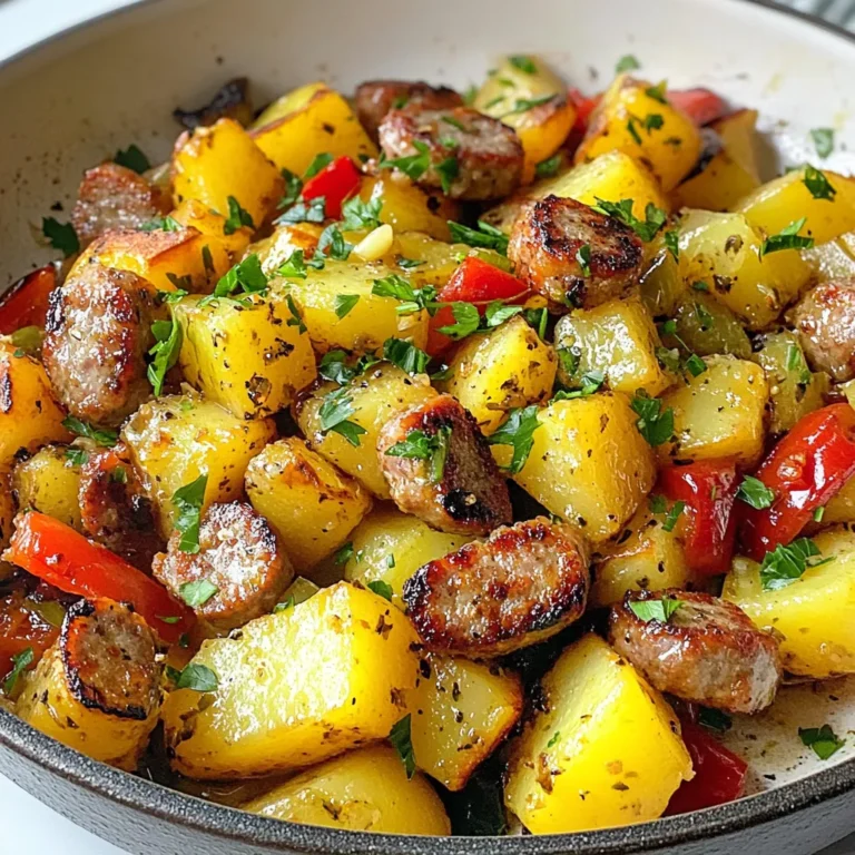 To make a great Sausage and Potatoes Skillet, gather these key ingredients. - 4 breakfast sausages, sliced - 4 medium potatoes, diced - 1 medium onion, chopped - 1 bell pepper (any color), diced - 3 cloves garlic, minced - 1 teaspoon smoked paprika - ½ teaspoon dried thyme - Salt and pepper to taste - 2 tablespoons olive oil - Fresh parsley, chopped (for garnish) You can choose your sausage based on your taste. Breakfast sausage adds a nice touch, while Italian sausage gives more flavor. For potatoes, I like using medium russet or red potatoes. They cook well and have great texture. You can even use baby potatoes for a fun twist. Add veggies for extra taste and color. An onion adds sweetness, and a bell pepper brings crunch. Garlic is a must; it gives the dish a fantastic aroma. The spices, like smoked paprika and thyme, make everything come together. The fresh parsley at the end not only looks nice but also brightens the dish. This meal is all about simple, fresh ingredients that pack a punch! {{ingredient_image_1}} How to slice sausages To slice sausages, first, place them on a cutting board. Use a sharp knife for clean cuts. Cut each sausage into even pieces about half an inch thick. This size helps them cook evenly. Dicing and chopping techniques for potatoes and vegetables Start with the potatoes. Wash them well, then peel if you like. Cut each potato in half, then slice into half-inch cubes. For the onion, cut off both ends and slice it in half. Chop it into small pieces. For the bell pepper, remove the seeds and stem, then dice it into small squares. Tips for seasoning Seasoning is key for flavor. Use salt and pepper to taste. Add smoked paprika for a smoky kick. Dried thyme adds earthiness. Taste as you go to find the right balance. Heating olive oil and skillet selection Use a large skillet for this dish. Heat two tablespoons of olive oil over medium heat. Wait until the oil shimmers. This shows it's hot enough for cooking. Browning sausages effectively Add the sliced sausages to the skillet. Cook them for about 5 to 6 minutes. Turn them occasionally until they are browned. This step gives them great flavor. Cooking potatoes to perfection In the same skillet, add the diced potatoes, onion, and bell pepper. Stir in salt, pepper, smoked paprika, and thyme. Cook for 10 to 12 minutes. Stir now and then until the potatoes are golden and tender. If they stick, add a splash of water to help. Adding garlic and combining ingredients Once the potatoes are done, add minced garlic. Sauté for 1 to 2 minutes. This adds a nice aroma. Then, return the browned sausages to the skillet. Stir everything together well. Adjusting seasoning and serving Taste the blend and adjust seasoning if needed. Remove from heat and garnish with chopped parsley. Serve it hot from the skillet for a rustic look. Enjoy with crusty bread for a hearty meal! - To prevent sticking, use enough olive oil. Heat the oil before adding food. - Stir the potatoes often. This helps them cook evenly. If they stick, add a splash of water. - Use a large skillet to give food room to cook. This reduces steam and helps browning. - Serve the skillet hot, straight from the pan. It looks rustic and inviting. - For a nice touch, sprinkle extra parsley on top. It adds color and freshness. - Pair it with crusty bread. It soaks up the flavors nicely and makes the meal hearty. - You can also serve a light salad on the side. A simple green salad complements the dish well. Pro Tips Use Starchy Potatoes: Opt for Russet or Yukon Gold potatoes for the best texture and flavor in your skillet. Pre-cook Potatoes: For quicker cooking, you can microwave the diced potatoes for 5 minutes before adding them to the skillet. Experiment with Spices: Feel free to add a pinch of cayenne pepper or Italian herbs for an extra kick of flavor. Leftover Variations: This dish is great for using up leftover vegetables; throw in whatever you have on hand for added nutrition. {{image_2}} You can switch up the meats in this dish. Try using Italian sausage or chicken sausage for a new twist. If you want a plant-based option, use veggie sausage or mushrooms. These changes keep the dish tasty and fun. Feel free to swap out the veggies too. Use seasonal produce to keep it fresh. In spring, try asparagus or zucchini. In fall, add pumpkin or sweet potatoes. Each choice brings a different flavor to the skillet. Experimenting with spices can change the whole dish. Add cumin or chili powder for a kick. You can also try fresh herbs like basil or oregano for a bright touch. These small tweaks can make a big difference. Don't forget about sauces! A splash of hot sauce can add heat. For a tangy twist, drizzle some balsamic vinegar or lemon juice before serving. This adds layers of flavor that make each bite exciting. To keep your sausage and potatoes skillet fresh, store it in the fridge if you eat it within a few days. Use airtight containers to prevent moisture loss. If you want to save it longer, freeze the dish in freezer-safe containers. Just remember to leave some space in the container for the food to expand when it freezes. To reheat your skillet, use the stovetop for the best texture. Heat it on medium-low, stirring often to avoid sticking. If the dish seems dry, add a splash of water or broth. Reheat for about 5-8 minutes until it is hot throughout. You can also use the microwave; just heat in 30-second intervals, stirring in between. Make sure it reaches an internal temperature of 165°F for safe eating. Can I use frozen potatoes? Yes, you can use frozen potatoes. They will work well in this dish. Just note that they may take a little longer to cook. Cook them until they are soft and golden. How do I make this dish in advance? To make this dish in advance, cook the sausages and potatoes. Store them in a sealed container in the fridge. When ready to eat, reheat them in a skillet. This keeps the flavors fresh and tasty. How do I know when the sausages are fully cooked? Sausages are done when they are brown and no longer pink inside. You can also use a meat thermometer. The internal temperature should reach 160°F (71°C). What to serve with Sausage and Potatoes Skillet? This dish pairs well with crusty bread or a simple salad. You can also serve it with eggs for breakfast. The flavors blend nicely with a fresh side. Is this dish gluten-free? Yes, this dish can be gluten-free. Just check the sausage label to ensure it does not contain gluten. Many brands offer gluten-free options. What are the calorie counts per serving? Each serving has about 350-400 calories. This can vary based on the type of sausage and added ingredients. Always check your specific brands for exact counts. In this post, we explored how to make a delicious sausage and potatoes skillet. We covered ingredients, preparation, cooking steps, and tips to elevate your dish. You can adjust flavors or swap ingredients to match your taste. Remember to store leftovers properly for later enjoyment. With these instructions, you can create a meal that's both comforting and satisfying. Enjoy your cooking adventure and share it with friends and family!