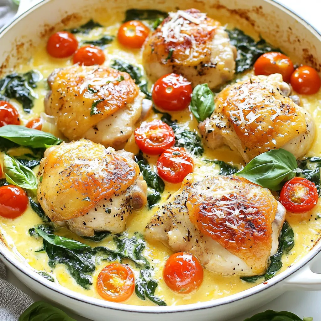 - 4 boneless, skinless chicken thighs - 2 tablespoons olive oil - 3 cloves garlic, minced - 1 cup cherry tomatoes, halved - 1 cup baby spinach - 1 cup heavy cream - 1/2 cup chicken broth - 1 teaspoon Italian seasoning - 1/2 teaspoon red pepper flakes (optional) - Salt and pepper to taste - Fresh basil leaves, for garnish - Grated Parmesan cheese, for serving To make this dish, you will need: - A large skillet - A wooden spoon - A cutting board - A sharp knife - Measuring cups and spoons - A serving platter Using fresh ingredients makes a big difference. Here are some tips: - Chicken Thighs: Choose thighs that are pink and firm, with no spots. - Garlic: Use fresh garlic. It has a stronger flavor than pre-minced. - Tomatoes: Look for ripe cherry tomatoes. They should be bright and firm. - Spinach: Choose baby spinach that is bright green and crisp. - Basil: Fresh basil adds a nice touch. Look for deep green leaves without browning. - Cream: Use heavy cream for a rich, velvety sauce. Avoid low-fat options for this dish. These tips help make your One Pan Tuscan Chicken taste amazing! {{ingredient_image_1}} Start by heating 2 tablespoons of olive oil in a large skillet over medium heat. While the oil warms, season 4 boneless, skinless chicken thighs with salt and pepper. Once the oil is hot, add the chicken to the pan. Cook each side for 6-7 minutes, until they turn golden brown. Remove the chicken from the pan and set it aside on a plate. In the same skillet, add 3 cloves of minced garlic. Sauté for about 30 seconds until the garlic smells great. Be careful not to let it burn! Next, add 1 cup of halved cherry tomatoes. Cook them for 2-3 minutes until they start to soften. This adds a fresh and juicy burst of flavor. Pour in 1/2 cup of chicken broth to the skillet. Use a wooden spoon to scrape up any tasty bits stuck to the pan. Turn the heat down low, then stir in 1 cup of heavy cream, 1 teaspoon of Italian seasoning, and 1/2 teaspoon of red pepper flakes if you like some heat. Mix everything well until it's smooth. Return the chicken thighs to the pan, spooning the creamy sauce over each piece. Let this simmer for about 5 minutes for the chicken to finish cooking. Finally, stir in 1 cup of baby spinach and cook for an additional 2 minutes until it wilts. Taste the sauce and add more salt or pepper if needed. Enjoy this rich and flavorful dish! To cook chicken thighs just right, pick even-sized pieces. This helps them cook evenly. Heat your skillet well before adding the chicken. A hot pan gives a nice sear. Cook for 6-7 minutes on each side. Look for a golden-brown color. Use a meat thermometer; chicken should reach 165°F. Let it rest a few minutes before slicing. This keeps the juices in, making it tender. You can change the sauce to fit your taste. Want more zing? Add lemon juice or zest. For a richer flavor, throw in some white wine before the cream. If you like garlic, add more minced cloves. For a spicy kick, mix in extra red pepper flakes. Fresh herbs like thyme or oregano can also brighten the sauce. Always taste and adjust the seasoning as you go. Pair your Tuscan chicken with simple sides. A fresh green salad with a light vinaigrette works well. Roasted vegetables add color and flavor. Creamy mashed potatoes or pasta soak up the sauce nicely. Crusty bread is perfect for dipping. You can also serve it with rice for a filling meal. These sides balance the richness of the chicken and sauce. Pro Tips Perfectly Cooked Chicken: Ensure that the chicken thighs are at room temperature before cooking for even cooking and better searing. Garlic Flavor Boost: Add the minced garlic after browning the chicken to prevent it from burning and to enhance its flavor in the sauce. Thickening the Sauce: If you prefer a thicker sauce, let it simmer a bit longer after adding the cream until it reaches your desired consistency. Fresh Spinach Substitute: Feel free to substitute baby spinach with kale or arugula for a different flavor profile and added nutrients. {{image_2}} You can switch out chicken thighs for other proteins. Try boneless chicken breasts for a leaner option. If you prefer seafood, shrimp works great too. Just cook the shrimp for about 3-4 minutes until pink. For a plant-based choice, use firm tofu. Press and cube the tofu, then sauté it until golden brown. Feel free to mix in your favorite seasonal veggies. Zucchini and bell peppers add color and flavor. You can also use asparagus in spring or butternut squash in fall. Just make sure to add heartier veggies early in the cooking process. This way, they soften nicely without losing their crunch. If you want a dairy-free version, swap heavy cream for coconut cream or a nut-based cream. This will keep the dish creamy without dairy. You can also use unsweetened almond milk with a little cornstarch for thickness. Adjust the seasoning to balance the flavors, and enjoy a rich meal without the dairy. After enjoying One Pan Tuscan Chicken, you might have some leftovers. Store them in an airtight container. This helps keep the chicken moist and the sauce tasty. Make sure to refrigerate your leftovers within two hours of cooking. They will last for about 3 to 4 days in the fridge. If you want to enjoy them longer, consider freezing instead. When you’re ready to eat the leftovers, reheat them gently. You can use a skillet over medium heat. Add a splash of chicken broth or water to keep the sauce creamy. Stir occasionally until hot. You can also use the microwave. Put the chicken in a microwave-safe dish and cover it. Heat in short bursts, stirring in between, until warm. To freeze the dish, let it cool completely first. Once cool, divide it into portions. Use freezer-safe containers or bags for best results. Label each container with the date. You can freeze it for up to 3 months. When you’re ready to eat, thaw it overnight in the fridge. Then reheat as described above for a quick meal. Yes, you can use bone-in chicken. Bone-in chicken adds more flavor. Just adjust the cooking time. Cook it longer to ensure it reaches a safe temperature. You may need about 10 minutes more on each side. Keep an eye on the internal temperature. It should be 165°F for safe eating. If you need a substitute for heavy cream, try using half-and-half. You can also mix milk with butter. For a dairy-free option, use coconut milk. Remember, these alternatives change the dish's creaminess. Adjust the seasoning to your taste for the best flavor. The spice level with red pepper flakes is mild to medium. You can control the heat by adjusting the amount. If you prefer less spice, use less than half a teaspoon. For more heat, add more. Taste as you go to find your perfect balance. We covered the key ingredients and equipment needed for a great dish. I shared cooking tips for using fresh ingredients. You learned step-by-step how to cook chicken thighs and make a creamy sauce. We explored tips for perfect chicken, sauce tweaks, and side dish ideas. There are also tasty variations, storage tips, and answers to your questions. Remember, cooking is about creativity and fun. Enjoy the process and make this dish your own. Happy cooking!