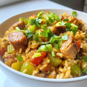 - 1 lb boneless, skinless chicken thighs, cut into bite-sized pieces - ½ lb smoked sausage, sliced (andouille preferred) - 1 large onion, chopped - 1 green bell pepper, chopped - 2 celery stalks, chopped - 3 cloves garlic, minced - 2 tablespoons Cajun seasoning and 1 teaspoon thyme - 1 can (14.5 oz) diced tomatoes, undrained - 4 cups chicken broth - 2 tablespoons olive oil, salt, and pepper to taste - 1 cup green onions, sliced - Fresh parsley, chopped Cajun Chicken and Sausage Jambalaya is a dish full of bold flavors. It starts with juicy chicken thighs and smoky sausage, bringing great texture. The holy trinity of Cajun cooking—onions, bell peppers, and celery—adds depth to the dish. For seasonings, I use Cajun seasoning and thyme for warmth and aroma. Diced tomatoes give a nice tart touch. Chicken broth brings everything together, ensuring the rice cooks perfectly. Garnish your jambalaya with green onions for a fresh crunch and parsley for color. These finishing touches make your dish pop and look beautiful. {{ingredient_image_1}} 1. Start by heating 2 tablespoons of olive oil in a large pot over medium heat. 2. Add 1 pound of boneless, skinless chicken thighs and ½ pound of sliced smoked sausage. 3. Sauté the meat until it gets a nice brown crust, about 5 to 7 minutes. Remove the meat and set it aside. 4. In the same pot, add 1 large chopped onion, 1 chopped green bell pepper, and 2 chopped celery stalks. 5. Cook these veggies, known as the holy trinity, for about 5 minutes. They should soften nicely. 6. Add 3 minced garlic cloves and cook for another minute. This will fill your kitchen with amazing aromas. 1. Stir in 2 tablespoons of Cajun seasoning, 1 teaspoon of thyme, and 1 bay leaf. Cook for 1 minute to let the spices bloom. 2. Next, add 1 can of diced tomatoes (14.5 oz, undrained) and stir well. Cook for about 3 minutes. This helps the flavors mix. 3. Pour in 4 cups of chicken broth and bring it all to a gentle boil. 4. Add 1 ½ cups of long-grain rice into the pot. Then, return the browned chicken and sausage back in. Stir it all together. 1. Lower the heat to a simmer and cover the pot. Let it cook for 20 to 25 minutes. Do not lift the lid, as the steam helps cook the rice. 2. When the time is up, carefully take out the bay leaf. Fluff the jambalaya with a fork to separate the rice. 3. Season with salt and pepper to taste. Your dish is now ready to serve. Garnish with sliced green onions and chopped parsley for a fresh touch. Browning the meats is key. This step brings out rich flavors. Cook the chicken and sausage until they get a golden crust. This caramelization adds depth to the dish. After browning, remove them from the pot. This lets the veggies cook in the flavorful drippings. Allowing flavors to meld is vital. Once all ingredients are in the pot, let them simmer. This step helps the rice absorb all the delicious juices. The longer they cook together, the better the taste. Avoid lifting the lid while cooking. Lifting the lid lets the steam escape. This steam is essential for cooking the rice evenly. Keep the pot covered to ensure perfect results. Trust the process; the rice will cook beautifully. Fluffing the rice is an important step. After cooking, use a fork to fluff the jambalaya. This helps separate the grains and prevents clumping. Fluffed rice makes for a better presentation. Pair your jambalaya with side dishes. A simple green salad complements the rich flavors well. Cornbread or crusty bread is also a great choice. These sides help balance the meal. Consider alternative garnishes for a fresh touch. Sliced green onions add color and crunch. Fresh parsley brings brightness and flavor. Experiment with different garnishes to find your favorite. Pro Tips Brown the Meat: Ensure the chicken and sausage are browned well; this adds depth of flavor to your jambalaya. Use Quality Sausage: For the best results, use high-quality andouille sausage; it enhances the dish's authenticity. Don't Lift the Lid: Keep the lid on while the jambalaya simmers; this traps steam and ensures the rice cooks evenly. Custom Spice Level: Adjust the Cajun seasoning to your taste; feel free to add more for extra heat or less for milder flavor. {{image_2}} You can switch up the proteins in jambalaya. Shrimp works great, adding a nice touch. If you prefer a vegetarian dish, use beans or tofu instead. These options keep the meal tasty and fun. For vegetables, you can try carrots or okra. Carrots add a sweet crunch, while okra brings a unique texture. Both choices offer new flavors and colors to your dish. Want more heat? Increase the Cajun seasoning. Just add a bit more than the recipe calls for. This simple change will turn up the spice level. You can also add hot sauce or fresh pepper to the mix. Just a little goes a long way. This makes it easy to control the heat in your jambalaya. If you're gluten-free, use rice and check your sausage. Many brands offer gluten-free options. This keeps your jambalaya safe for everyone. For low-carb or keto-friendly meals, swap rice for cauliflower rice. This keeps the dish light and healthy. You can still enjoy the rich flavors without the carbs. To store leftovers, let the jambalaya cool first. Once cool, place it in an airtight container. Make sure to seal it well to keep out air. Using glass or plastic containers works best. These containers help keep the dish fresh and tasty. To freeze jambalaya, first cool it completely. Then, transfer it to a freezer-safe container. Leave some space at the top for expansion. Label the container with the date. When ready to eat, take it out and thaw it in the fridge overnight. Reheat it on the stove or in the microwave. Stir it well to heat evenly. In the fridge, jambalaya lasts about three to four days. In the freezer, it stays good for up to three months. Check for signs of spoilage before eating. If it has an off smell or strange color, throw it away. Always trust your senses to keep meals safe. Jambalaya comes from Louisiana, blending Spanish, French, and West African flavors. It started in the 18th century. The dish uses local ingredients like rice, meat, and spices. It shows the rich culture of the region. People often make it during festivals or family gatherings. Jambalaya is a symbol of unity in Louisiana’s diverse communities. Yes, you can make Jambalaya ahead of time. Prepare it and let it cool. Then, store it in an airtight container. Refrigerate it for up to three days. You can also freeze it for longer storage. To reheat, warm it on the stove or in the microwave. Add a splash of broth if it seems dry. To reduce the heat in Jambalaya, use less Cajun seasoning. You can also remove spicy sausage and replace it with a mild one. Adding more rice can help balance the spices. Another option is to include more diced tomatoes. This will dilute the heat and add flavor. Jambalaya pairs well with several sides. Try serving it with cornbread or a green salad. You can also have coleslaw for a crunchy contrast. For drinks, sweet tea or a light beer works great. These sides enhance the meal and make it even more enjoyable. You learned how to create a delicious Cajun Chicken and Sausage Jambalaya. By using key ingredients like chicken, sausage, and the holy trinity of vegetables, you can build strong flavors. Simmering the dish brings everything together beautifully. Remember to adjust spice levels and try different proteins or veggies. Store leftovers properly for future meals. This meal is versatile and packed with rich history. Enjoy making your own jambalaya and impress your family with this delightful dish!