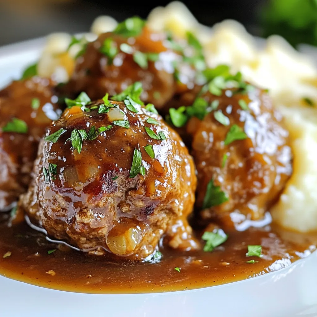 To make savory slow cooker Salisbury steak meatballs, you need the following: - 1 lb ground beef - ½ cup breadcrumbs - 1 small onion, finely chopped - 1 egg - 2 cloves garlic, minced - 1 teaspoon Worcestershire sauce - 1 teaspoon dried thyme - Salt and pepper to taste - 1 cup beef broth - 2 tablespoons ketchup - 1 tablespoon soy sauce - 2 tablespoons cornstarch - 3 tablespoons water - Fresh parsley, chopped (for garnish) These ingredients work together to create a rich and tasty dish. The ground beef forms the base, while breadcrumbs add texture. The onion and garlic enhance the flavor, making each bite delicious. If you can't find some ingredients, don't worry! Here are some substitutes: - Ground beef can be swapped for ground turkey or chicken. This change cuts fat but keeps flavor. - Breadcrumbs can be replaced with crushed crackers or oats if you're out. - If you don't have Worcestershire sauce, soy sauce works as a good alternative. - For a vegetarian option, use plant-based ground meat. These swaps help you keep cooking without a trip to the store! Using fresh ingredients makes a big difference. Fresh onions and garlic provide better flavor. They help create a savory sauce that makes the meatballs shine. Fresh parsley adds a pop of color and taste when you serve the dish. Always aim for the best ingredients when cooking. They elevate your meal and make it taste amazing! Enjoy your cooking adventure! {{ingredient_image_1}} To start, gather your ingredients. You will need: - 1 lb ground beef - ½ cup breadcrumbs - 1 small onion, finely chopped - 1 egg - 2 cloves garlic, minced - 1 teaspoon Worcestershire sauce - 1 teaspoon dried thyme - Salt and pepper to taste In a large bowl, mix the ground beef, breadcrumbs, chopped onion, egg, minced garlic, Worcestershire sauce, thyme, salt, and pepper. Use your hands to blend everything together. Form the mixture into about 12 meatballs, each roughly 1.5 inches wide. This size is just right for even cooking. Now, place your meatballs gently into the slow cooker. In another bowl, combine 1 cup beef broth, 2 tablespoons ketchup, and 1 tablespoon soy sauce. Whisk this mix until it is smooth. Pour the sauce over your meatballs in the slow cooker. Make sure they are well covered. Cover the slow cooker and set it to low for 6-8 hours or high for 3-4 hours. The meatballs will become tender and soak up all that delicious flavor. Once your meatballs are cooked, it’s time to thicken the sauce. In a small bowl, mix 2 tablespoons cornstarch with 3 tablespoons water to create a slurry. Stir this into the slow cooker. Cook for an extra 30 minutes on high. This will help the sauce get nice and thick. After that, taste your dish. Adjust the salt and pepper if needed. Serve your savory meatballs over mashed potatoes or rice, and sprinkle with fresh parsley for a lovely touch. Enjoy! Slow cookers can vary in heat. Most run hot or cool. If your cooker runs hot, check the meatballs earlier. For a cooler cooker, you may need more time. Always use a meat thermometer. The meatballs should reach 160°F. Adjust cooking for best results. To keep your meatballs juicy, don't overmix the ingredients. Mix just enough to blend. Add breadcrumbs to help with moisture. They soak up the sauce while cooking. You can also add a bit more broth if needed. This helps keep everything tender. Salisbury steak meatballs pair well with many sides. Here are some great options: - Mashed potatoes - Rice - Steamed vegetables - Green salad - Garlic bread These sides balance the rich flavors of the meatballs. They also soak up the delicious sauce! Pro Tips Use Fresh Ingredients: Fresh garlic and onion will enhance the flavor of your meatballs, giving them a more vibrant taste. Don't Overmix: When combining the meatball ingredients, mix just until combined. Overmixing can lead to tough meatballs. Adjust to Your Taste: Feel free to adjust the seasonings, like adding more Worcestershire sauce or spices, to suit your personal preference. Thicken the Sauce: If you prefer a thicker sauce, allow the slurry to cook a bit longer or add more cornstarch in small increments until desired consistency is reached. {{image_2}} You can boost nutrition by adding veggies to your meatballs. Chopped spinach or grated carrots work well. They mix easily into the meatball mixture. Try adding finely chopped bell peppers or mushrooms for added flavor. Not only do these veggies add nutrients, but they also enhance the taste and texture of the dish. For a twist, change the sauce. Instead of the classic beef broth, try using mushroom broth for a richer flavor. You can also add a splash of barbecue sauce for a smoky taste. For a spicy kick, mix in some hot sauce or red pepper flakes. These small changes can take your meatballs in new and exciting directions. If you want a lighter option, use ground turkey or chicken instead of beef. These meats provide a great base for your meatballs. You can also try using plant-based ground meat for a vegan version. Just ensure you adjust the cooking time based on the meat you choose. Each option brings a unique flavor to your Salisbury steak meatballs. To keep your Salisbury steak meatballs fresh, store them in an airtight container. Make sure to let the meatballs cool down before sealing them. This helps prevent moisture buildup and keeps them tasty. You can store leftover meatballs in the fridge for up to three days. If you need to keep them longer, consider freezing them. When it’s time to enjoy your leftovers, reheating is key. The best way to reheat meatballs is in the microwave or on the stove. If using the microwave, place them in a bowl with a splash of beef broth. Heat for one to two minutes, stirring halfway. On the stove, warm them in a pan over low heat, adding a bit of sauce if needed. This keeps them moist and flavorful. Freezing is a great way to prep meals ahead. To freeze your Salisbury steak meatballs, first let them cool completely. Then, place them in a single layer on a baking sheet. Freeze until solid, about one to two hours. After that, transfer them to a freezer bag or container. They will stay good in the freezer for up to three months. When you're ready to eat, just thaw them in the fridge overnight and reheat. Yes, you can use frozen meatballs. They save time and still taste great. Just adjust the cooking time. If you use frozen meatballs, cook on high for 4-5 hours. If you use homemade meatballs, cook on low for 6-8 hours. Both will soak up the tasty sauce. You have many delicious options! Here are some ideas: - Mashed potatoes - Rice - Egg noodles - Steamed vegetables - A fresh salad These sides enhance the meal and add variety. You can mix and match based on your mood or what you have at home. To make this dish gluten-free, use gluten-free breadcrumbs. You can find these at most stores. Also, check your soy sauce. Use gluten-free soy sauce or tamari instead. This way, you keep the flavor while making it safe for gluten-free diets. Enjoy your cooking! You now have all the details to make tasty Salisbury steak meatballs. We covered the key ingredients and even some great substitutes. Using fresh ingredients is crucial for the best flavor. I shared simple steps from mixing to cooking in a slow cooker. Don't forget the tips to keep your meatballs moist and flavorful. You can customize this dish to fit any diet. Lastly, following storage tips will keep your leftovers fresh. Enjoy creating a meal that’s satisfying and delicious!