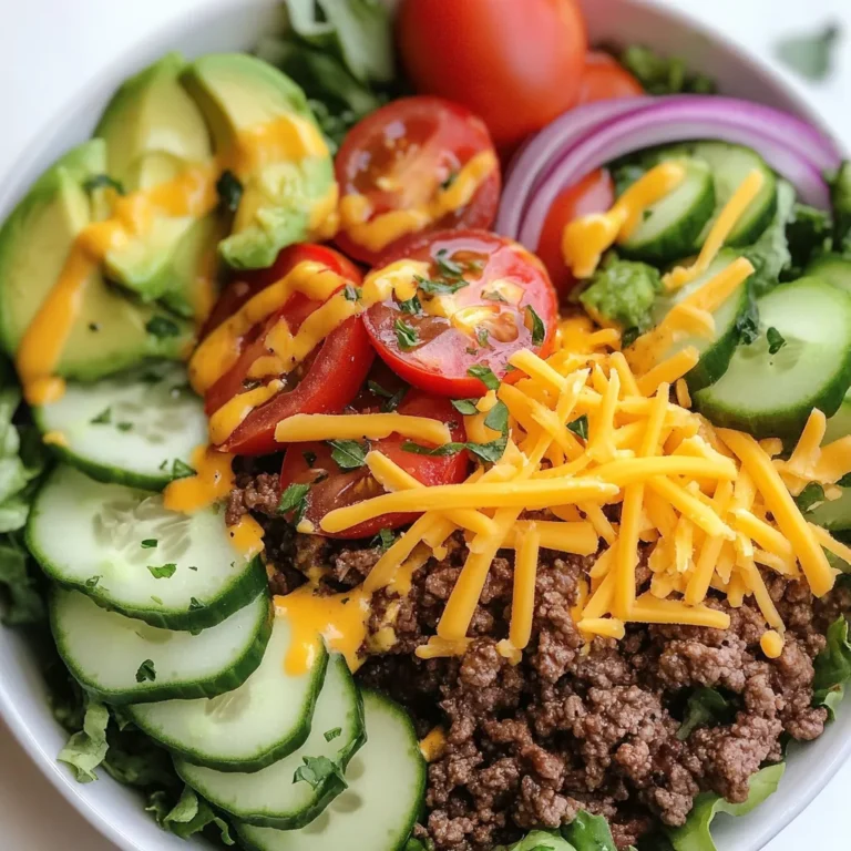 - 1 lb ground beef (or substitute with ground turkey or plant-based meat) - 4 cups mixed greens (spinach, arugula, lettuce) - 1 cup cherry tomatoes, halved - 1/2 cucumber, diced - 1/2 red onion, thinly sliced - 1 avocado, diced - 1/2 cup shredded cheddar cheese (or dairy-free cheese) - 1/4 cup pickles, chopped - 1/4 cup ranch dressing or your favorite dressing The main ingredients in a Burger Bowl give it life and flavor. You can choose ground beef, turkey, or plant-based meat. The mixed greens add freshness. Cherry tomatoes, cucumber, red onion, and avocado bring color and crunch. Cheese and pickles add a tasty twist. You can top it off with your favorite dressing. - 1 teaspoon garlic powder - 1 teaspoon onion powder - 1 teaspoon smoked paprika - Salt and pepper to taste Seasonings can make your Burger Bowl pop. Garlic powder and onion powder give it depth. Smoked paprika adds a nice, warm flavor. Salt and pepper help highlight all the other tastes. These seasonings are simple but very effective. A Burger Bowl is not just tasty; it’s healthy too! Each serving has around 450 calories. It offers protein from the meat and healthy fats from the avocado. The mixed greens and veggies provide fiber and vitamins. This meal helps you feel full without weighing you down. It’s a smart choice for anyone seeking a balanced meal. {{ingredient_image_1}} To cook the ground beef, start by heating one tablespoon of olive oil in a large skillet over medium heat. Then, add one pound of ground beef. Break it apart with a spatula. This helps it cook evenly. Next, sprinkle in one teaspoon each of garlic powder, onion powder, and smoked paprika. Add salt and pepper to taste. Cook the beef for about 8 to 10 minutes. It should turn brown and be fully cooked. Stir it occasionally to avoid burning. If you prefer substitutes, ground turkey or plant-based meat works great too. Just follow the same cooking steps. The key is to ensure your meat is well-seasoned. This adds the best flavor and texture. While the beef cooks, prepare the salad base. In a large bowl, mix 4 cups of mixed greens, 1 cup of halved cherry tomatoes, 1/2 diced cucumber, and 1/2 thinly sliced red onion. Add 1 diced avocado for creaminess. Once the beef is ready, take it off the heat and let it cool for a minute. Then, divide the salad mixture into serving bowls. Layer the cooked ground beef on top. For a beautiful presentation, sprinkle 1/2 cup of shredded cheddar cheese and 1/4 cup of chopped pickles over the beef. This gives a nice contrast in color and flavor. Serve each burger bowl in individual bowls for a fun meal. Consider adding fresh herbs like cilantro or parsley for extra color. This makes the dish look inviting. You can also place extra dressing on the side. Ranch dressing is a great choice, but feel free to pick your favorite. Pair your burger bowl with a side of sweet potato fries or a refreshing drink like iced tea. This makes for a complete and satisfying meal. Enjoy your Burger Bowl Delight! To make your burger bowl shine, you can customize flavors and textures easily. Here are some ideas: - Meat Options: You can use ground turkey, plant-based meat, or even chicken. Each option brings a unique taste. - Spices: Add cayenne pepper for heat or Italian herbs for a different twist. Experiment with different spice blends for fun flavors. When cooking ground meat alternatives, keep these tips in mind: - Cook at Medium Heat: This helps prevent drying out the meat. Stir often for even cooking. - Check for Doneness: Make sure the meat is fully cooked. Use a thermometer if needed. Storing leftovers correctly keeps your bowl tasty for next time. Here are some tips: - Refrigerate: Store any leftovers in an airtight container. They will last for 3 to 4 days. - Separate Components: If possible, keep the meat and veggies apart. This helps maintain freshness and texture. For meal prep, follow these best practices: - Prep Ahead: Chop veggies and cook meat in advance. Store them separately until you're ready to assemble. - Use Clear Containers: This helps you see what you have, making it easy to grab and go. To boost the taste of your burger bowl, try these dressings and seasonings: - Dressings: Ranch dressing works well, but you can also try balsamic vinaigrette or a creamy garlic sauce. - Seasonings: Sprinkle some chili flakes or fresh herbs for extra flavor. Optional toppings can add flair to your bowl: - Crunchy Toppings: Add croutons or crispy onions for a crunch. - Fresh Ingredients: Try diced bell peppers or olives for a pop of color and taste. Your burger bowl can be as creative and tasty as you want! Pro Tips Choose Your Meat Wisely: Opt for lean ground beef or turkey to keep the dish healthier. If using plant-based meat, select a well-seasoned variety for optimal flavor. Layering is Key: When assembling your burger bowl, layer the ingredients thoughtfully for an appealing visual presentation and to ensure balanced flavors in each bite. Freshness Matters: Use fresh vegetables for the salad base to enhance the flavor and texture. Consider seasonal veggies for an exciting twist on the classic salad. Make It Your Own: Feel free to customize the toppings and dressings according to your preference. Try adding crispy bacon, jalapeños, or a spicy aioli for an extra kick! {{image_2}} For a tasty vegetarian burger bowl, try using plant-based proteins like lentils or black beans. Both options pack a punch in flavor and nutrition. You can mash the beans or leave them whole. This gives you a nice texture. For salad toppings, consider using roasted chickpeas or tofu. They add protein and crunch. You can also add toppings like sliced radishes or carrots for color. Use a vegan dressing like tahini or a simple olive oil and lemon mix to keep it fresh and light. You can easily change the vegetable base in your burger bowl. Use kale, romaine, or even coleslaw mix for a fun twist. Feel free to add roasted veggies like bell peppers or zucchini. They bring out great flavors. Swapping dressings and cheeses is simple too. If you want a tangy bite, try a balsamic vinaigrette instead of ranch. For cheese, use dairy-free options or skip it entirely for a lighter meal. Using seasonal vegetables makes your burger bowl even better. In summer, add fresh corn or bell peppers. In fall, think about using roasted sweet potatoes or squash for a warm touch. When ingredients are limited, you can still build a great burger bowl. Frozen veggies work well in a pinch. Just cook them according to the package. You can also use canned beans or tomatoes for easy flavor and nutrition. To store leftovers, place your Burger Bowl in an airtight container. This keeps it fresh in the fridge. The shelf life of prepared ingredients is about three to four days. Make sure to cool down the beef before sealing it up. If you want to freeze your Burger Bowl, start by separating the components. Freeze the beef and the veggies in individual bags. This helps keep the flavors fresh. When you're ready to eat, thaw the beef overnight in the fridge. Reheat it on the stove for best results. Batch cooking makes meals easier. You can cook a larger amount of beef at once. Store it in portions for quick meals. Keep the salad ingredients separate until you're ready to eat. This way, everything stays fresh and crunchy. A Burger Bowl is a meal that mixes the best parts of a burger with fresh salad. You get the juicy meat, tasty toppings, and healthy greens all in one bowl. It's a fun way to enjoy burgers without the bun. You can customize it with your favorite veggies and sauces. To make your Burger Bowl healthier, choose lean proteins. Ground turkey or plant-based meat are great options. Use fresh veggies like spinach, cucumber, and tomatoes. Swap regular cheese for low-fat or dairy-free cheese. For dressing, try a lighter option, like vinaigrette instead of ranch. Yes, you can use many proteins in a Burger Bowl. Chicken, turkey, or even tofu work well. For chicken, grill or sauté it with spices. If you choose tofu, press it, then cube and pan-fry for crispy texture. These options add variety and flavor to your meal. A variety of dressings pair nicely with a Burger Bowl. Ranch dressing is a classic choice, but you can also try BBQ sauce or a balsamic vinaigrette. For a spicy kick, use sriracha mixed with yogurt. These flavors enhance the dish and make it more exciting. The Burger Bowl is a tasty mix of flavors and fresh ingredients. You learned how to choose proteins, veggies, and dressings to fit your taste. I shared tips on cooking each component to perfection and how to store leftovers for later use. You can customize your bowl for any dietary needs, making it versatile and fun. Remember, the right seasonings and fresh veggies can elevate your meal. Experiment with different combinations to find your favorite. Enjoy building your own delicious Burger Bowl!