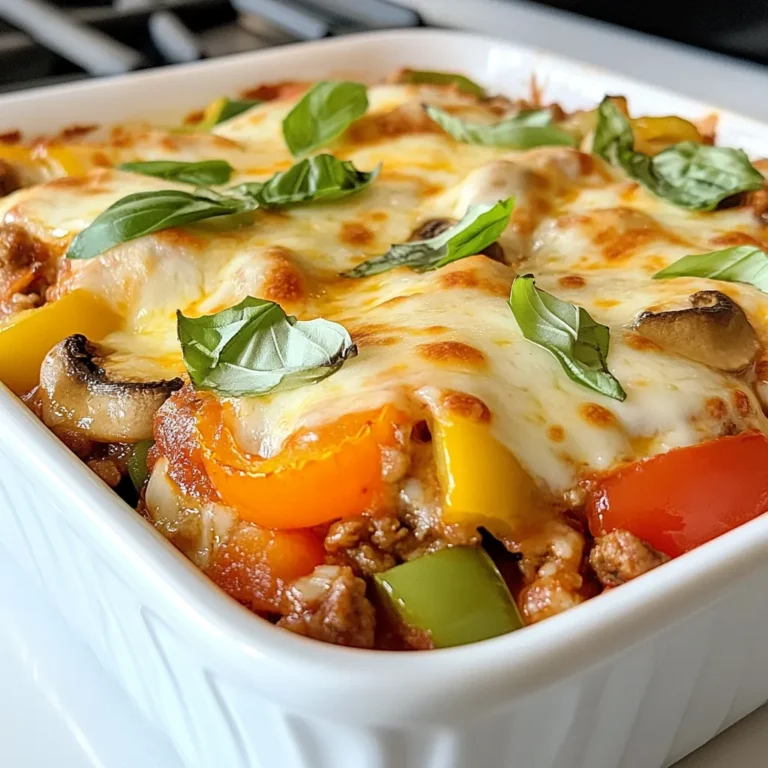For the main part of your Low Carb Pizza Casserole, you will need: - 1 lb ground turkey or chicken - 1 medium onion, diced - 2 cloves garlic, minced - 1 bell pepper, diced (red or green) - 1 cup sliced mushrooms - 1 can (14 oz) crushed tomatoes - 1 teaspoon Italian seasoning - ½ teaspoon red pepper flakes (optional for heat) - 1 cup shredded mozzarella cheese - ½ cup sliced black olives - ½ cup pepperoni slices (optional) - 1 cup cauliflower rice (fresh or frozen) - Salt and pepper to taste - Fresh basil for garnish (optional) These ingredients create a rich and savory dish that packs all the pizza flavor without the carbs. You can customize your casserole with a few extra ingredients. Consider adding: - Cooked sausage for more flavor - Zucchini or spinach for added veggies - Different cheeses like cheddar or provolone for a unique taste - Feta cheese for a tangy kick - Cherry tomatoes for extra freshness These options let you make the dish your own and adjust it to your taste. If you want to lower the carb count even more, try these swaps: - Use ground beef or pork instead of turkey or chicken. - Replace crushed tomatoes with diced tomatoes for less sugar. - Opt for cheese alternatives like almond or coconut cheese. - Skip the olives or use them sparingly to cut down on sodium. These changes help you maintain low carbs while still enjoying a delicious casserole. {{ingredient_image_1}} Start by gathering all your ingredients. This makes cooking easier. You will need: - 1 lb ground turkey or chicken - 1 medium onion, diced - 2 cloves garlic, minced - 1 bell pepper, diced (red or green) - 1 cup sliced mushrooms - 1 can (14 oz) crushed tomatoes - 1 teaspoon Italian seasoning - ½ teaspoon red pepper flakes (optional) - 1 cup shredded mozzarella cheese - ½ cup sliced black olives - ½ cup pepperoni slices (optional) - 1 cup cauliflower rice - Salt and pepper to taste - Fresh basil for garnish (optional) Now, preheat your oven to 375°F (190°C). This step is key to a great bake. Heat a tablespoon of olive oil in a large skillet over medium heat. Add in the diced onion and minced garlic. Sauté until they are soft and clear, about 3-4 minutes. Next, add the ground turkey or chicken. Use a spatula to break it apart. Cook until it turns brown, which takes about 6-8 minutes. Season the meat with salt, pepper, and Italian seasoning. Stir in the diced bell pepper, sliced mushrooms, and cauliflower rice. Cook this mix for another 5 minutes. The veggies should soften but still have some crunch. Now, pour the crushed tomatoes into the skillet. Stir everything well and let it simmer for 5 minutes. This helps the flavors blend together perfectly. Transfer the mixture into a greased 9x13 inch baking dish. Top it evenly with shredded mozzarella cheese, pepperoni slices, and black olives. Place the dish in your preheated oven. Bake for 20-25 minutes, or until the cheese is bubbly and golden brown. Once it’s done, let it cool for a few minutes. If you want, you can garnish with fresh basil for an extra touch. For serving, cut into squares for easy plating. Enjoy your delicious, low carb pizza casserole! To get that perfect cheese pull in your low carb pizza casserole, use fresh mozzarella. It melts better than pre-shredded cheese. Spread the cheese evenly across the top. This helps each bite stay cheesy. You can also add a sprinkle of Parmesan cheese for extra flavor. To cut down on cooking time, use pre-cooked meat. Ground turkey or chicken that is already cooked can save you about 10 minutes. Also, using frozen cauliflower rice can save prep time. Just add it straight to the pan without thawing. Adjusting seasoning is key to making the dish your own. Start with the basic salt and pepper. Then, taste as you cook. If you like more heat, add extra red pepper flakes. For a richer flavor, boost the Italian seasoning. Don’t forget to add fresh herbs if you have them! Pro Tips Use Fresh Ingredients: Opt for fresh vegetables and herbs to enhance the flavor profile of your casserole. Customize Your Toppings: Feel free to mix and match your favorite pizza toppings, such as different cheeses or meats, for a personalized touch. Make It Ahead: Prepare the casserole in advance and store it in the fridge. Just pop it in the oven when you're ready to serve! Monitor Cheese Melting: Keep an eye on the cheese while baking; you want it perfectly melted and bubbly without burning. {{image_2}} You can easily make a vegetarian low carb pizza casserole. Replace the ground turkey with more veggies. Use chopped zucchini, eggplant, or even spinach. These choices add flavor and texture. You can still use mushrooms for that meaty feel. This dish stays hearty and filling without meat. If you want more protein, try adding cooked sausage or diced chicken. Ground beef is another great choice. These options boost the protein and flavor. You can also mix in beans like black beans or chickpeas for added nutrition. Just remember to adjust the cooking time if you use raw meat. Cheese is a key part of this dish. While mozzarella is classic, you can swap in other options. Try cheddar for a sharper taste or gouda for a smoky twist. Feta cheese adds a nice salty flavor, too. Mixing cheeses can create a unique taste profile. Use your favorites to make it your own! To keep your leftover pizza casserole fresh, let it cool first. Place it in an airtight container. Make sure to seal it tightly. You can store it in the fridge for up to four days. If you want to keep it longer, consider freezing it. For the best taste, reheat your casserole in the oven. Preheat your oven to 350°F (175°C). Place the casserole in a baking dish. Cover it with foil to prevent drying out. Heat for about 15-20 minutes until hot. You can also use the microwave if you're in a hurry. Heat it in a microwave-safe dish for 2-3 minutes. To freeze your pizza casserole, cut it into portions. Wrap each piece in plastic wrap. Then place them in a freezer-safe bag. Make sure to remove as much air as possible. Label the bag with the date. This way, you can enjoy it for up to three months. When ready to eat, thaw it in the fridge overnight before reheating. Yes, you can use any ground meat you like. Ground beef, pork, or even sausage work great. Each type brings its own flavor. I often switch it up based on what I have on hand. Just be sure to cook the meat fully before adding it to the casserole mix. This keeps the dish safe and tasty. To make this casserole dairy-free, simply swap out the cheese. You can use dairy-free cheese that melts well. Alternatively, try adding more veggies for creaminess, like avocado or pureed cauliflower. This will keep the dish rich without the dairy. Always check labels to ensure your substitutes fit your diet. Absolutely! You can prepare the casserole a day ahead. Just cook the meat and veggies, then layer everything in a baking dish. Cover it and store it in the fridge. When you're ready to eat, bake it straight from the fridge. You may need to add a few extra minutes to the bake time for best results. This blog post covered how to make a tasty low-carb pizza casserole. We explored key ingredients and ways to customize them. I shared step-by-step instructions for prepping, cooking, and baking. You also learned helpful tips for better cheese and faster cooking. We discussed variations, storage methods, and answered common questions. This dish is easy, fun, and fit for everyone. Experiment with your favorite flavors and enjoy!