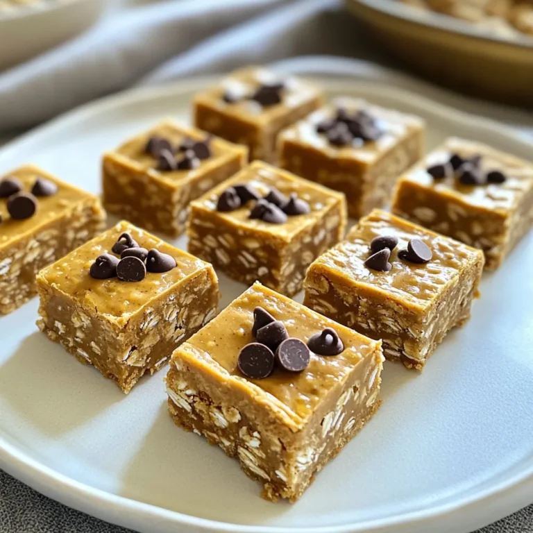 - 1 cup creamy peanut butter - 1/2 cup honey or maple syrup - 1 cup rolled oats - 1/2 cup vanilla protein powder (or almond flour) - 1/4 cup dark chocolate chips (dairy-free if preferred) - 1/2 teaspoon vanilla extract - Pinch of salt To make no bake peanut butter bars, gather your ingredients. Start with creamy peanut butter, which gives the bars their rich taste. You can use honey or maple syrup for sweetness. Rolled oats add texture and fiber. I often use vanilla protein powder, but almond flour works too. Dark chocolate chips add a touch of indulgence. A splash of vanilla extract and a pinch of salt enhance the flavors. Each ingredient plays a key role. The peanut butter binds everything together. The sweetener balances the taste. Oats provide a hearty base. Protein powder boosts nutrition, making these bars a great snack. Chocolate chips bring joy in every bite. Vanilla and salt elevate the overall flavor. When you have everything ready, you can mix and create these tasty bars quickly. Enjoy the process, and get ready for a delicious treat! {{ingredient_image_1}} Mixing the Peanut Butter and Sweetener First, grab a medium bowl. Add 1 cup of creamy peanut butter. Pour in 1/2 cup of honey or maple syrup. Stir them well. You want a smooth mix with no lumps. Adding Flavor Enhancements Next, add 1/2 teaspoon of vanilla extract. Toss in a pinch of salt. Mix again until everything is combined. These flavors make the bars taste great! Combining Dry Ingredients with Peanut Butter Mixture Now, slowly add 1 cup of rolled oats and 1/2 cup of vanilla protein powder or almond flour. Stir until you have a sticky dough. Make sure no dry bits remain. Preparing the Baking Dish Line an 8x8 inch square baking dish with parchment paper. Leave some paper hanging over the sides. This helps when you remove the bars later. Pressing and Smoothing the Mixture Take the peanut butter mixture and pour it into the dish. Use a spatula to spread it out evenly. Press down firmly to fill the corners. Smooth the top for a nice finish. Refrigeration Time Place the dish in the fridge for at least 1 hour. This helps the bars set up. After they are firm, lift the parchment paper out. Cut the bars into squares or rectangles. Enjoy your tasty no-bake peanut butter bars! Importance of Mixing Well Mixing the peanut butter and honey is key. You want a smooth blend. If you skip this step, the bars might be dry. Take your time and blend until it looks creamy. This helps the bars hold together. How to Achieve the Right Consistency To get the right texture, add oats and protein powder slowly. Mix until everything sticks together. If it feels too dry, add a bit more honey or maple syrup. If too wet, add more oats or protein powder. You want a sticky dough that you can press into the dish. Substituting Honey with Maple Syrup You can swap honey for maple syrup. This change gives a nice flavor twist. Maple syrup is a great vegan option too. Use the same amount as honey for best results. Using Different Protein Powders or Flours Feel free to use different protein powders or flours. Almond flour adds a nutty taste. You can also try pea protein for a dairy-free choice. Use what you like or have on hand! This flexibility makes the bars your own. Pro Tips Use Natural Nut Butter: Opt for natural peanut butter without added sugars or oils for a healthier bar. Sweetness Adjustment: Adjust the sweetness by using less honey or maple syrup according to your taste preference. Protein Powder Variations: Feel free to experiment with different protein powders, like chocolate or plant-based options, for varied flavors. Storage Tips: For longer shelf life, freeze the bars and separate layers with parchment paper to prevent sticking. {{image_2}} You can make your no bake peanut butter bars even better with add-ins. Here are some great options: - Nuts and Seeds Options: Try adding chopped almonds, walnuts, or sunflower seeds. These add crunch and healthy fats. You can mix in about 1/2 cup of your favorite nuts or seeds for extra flavor and texture. - Dried Fruits to Consider: Dried fruits like raisins, cranberries, or apricots can add sweetness. Chop them up and mix in about 1/3 cup. This gives the bars a chewy texture and more nutrients. Chocolate can change the taste of your bars. Here are some choices: - Using Milk Chocolate vs. Dark Chocolate: If you love sweeter bars, use milk chocolate chips. They make the bars taste sweeter. Dark chocolate adds a rich flavor and is less sweet. You can choose based on your taste. - Carob Chips for a Dairy-Free Variation: For a dairy-free option, try carob chips. They taste similar but are not chocolate. Carob is also naturally sweet and has less fat. You can use the same amount as chocolate chips in the recipe. These variations help you customize your bars to fit your taste and health goals. Enjoy experimenting! To keep your no-bake peanut butter bars fresh, store them in the refrigerator. Place the bars in an airtight container. This helps prevent them from drying out. You can also wrap them in plastic wrap for extra protection. If you want to store them longer, freezing is a great option. Cut the bars into squares first. Then, wrap each piece tightly in plastic wrap. Place the wrapped bars in a freezer-safe bag. This keeps them fresh for several months. In the refrigerator, these bars last about a week. Make sure to check for any signs of spoilage, like a change in smell or texture. If you freeze the bars, they can last for up to three months. To enjoy them, just take out a few pieces and let them thaw in the fridge overnight. This way, you always have a tasty treat ready to go! Yes, you can use crunchy peanut butter. It adds extra texture and flavor. The bars will still hold together well. Just mix it like creamy peanut butter. Enjoy the added crunch in each bite! To make these bars vegan, you need to substitute honey with maple syrup. This keeps the sweet taste while staying plant-based. Also, check that your chocolate chips are dairy-free. These simple swaps make a tasty vegan treat! Each bar has about 150 calories. It includes 6g of protein, 8g of fat, and 15g of carbs. This makes it a good snack option. The bars are rich in protein and healthy fats. They provide lasting energy without refined sugars. You now have all the tools to make delicious no-bake peanut butter bars. We covered the key ingredients, easy steps, and useful tips to ensure great texture. You can also customize the bars in many ways to suit your taste. Store them well for a tasty snack anytime. Enjoy making your own treats at home! Now go get your ingredients and start baking.