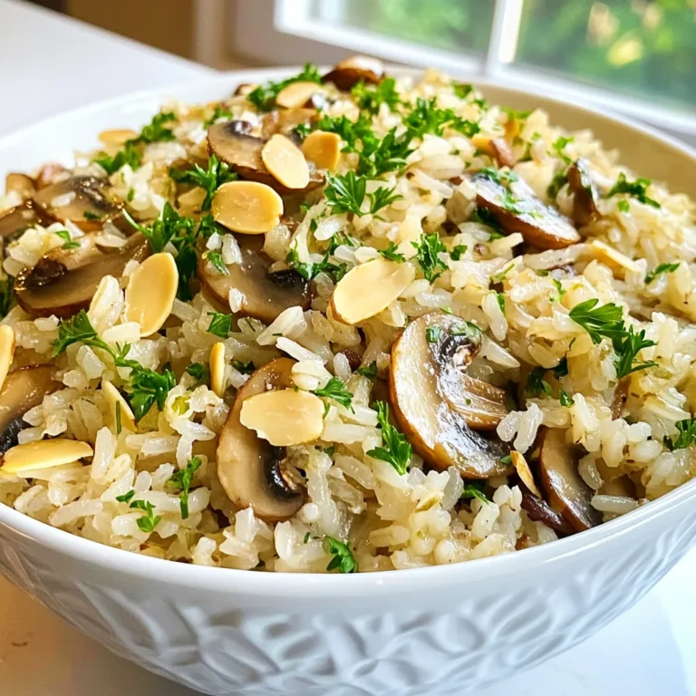 - 1 cup basmati rice - 2 cups vegetable broth - 1 cup mushrooms (cremini or button), sliced - 1 small onion, finely chopped - 2 cloves garlic, minced - 2 tablespoons olive oil - 1 teaspoon thyme (dry or fresh) - Salt and pepper to taste - 1/4 cup fresh parsley, chopped (for garnish) - 1/4 cup sliced almonds (toasted, optional for crunch) Each serving of Mushroom Rice Pilaf contains: - Calories: 250 - Protein: 5 grams - Carbohydrates: 42 grams - Fat: 8 grams - Fiber: 2 grams This dish is a great source of energy. It also offers a good mix of healthy fats and carbs. To make your Mushroom Rice Pilaf even better, consider these options: - Add 1/2 cup of peas for sweetness. - Mix in 1/4 cup of grated Parmesan cheese for creaminess. - Toss in 1/2 cup of diced bell peppers for extra color and crunch. - For a spicy kick, include red pepper flakes. These optional ingredients can enhance the dish’s taste and make it unique to your liking. Enjoy experimenting! {{ingredient_image_1}} To make Mushroom Rice Pilaf, start by rinsing 1 cup of basmati rice under cold water. Rinse until the water is clear. This step is key to getting fluffy rice. Next, heat 2 tablespoons of olive oil in a medium saucepan over medium heat. Add 1 small finely chopped onion and sauté for about 3-4 minutes. You want it to be soft and translucent. Now, add 2 cloves of minced garlic and 1 cup of sliced mushrooms. Cook this mixture for 5-7 minutes. Stir often, so the mushrooms brown nicely and release their moisture. Once the mushrooms are ready, stir in the rinsed rice for 2 minutes. This allows the rice to soak up all those great flavors. Pour in 2 cups of vegetable broth, then add 1 teaspoon of thyme, salt, and pepper to taste. Bring everything to a boil, then reduce the heat to a simmer. Cover the pan with a lid and let it cook for 15-18 minutes. You’ll know it’s done when the rice is tender and the liquid is absorbed. After cooking, take the pan off the heat and let it sit for 5 minutes. This resting period helps the rice become fluffier. Finally, fluff the rice with a fork and mix in 1/4 cup of chopped fresh parsley. If you like a crunch, sprinkle on 1/4 cup of toasted almonds. Rinsing rice is an important step. It removes excess starch. Starch can make rice sticky. Rinse the rice in a fine mesh strainer or bowl. Use cold water and swish the rice around with your hand. Keep rinsing until the water runs clear. This usually takes about 1-2 minutes. Proper rinsing is key for fluffy rice. Cooking times matter for perfect Mushroom Rice Pilaf. Sauté the onion for 3-4 minutes on medium heat. Then, cook the garlic and mushrooms for 5-7 minutes. After adding the broth and rice, bring it to a boil. Once boiling, lower the heat to a simmer and cover. Cook for 15-18 minutes. After cooking, let it rest for 5 minutes. Following these steps will ensure your dish turns out great. To make your rice fluffy, rinse it well. Rinse the basmati rice under cold water until the water runs clear. This removes extra starch. Extra starch can make the rice sticky. After rinsing, let the rice soak for about 10-15 minutes. This helps it cook evenly. When cooking, let the rice rest after it’s done. Cover it for 5 more minutes. This step helps the grains separate. Use a medium saucepan for cooking this dish. A saucepan with a tight-fitting lid is best. You’ll need a wooden spoon or spatula to stir. A measuring cup and a cutting board are also helpful. A knife for chopping the onion and garlic is essential. If you want to fluff the rice later, a fork works well. For toasting almonds, a small skillet is handy. Thyme adds a great touch to the pilaf. You can use dried or fresh thyme based on what you have. Fresh parsley gives it a bright finish. For more flavor, try adding bay leaves while cooking. If you enjoy heat, a pinch of red pepper flakes can spice it up. You can also add a squeeze of lemon for brightness. Experiment with these to find your favorite blend! Pro Tips Rinse Your Rice: Rinsing the basmati rice until the water runs clear helps remove excess starch, resulting in fluffier grains. Enhance Flavor: For an extra flavor boost, consider sautéing the mushrooms in a bit of butter along with the olive oil. Let It Rest: After cooking, let the rice sit covered for 5 minutes to allow the steam to finish the cooking process and enhance texture. Garnish Wisely: Adding fresh herbs and toasted nuts not only elevates the presentation but also adds depth in flavor and texture. {{image_2}} You can switch up the mushrooms in this dish. Each type adds a unique taste. For a richer flavor, try shiitake mushrooms. They give a nice earthy touch. If you want something milder, use button mushrooms. They are easy to find and work well. Mix different types for a fun twist. You can use oyster or portobello mushrooms too. Each choice changes the flavor but keeps it delicious. Making this dish vegetarian or vegan is simple. Use vegetable broth instead of chicken broth. It keeps the dish plant-based. You can skip the almonds or replace them with seeds for crunch. If you want a creamier texture, add a splash of coconut milk. This change adds a hint of sweetness. For extra protein, toss in some cooked lentils. They blend well with the rice and mushrooms. You can add more ingredients to make your pilaf unique. Try mixing in some peas or carrots for color. These veggies add nutrients and a sweet taste. For a spicy kick, add red pepper flakes. You can also stir in some spinach at the end for a fresh touch. If you love herbs, add fresh basil or dill. These herbs brighten the dish and add aroma. Use your creativity to make your pilaf stand out! To store leftover Mushroom Rice Pilaf, first let it cool. Place it in an airtight container. Make sure to keep it in the fridge. It will stay fresh for about 3-4 days. If you want to keep it longer, freezing is a great option. When reheating, add a splash of vegetable broth or water. This keeps the rice moist. Heat it in a pan over low heat, stirring gently. You can also use a microwave. Cover the bowl with a damp paper towel for even heating. This method helps keep the flavors bright. To freeze, scoop the pilaf into freezer-safe bags. Remove as much air as possible, then seal tightly. Label the bags with the date. Mushroom Rice Pilaf can last for up to 3 months in the freezer. To eat, thaw it overnight in the fridge before reheating. This keeps the taste fresh and delicious. You can serve Mushroom Rice Pilaf with many dishes. It pairs well with roasted chicken or grilled fish. Try it alongside sautéed vegetables for a healthy meal. You can also serve it with a fresh salad. It adds a nice touch to any festive dinner. To prepare Mushroom Rice Pilaf ahead, cook it as usual. After cooking, let it cool completely. Store it in an airtight container in the fridge. It stays fresh for up to three days. When ready to serve, reheat it on the stove or in the microwave. Add a splash of broth to keep it moist. Yes, Mushroom Rice Pilaf is gluten-free. The main ingredient, basmati rice, contains no gluten. Just ensure that your vegetable broth is also gluten-free. This makes it a safe choice for those with gluten sensitivities. Enjoy it without worry! Mushroom Rice Pilaf offers great flavor and texture. We’ve covered ingredients, cooking steps, and helpful tips to make this dish shine. Variations let you customize to your taste, while proper storage keeps leftovers fresh. Enjoy this dish with your favorite sides or make it ahead for easy meals. Balancing nutrition with great flavor, this recipe checks all the boxes. Whether it’s for a cozy dinner or a meal prep idea, you’re set to impress. Go ahead and try it out!