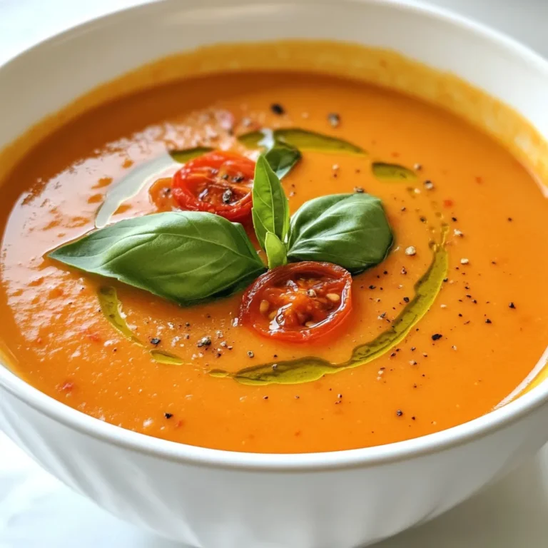 - 2 lbs ripe tomatoes, halved - 1 medium onion, quartered - 4 cloves garlic, peeled - 2 tablespoons olive oil - 1 teaspoon dried basil - 1 teaspoon dried oregano - 1 teaspoon sugar - Salt and pepper to taste - 2 cups vegetable broth - ½ cup heavy cream (optional for creaminess) - Fresh basil leaves for garnish This soup has simple yet fresh ingredients. You want ripe tomatoes. They should be firm but soft enough to squeeze. A medium onion adds sweetness. Garlic brings depth to the flavor. Olive oil helps to roast the veggies. It also adds richness to the soup. Spices like basil and oregano give it a warm taste. Sugar balances the acidity of the tomatoes. Salt and pepper add the finishing touch. For the broth, vegetable broth works best. It keeps the soup light. If you want a creamy texture, heavy cream can be added. Fresh basil leaves will elevate the dish when served. Gather these ingredients before starting. Having everything ready makes cooking easier. Each ingredient plays a role in creating the perfect flavor. {{ingredient_image_1}} - Preheat your oven to 400°F (200°C). - Arrange 2 lbs of halved ripe tomatoes, 1 quartered onion, and 4 peeled garlic cloves on a baking sheet. To get the best flavor, preheating is key. This step helps roast the veggies evenly. When you arrange them, make sure they have space. This way, they will caramelize well. - Drizzle 2 tablespoons of olive oil over the vegetables. - Sprinkle with 1 teaspoon each of dried basil, dried oregano, 1 teaspoon of sugar, salt, and pepper to taste. - Roast for 30-35 minutes until caramelized. The olive oil and spices bring out the natural sweetness. It’s important to toss the veggies well with the oil and spices. This makes sure every piece is coated. Watch them closely as they roast. You want them soft and slightly browned. - Transfer the roasted vegetables to a pot. - Add 2 cups of vegetable broth and bring to a simmer over medium heat. - Use an immersion blender to puree the mixture until smooth. - Stir in ½ cup of heavy cream (if using) and adjust seasoning. After blending, you can control the texture. If you want it smoother, blend more. Let it cook on low for an additional 5-10 minutes. This step deepens the flavors. Finally, serve hot and garnish with fresh basil leaves for a touch of brightness. To roast tomatoes well, use ripe ones. Ripe tomatoes have more flavor. Cut them in half for even cooking. Pair them with onion and garlic for depth. Use a large baking sheet to avoid crowding. This helps with caramelization. Roast at 400°F (200°C) for 30-35 minutes. If your oven runs hot, check them earlier. Darker spots on the tomatoes mean they are caramelizing well. A little char adds great taste. For blending, I recommend using an immersion blender. It’s easy and quick. You can blend right in the pot. This saves time and cleanup. If you prefer a regular blender, let the soup cool first. Hot soup can splash and make a mess. Blend in batches for safety. For a smooth soup, blend until no chunks remain. For a chunkier texture, blend less. To boost flavor, think about spices. Add a pinch of red pepper flakes for heat. A dash of balsamic vinegar adds depth too. Top your soup with fresh herbs. Chopped basil or chives work well. A drizzle of olive oil adds richness. For a touch of creaminess, swirl in some heavy cream. Enjoy the layers of flavor you can create! Pro Tips Choose the Right Tomatoes: For the best flavor, opt for ripe, in-season tomatoes. Heirloom varieties can add a unique taste to your soup. Enhance with Fresh Herbs: While dried herbs work great, adding fresh basil or oregano just before serving can elevate the flavor profile significantly. Adjust Consistency: If you prefer a thicker soup, reduce the amount of broth or add a bit more roasted tomato. For a creamier texture, blend in more heavy cream. Serve with Crusty Bread: This soup pairs wonderfully with crusty bread or grilled cheese sandwiches for a complete meal experience. {{image_2}} You can easily adjust the creaminess of your roasted tomato soup. If you want it creamy, add heavy cream after blending the soup. Use about ½ cup for a rich taste. For a lighter version, skip the cream. If you prefer dairy-free options, use coconut milk or cashew cream. Both give a nice texture without dairy. They add a subtle flavor that works well with the tomatoes. You can make this soup even better by adding more ingredients. Try throwing in some diced bell peppers or carrots before roasting. These veggies add sweetness and depth. For a fresh herbal twist, mix in some fresh thyme or parsley. You can also use a bit of red pepper flakes for heat. These additions make the soup unique and fun. Roasted tomato soup pairs great with many foods. Serve it with crusty bread for dipping. A grilled cheese sandwich also makes a classic combo. For a lighter meal, try a fresh salad on the side. A simple green salad with a lemon vinaigrette complements the soup well. Enjoy your meal with these tasty pairings! To store your roasted tomato soup safely, let it cool first. Once cool, pour the soup into an airtight container. This helps keep the soup fresh and free from odors. Make sure you seal the container tightly. Label it with the date you made it. This way, you can track how long it has been stored. Freezing is a great way to save your soup for later. Cool the soup completely before transferring it to freezer-safe containers. Leave some space at the top, as soup expands when frozen. You can also use freezer bags for easier storage. When you want to eat it, thaw the soup in the fridge overnight. To reheat, warm it slowly on the stove. Stir it often to keep it smooth. In the fridge, your roasted tomato soup will last about 4 to 5 days. If you freeze it, it can last up to 3 months. Always check for signs of spoilage before eating. If it smells off or looks strange, it's best to toss it. By following these steps, you can enjoy your delicious soup whenever you like! To make roasted tomato soup, start by roasting fresh veggies. You will need ripe tomatoes, onion, and garlic. Preheat your oven to 400°F (200°C). Arrange the halved tomatoes, quartered onion, and garlic cloves on a baking sheet. Drizzle with olive oil and sprinkle with spices like basil and oregano. Roast for about 30 to 35 minutes until soft. Once roasted, transfer everything into a pot. Add vegetable broth and simmer. Use an immersion blender to puree until smooth. If you want a creamier soup, stir in heavy cream at the end. Yes, you can use canned tomatoes if fresh ones are not available. Canned tomatoes are often already cooked, so adjust your cooking time. Drain any excess liquid from the can to avoid a watery soup. You’ll miss some of the roasted flavor, but the soup will still taste great. To serve more people, simply multiply all the ingredients. If the original recipe serves four, double everything for eight servings. Keep the cooking time the same, but check for doneness. The soup should be thick and flavorful, so adjust the broth as needed. This article shares a simple roasted tomato soup recipe. We covered the ingredients, from ripe tomatoes to spices. You learned how to roast and blend the vegetables for rich, tasty flavors. Plus, I shared tips for perfect texture and flavor boosts. Remember, this soup can be adjusted to fit your taste. It stores well and can be frozen easily. Enjoy making this healthy meal that warms your soul and delights your taste buds. Better yet, share your soup experience with family and friends!