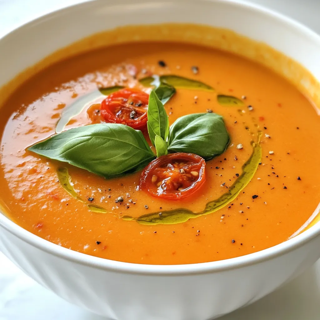 - 2 lbs ripe tomatoes, halved - 1 medium onion, quartered - 4 cloves garlic, peeled - 2 tablespoons olive oil - 1 teaspoon dried basil - 1 teaspoon dried oregano - 1 teaspoon sugar - Salt and pepper to taste - 2 cups vegetable broth - ½ cup heavy cream (optional for creaminess) - Fresh basil leaves for garnish This soup has simple yet fresh ingredients. You want ripe tomatoes. They should be firm but soft enough to squeeze. A medium onion adds sweetness. Garlic brings depth to the flavor. Olive oil helps to roast the veggies. It also adds richness to the soup. Spices like basil and oregano give it a warm taste. Sugar balances the acidity of the tomatoes. Salt and pepper add the finishing touch. For the broth, vegetable broth works best. It keeps the soup light. If you want a creamy texture, heavy cream can be added. Fresh basil leaves will elevate the dish when served. Gather these ingredients before starting. Having everything ready makes cooking easier. Each ingredient plays a role in creating the perfect flavor. {{ingredient_image_1}} - Preheat your oven to 400°F (200°C). - Arrange 2 lbs of halved ripe tomatoes, 1 quartered onion, and 4 peeled garlic cloves on a baking sheet. To get the best flavor, preheating is key. This step helps roast the veggies evenly. When you arrange them, make sure they have space. This way, they will caramelize well. - Drizzle 2 tablespoons of olive oil over the vegetables. - Sprinkle with 1 teaspoon each of dried basil, dried oregano, 1 teaspoon of sugar, salt, and pepper to taste. - Roast for 30-35 minutes until caramelized. The olive oil and spices bring out the natural sweetness. It’s important to toss the veggies well with the oil and spices. This makes sure every piece is coated. Watch them closely as they roast. You want them soft and slightly browned. - Transfer the roasted vegetables to a pot. - Add 2 cups of vegetable broth and bring to a simmer over medium heat. - Use an immersion blender to puree the mixture until smooth. - Stir in ½ cup of heavy cream (if using) and adjust seasoning. After blending, you can control the texture. If you want it smoother, blend more. Let it cook on low for an additional 5-10 minutes. This step deepens the flavors. Finally, serve hot and garnish with fresh basil leaves for a touch of brightness. To roast tomatoes well, use ripe ones. Ripe tomatoes have more flavor. Cut them in half for even cooking. Pair them with onion and garlic for depth. Use a large baking sheet to avoid crowding. This helps with caramelization. Roast at 400°F (200°C) for 30-35 minutes. If your oven runs hot, check them earlier. Darker spots on the tomatoes mean they are caramelizing well. A little char adds great taste. For blending, I recommend using an immersion blender. It’s easy and quick. You can blend right in the pot. This saves time and cleanup. If you prefer a regular blender, let the soup cool first. Hot soup can splash and make a mess. Blend in batches for safety. For a smooth soup, blend until no chunks remain. For a chunkier texture, blend less. To boost flavor, think about spices. Add a pinch of red pepper flakes for heat. A dash of balsamic vinegar adds depth too. Top your soup with fresh herbs. Chopped basil or chives work well. A drizzle of olive oil adds richness. For a touch of creaminess, swirl in some heavy cream. Enjoy the layers of flavor you can create! Pro Tips Choose the Right Tomatoes: For the best flavor, opt for ripe, in-season tomatoes. Heirloom varieties can add a unique taste to your soup. Enhance with Fresh Herbs: While dried herbs work great, adding fresh basil or oregano just before serving can elevate the flavor profile significantly. Adjust Consistency: If you prefer a thicker soup, reduce the amount of broth or add a bit more roasted tomato. For a creamier texture, blend in more heavy cream. Serve with Crusty Bread: This soup pairs wonderfully with crusty bread or grilled cheese sandwiches for a complete meal experience. {{image_2}} You can easily adjust the creaminess of your roasted tomato soup. If you want it creamy, add heavy cream after blending the soup. Use about ½ cup for a rich taste. For a lighter version, skip the cream. If you prefer dairy-free options, use coconut milk or cashew cream. Both give a nice texture without dairy. They add a subtle flavor that works well with the tomatoes. You can make this soup even better by adding more ingredients. Try throwing in some diced bell peppers or carrots before roasting. These veggies add sweetness and depth. For a fresh herbal twist, mix in some fresh thyme or parsley. You can also use a bit of red pepper flakes for heat. These additions make the soup unique and fun. Roasted tomato soup pairs great with many foods. Serve it with crusty bread for dipping. A grilled cheese sandwich also makes a classic combo. For a lighter meal, try a fresh salad on the side. A simple green salad with a lemon vinaigrette complements the soup well. Enjoy your meal with these tasty pairings! To store your roasted tomato soup safely, let it cool first. Once cool, pour the soup into an airtight container. This helps keep the soup fresh and free from odors. Make sure you seal the container tightly. Label it with the date you made it. This way, you can track how long it has been stored. Freezing is a great way to save your soup for later. Cool the soup completely before transferring it to freezer-safe containers. Leave some space at the top, as soup expands when frozen. You can also use freezer bags for easier storage. When you want to eat it, thaw the soup in the fridge overnight. To reheat, warm it slowly on the stove. Stir it often to keep it smooth. In the fridge, your roasted tomato soup will last about 4 to 5 days. If you freeze it, it can last up to 3 months. Always check for signs of spoilage before eating. If it smells off or looks strange, it's best to toss it. By following these steps, you can enjoy your delicious soup whenever you like! To make roasted tomato soup, start by roasting fresh veggies. You will need ripe tomatoes, onion, and garlic. Preheat your oven to 400°F (200°C). Arrange the halved tomatoes, quartered onion, and garlic cloves on a baking sheet. Drizzle with olive oil and sprinkle with spices like basil and oregano. Roast for about 30 to 35 minutes until soft. Once roasted, transfer everything into a pot. Add vegetable broth and simmer. Use an immersion blender to puree until smooth. If you want a creamier soup, stir in heavy cream at the end. Yes, you can use canned tomatoes if fresh ones are not available. Canned tomatoes are often already cooked, so adjust your cooking time. Drain any excess liquid from the can to avoid a watery soup. You’ll miss some of the roasted flavor, but the soup will still taste great. To serve more people, simply multiply all the ingredients. If the original recipe serves four, double everything for eight servings. Keep the cooking time the same, but check for doneness. The soup should be thick and flavorful, so adjust the broth as needed. This article shares a simple roasted tomato soup recipe. We covered the ingredients, from ripe tomatoes to spices. You learned how to roast and blend the vegetables for rich, tasty flavors. Plus, I shared tips for perfect texture and flavor boosts. Remember, this soup can be adjusted to fit your taste. It stores well and can be frozen easily. Enjoy making this healthy meal that warms your soul and delights your taste buds. Better yet, share your soup experience with family and friends!