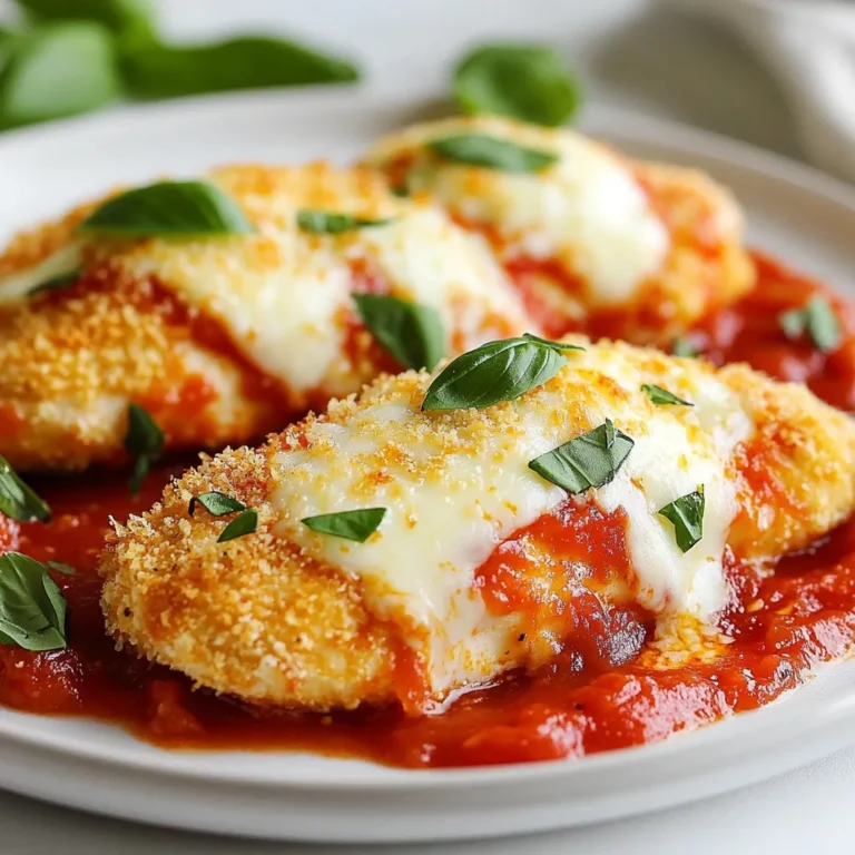 - 2 boneless, skinless chicken breasts - 1 cup breadcrumbs (preferably panko for extra crispiness) - 1/2 cup grated Parmesan cheese - 1 teaspoon garlic powder - 1 teaspoon dried oregano - 1/2 teaspoon salt - 1/2 teaspoon black pepper - 1 cup marinara sauce - 1 cup shredded mozzarella cheese - Fresh basil leaves for garnish (optional) When I make air fryer chicken Parmesan, I focus on fresh, quality ingredients. The chicken needs to be boneless and skinless for easy cooking. I love panko breadcrumbs because they give a nice crunch. Using grated Parmesan cheese adds a rich flavor that pairs well with the chicken. Next, I mix garlic powder, oregano, salt, and black pepper into the breadcrumbs. This blend gives the chicken a nice, savory taste. Even a small dash of these spices can make a big difference. For toppings, marinara sauce is key. It adds moisture and flavor to each bite. I also sprinkle shredded mozzarella cheese on top. It melts beautifully and creates that classic cheesy layer. Lastly, I like to add fresh basil leaves for a bright finish. They add color and a burst of flavor. Each ingredient plays a role in making this dish a hit. {{ingredient_image_1}} First, preheat your air fryer to 400°F (200°C). This step is key for getting that crispy texture. The hot air will cook the chicken evenly and give it a nice golden color. Next, let's mix the breadcrumb mixture. In a shallow bowl, combine: - 1 cup breadcrumbs (preferably panko for extra crispiness) - 1/2 cup grated Parmesan cheese - 1 teaspoon garlic powder - 1 teaspoon dried oregano - 1/2 teaspoon salt - 1/2 teaspoon black pepper Mix these well to combine all the flavors. In another bowl, beat 1 large egg. This will help the breadcrumbs stick. Dip each chicken breast into the egg, making sure to coat it fully. Then, transfer it to the breadcrumb mixture. Press down firmly to coat both sides evenly. This step is crucial for that crunchy crust you want. Now, it’s time to air fry the chicken. Place the coated chicken breasts in the air fryer basket in a single layer. You may need to cook in batches if your fryer is small. Air fry the chicken at 400°F (200°C) for 10 minutes. After 10 minutes, carefully flip the chicken breasts over. Air fry for another 5 minutes. Check that they are golden brown and cooked through. The internal temperature should reach 165°F. Once cooked, remove the chicken from the air fryer. Spoon marinara sauce over each piece. Sprinkle a generous amount of shredded mozzarella cheese on top. Return the chicken to the air fryer and cook for an additional 2-3 minutes. This step melts the cheese and makes it bubbly. Carefully remove the chicken and let it rest for a couple of minutes. If you like, garnish with fresh basil leaves. Enjoy your crispy, delicious Air Fryer Chicken Parmesan! To get that crispy coating, I recommend using panko breadcrumbs. They are light and airy, giving a great crunch. You can also mix in some grated Parmesan cheese for extra flavor. When coating the chicken, dip it in the beaten egg first. Make sure it’s fully covered. This step helps the breadcrumbs stick better. Then, place the chicken in the breadcrumb mixture. Press down firmly on both sides. This ensures that every bit gets coated well. The air fryer has limited space. If you have two chicken breasts, cook them in a single layer. If they don’t fit, cook in batches. This way, each piece gets even heat and crispiness. Make sure to leave some space between the chicken pieces. This helps air circulate and cook the chicken evenly. To know if your chicken is done, check the internal temperature. It should reach 165°F (75°C). Use a meat thermometer for accuracy. This ensures the chicken is safe to eat and perfectly cooked. With these tips, your Air Fryer Chicken Parmesan will be a hit! Enjoy the crispy delight. Pro Tips Choose the Right Breadcrumbs: Using panko breadcrumbs will give your chicken a much crispier texture compared to regular breadcrumbs. Don’t Overcrowd the Air Fryer: Make sure to leave enough space between the chicken breasts in the air fryer for even cooking and maximum crispiness. Check for Doneness: Always use a meat thermometer to ensure the internal temperature of the chicken reaches 165°F for safe consumption. Let it Rest: Allow the chicken to rest for a couple of minutes after cooking; this helps the juices redistribute, making it more tender and flavorful. {{image_2}} You can switch up the chicken breasts for other cuts. Chicken thighs or tenders work great! They add more flavor and stay juicy. Just follow the same steps for coating and cooking. The cooking time may change slightly. Always check they reach 165°F inside. Want a meat-free meal? Try eggplant or zucchini! Cut them into thick slices. Then, coat them just like the chicken. Eggplant gives a nice texture, while zucchini adds a fresh taste. Air fry them until golden brown, about 10 to 15 minutes. Top with marinara and cheese for a tasty dish. Want to spice things up? Add extra flavors to your coating! Mix in some paprika or Italian seasoning. You can also try garlic salt for a bolder taste. Fresh herbs like parsley or thyme can bring brightness. Experiment until you find your favorite mix! To keep your Air Fryer Chicken Parmesan fresh, store it in the fridge. Place leftovers in an airtight container. This will keep moisture in and prevent the chicken from drying out. You can store it for up to three days. Always allow the chicken to cool before sealing it. The best way to reheat your chicken is in the air fryer. Set the air fryer to 350°F (175°C) and cook for about five minutes. This method keeps the chicken crispy while warming it through. You can also use a microwave, but it may make the coating less crispy. If you want to freeze your chicken, let it cool completely first. Wrap each piece tightly in plastic wrap, then place them in a freezer-safe bag. This will help prevent freezer burn. You can freeze it for up to three months. To thaw, move it to the fridge overnight before reheating. Cooking chicken breasts in an air fryer usually takes about 15 minutes. First, air fry for 10 minutes at 400°F (200°C). Then, flip the chicken and cook for another 5 minutes. Always check that the inside reaches 165°F to ensure it’s safe to eat. Yes, you can make Air Fryer Chicken Parmesan without breadcrumbs. For gluten-free options, try crushed nuts, like almonds or walnuts. You can also use ground oats or cornmeal for a different texture. These alternatives still give great flavor and crunch. You have many choices for sides! A fresh salad pairs well with the chicken. Garlic bread adds a nice touch, too. You might also enjoy pasta with marinara sauce. Roasted veggies or steamed broccoli are healthy options that balance the dish. This blog post covered how to make Air Fryer Chicken Parmesan. We discussed the key ingredients, like chicken breasts, breadcrumbs, and marinara sauce. You learned the steps to prepare and cook the dish, ensuring a crispy coating. We also explored tips for storage and variations, so you can make it your own. Trying this recipe can bring fun and flavor to your meals. Enjoy crafting your version of this tasty dish!