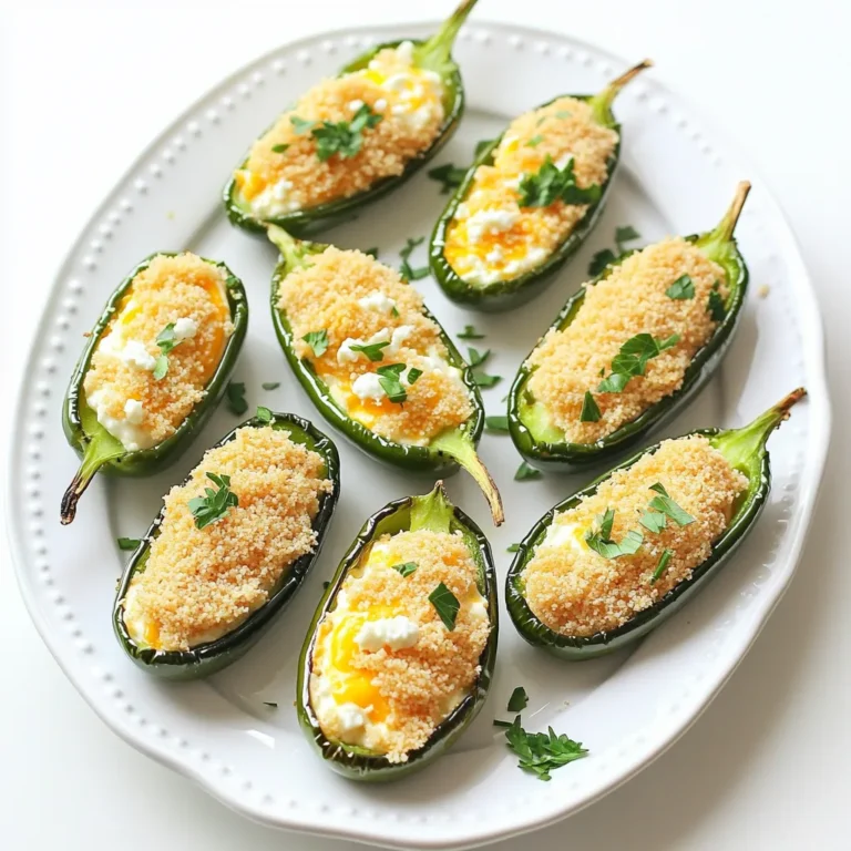 - 12 fresh jalapeños, halved and seeded - 1 cup cream cheese, softened - 1/2 cup shredded sharp cheddar cheese - 1/4 cup crumbled feta cheese - 1 tablespoon garlic powder - 1 teaspoon onion powder - 1/2 teaspoon smoked paprika - 1/4 teaspoon black pepper - 1/2 cup panko breadcrumbs - 2 tablespoons olive oil - Fresh parsley or cilantro for garnish (optional) If you need options for cream cheese, you can try Greek yogurt or vegan cream cheese. For cheese, mozzarella or pepper jack works great, adding a nice twist. When it comes to breadcrumbs, you can use regular bread crumbs or crushed cornflakes. These swaps can give you new flavors while keeping the dish fun and tasty! 1. Preheat the air fryer: Start by setting your air fryer to 375°F (190°C). This ensures even cooking and crispy bites. 2. Prepare the filling for jalapeños: In a mixing bowl, combine 1 cup of softened cream cheese, 1/2 cup of shredded sharp cheddar cheese, and 1/4 cup of crumbled feta cheese. Add 1 tablespoon of garlic powder, 1 teaspoon of onion powder, 1/2 teaspoon of smoked paprika, and 1/4 teaspoon of black pepper. Mix until everything blends well. This filling is creamy and flavorful. - How to properly fill jalapeño halves: Take your halved jalapeños and fill each half generously with the cheese mixture. Make sure to pack it in well to avoid gaps. - Tips for avoiding spillage: Use a small spoon or spatula to help push the filling into each half. If you fill them too much, the filling may overflow. - Cooking times and temperatures: Place the filled jalapeños in the air fryer basket in a single layer. Cook for about 10-12 minutes. You want them golden and bubbly. - How to check for doneness: Look for the cheese to be melted and the breadcrumbs to be golden brown. If they're not ready, keep them cooking for another minute or two. Enjoy the aroma! To get even cooking in your air fryer, arrange the jalapeño popper bites in a single layer. This helps the hot air flow freely around each piece. If you overcrowd the basket, they may not crisp up well. For heat management, preheat your air fryer to 375°F (190°C) before cooking. The right temperature ensures your bites cook through while keeping the breadcrumbs golden. Adjust the cooking time if you prefer them extra crispy. For a fun twist, serve your jalapeño popper bites on a colorful platter. You can add a dollop of sour cream or ranch dressing in the center for dipping. Fresh herbs like parsley or cilantro can make your dish look fancy. Try pairing the bites with spicy salsas or creamy avocado dip for an added kick. These options enhance the flavor and make the snack more exciting. If you're hosting a party, you can easily double the recipe. Just make sure your air fryer can handle the extra servings. Cook in batches if needed, and keep the first batch warm in the oven. Meal prepping jalapeño popper bites is also a great idea. You can fill and coat them ahead of time. Just store them in the fridge until you’re ready to cook. This makes it simple to serve delicious snacks when guests arrive. {{image_2}} You can boost the flavor of jalapeño popper bites with spices. Try adding cayenne pepper for extra heat. A pinch of chili powder can give a nice kick. You can also mix in cooked bacon or sausage. These ingredients add a savory depth that pairs well with the cheese. If you want a vegan version, you can swap cream cheese. Use cashew cream or a store-bought vegan cream cheese. For the cheeses, try nutritional yeast for a cheesy flavor. Use crushed nuts or seeds for the breading. This gives a nice crunch without dairy. You don’t have to use an air fryer. Baking is a great option too. Preheat your oven to 375°F (190°C). Place the jalapeño bites on a baking sheet. Bake for 15-20 minutes until golden and bubbly. Grilling is also fun! Cook them over medium heat for about 10 minutes. Flip them halfway for even cooking. Each method brings out unique flavors. Explore them all! After enjoying your jalapeño popper bites, store any extras in the fridge. Place them in an airtight container. They will stay fresh for about three days. If you want to save them longer, you can freeze them. Wrap each piece in plastic wrap and then place them in a freezer bag. They will last up to three months in the freezer. To keep your jalapeño popper bites crispy, reheat them in the air fryer. Set the air fryer to 350°F (175°C) and heat for about five minutes. This method helps restore their crunch. Avoid using the microwave, as this can make them soggy. If you must use the microwave, heat them in short bursts, checking often to prevent moisture build-up. In the fridge, jalapeño poppers are good for three days. After that, they may spoil. Look for changes in smell, texture, or discoloration as signs of spoilage. If they smell off or have a mushy texture, it’s best to toss them. Enjoying them fresh is always the best choice! Can I make them ahead of time? Yes, you can prepare the jalapeño popper bites ahead. Just fill the jalapeños and coat them with breadcrumbs. Place them in the fridge until you're ready to cook. This saves time when you want to serve them. Are these jalapeño poppers spicy? The spice level depends on the jalapeños you use. Some are mild, while others pack a punch. If you prefer less heat, choose milder peppers or remove all the seeds and membranes. What to do if the filling leaks out while cooking? If the filling leaks, it’s often due to overfilling. Make sure you fill each half just enough. If it still leaks, try using a toothpick to secure the halves together. How to prevent burnt breadcrumbs? To avoid burnt breadcrumbs, coat them lightly with olive oil. This helps them crisp up without burning. Keep an eye on them as they cook. If they brown too quickly, lower the temperature slightly. How many servings per recipe? This recipe makes about four servings. Each serving has three to four popper bites, depending on how hungry you are. What to serve with jalapeño popper bites? Serve these bites with sour cream or ranch dressing for dipping. Fresh veggies or a light salad also pair nicely. Enjoy them as a fun appetizer at your next gathering! In this blog post, we've explored making tasty jalapeño popper bites. You learned the key ingredients, like cream cheese and sharp cheddar, and how to prep them. We covered tips for cooking in the air fryer and even ideas for variations. You can make these bites for a crowd or try different flavors. Remember to store any leftovers properly to keep them fresh. With these steps, you can create delicious treats that will impress everyone. Enjoy cooking and sharing your jalapeño poppers!