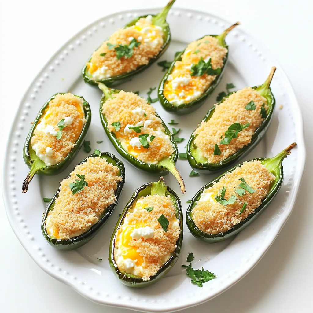 - 12 fresh jalapeños, halved and seeded - 1 cup cream cheese, softened - 1/2 cup shredded sharp cheddar cheese - 1/4 cup crumbled feta cheese - 1 tablespoon garlic powder - 1 teaspoon onion powder - 1/2 teaspoon smoked paprika - 1/4 teaspoon black pepper - 1/2 cup panko breadcrumbs - 2 tablespoons olive oil - Fresh parsley or cilantro for garnish (optional) If you need options for cream cheese, you can try Greek yogurt or vegan cream cheese. For cheese, mozzarella or pepper jack works great, adding a nice twist. When it comes to breadcrumbs, you can use regular bread crumbs or crushed cornflakes. These swaps can give you new flavors while keeping the dish fun and tasty! 1. Preheat the air fryer: Start by setting your air fryer to 375°F (190°C). This ensures even cooking and crispy bites. 2. Prepare the filling for jalapeños: In a mixing bowl, combine 1 cup of softened cream cheese, 1/2 cup of shredded sharp cheddar cheese, and 1/4 cup of crumbled feta cheese. Add 1 tablespoon of garlic powder, 1 teaspoon of onion powder, 1/2 teaspoon of smoked paprika, and 1/4 teaspoon of black pepper. Mix until everything blends well. This filling is creamy and flavorful. - How to properly fill jalapeño halves: Take your halved jalapeños and fill each half generously with the cheese mixture. Make sure to pack it in well to avoid gaps. - Tips for avoiding spillage: Use a small spoon or spatula to help push the filling into each half. If you fill them too much, the filling may overflow. - Cooking times and temperatures: Place the filled jalapeños in the air fryer basket in a single layer. Cook for about 10-12 minutes. You want them golden and bubbly. - How to check for doneness: Look for the cheese to be melted and the breadcrumbs to be golden brown. If they're not ready, keep them cooking for another minute or two. Enjoy the aroma! To get even cooking in your air fryer, arrange the jalapeño popper bites in a single layer. This helps the hot air flow freely around each piece. If you overcrowd the basket, they may not crisp up well. For heat management, preheat your air fryer to 375°F (190°C) before cooking. The right temperature ensures your bites cook through while keeping the breadcrumbs golden. Adjust the cooking time if you prefer them extra crispy. For a fun twist, serve your jalapeño popper bites on a colorful platter. You can add a dollop of sour cream or ranch dressing in the center for dipping. Fresh herbs like parsley or cilantro can make your dish look fancy. Try pairing the bites with spicy salsas or creamy avocado dip for an added kick. These options enhance the flavor and make the snack more exciting. If you're hosting a party, you can easily double the recipe. Just make sure your air fryer can handle the extra servings. Cook in batches if needed, and keep the first batch warm in the oven. Meal prepping jalapeño popper bites is also a great idea. You can fill and coat them ahead of time. Just store them in the fridge until you’re ready to cook. This makes it simple to serve delicious snacks when guests arrive. {{image_2}} You can boost the flavor of jalapeño popper bites with spices. Try adding cayenne pepper for extra heat. A pinch of chili powder can give a nice kick. You can also mix in cooked bacon or sausage. These ingredients add a savory depth that pairs well with the cheese. If you want a vegan version, you can swap cream cheese. Use cashew cream or a store-bought vegan cream cheese. For the cheeses, try nutritional yeast for a cheesy flavor. Use crushed nuts or seeds for the breading. This gives a nice crunch without dairy. You don’t have to use an air fryer. Baking is a great option too. Preheat your oven to 375°F (190°C). Place the jalapeño bites on a baking sheet. Bake for 15-20 minutes until golden and bubbly. Grilling is also fun! Cook them over medium heat for about 10 minutes. Flip them halfway for even cooking. Each method brings out unique flavors. Explore them all! After enjoying your jalapeño popper bites, store any extras in the fridge. Place them in an airtight container. They will stay fresh for about three days. If you want to save them longer, you can freeze them. Wrap each piece in plastic wrap and then place them in a freezer bag. They will last up to three months in the freezer. To keep your jalapeño popper bites crispy, reheat them in the air fryer. Set the air fryer to 350°F (175°C) and heat for about five minutes. This method helps restore their crunch. Avoid using the microwave, as this can make them soggy. If you must use the microwave, heat them in short bursts, checking often to prevent moisture build-up. In the fridge, jalapeño poppers are good for three days. After that, they may spoil. Look for changes in smell, texture, or discoloration as signs of spoilage. If they smell off or have a mushy texture, it’s best to toss them. Enjoying them fresh is always the best choice! Can I make them ahead of time? Yes, you can prepare the jalapeño popper bites ahead. Just fill the jalapeños and coat them with breadcrumbs. Place them in the fridge until you're ready to cook. This saves time when you want to serve them. Are these jalapeño poppers spicy? The spice level depends on the jalapeños you use. Some are mild, while others pack a punch. If you prefer less heat, choose milder peppers or remove all the seeds and membranes. What to do if the filling leaks out while cooking? If the filling leaks, it’s often due to overfilling. Make sure you fill each half just enough. If it still leaks, try using a toothpick to secure the halves together. How to prevent burnt breadcrumbs? To avoid burnt breadcrumbs, coat them lightly with olive oil. This helps them crisp up without burning. Keep an eye on them as they cook. If they brown too quickly, lower the temperature slightly. How many servings per recipe? This recipe makes about four servings. Each serving has three to four popper bites, depending on how hungry you are. What to serve with jalapeño popper bites? Serve these bites with sour cream or ranch dressing for dipping. Fresh veggies or a light salad also pair nicely. Enjoy them as a fun appetizer at your next gathering! In this blog post, we've explored making tasty jalapeño popper bites. You learned the key ingredients, like cream cheese and sharp cheddar, and how to prep them. We covered tips for cooking in the air fryer and even ideas for variations. You can make these bites for a crowd or try different flavors. Remember to store any leftovers properly to keep them fresh. With these steps, you can create delicious treats that will impress everyone. Enjoy cooking and sharing your jalapeño poppers!