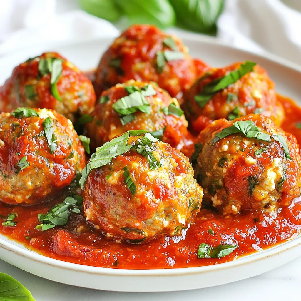 To make low-carb ricotta meatballs, gather the following ingredients: - 1 cup ricotta cheese - 1 lb ground beef (or ground turkey for a lighter option) - 1/2 cup almond flour - 1/4 cup grated Parmesan cheese - 1 egg - 2 cloves garlic, minced - 1 teaspoon Italian seasoning - 1/2 teaspoon salt - 1/4 teaspoon black pepper - 1 cup marinara sauce (low-carb option) - Fresh basil leaves, for garnish These meatballs fit well into a low-carb diet. Each serving has about: - 320 calories - 25 grams of protein - 8 grams of carbs - 5 grams of fiber This makes the net carbs around 3 grams per serving. They offer great protein and healthy fats, perfect for keeping you full. You can customize this recipe to fit your taste or diet. Here are some swaps: - Ground turkey: Use this for a leaner meatball option. - Almond flour: You can swap this with coconut flour, but use less. - Low-carb marinara: Make sure to pick a sauce with no added sugars. - Herbs: Fresh herbs can boost flavor. Try parsley or oregano. These substitutions keep the dish low in carbs while adding variety. {{ingredient_image_1}} Start by gathering all your ingredients. You need ricotta cheese, ground beef or turkey, almond flour, Parmesan, an egg, garlic, and spices. Preheat your oven to 400°F (200°C) and line a baking sheet with parchment paper. This helps with cleanup later. In a big bowl, add your ricotta cheese, ground beef, almond flour, Parmesan cheese, egg, minced garlic, Italian seasoning, salt, and black pepper. Mix everything well with your hands. Once mixed, form the meat into balls about 1.5 inches wide. Place the meatballs on your lined baking sheet. Bake them for 20-25 minutes until they are brown and cooked through. While the meatballs bake, heat the marinara sauce in a small pot over medium heat until warm. After baking, gently put the meatballs in the warm sauce to coat them. Serve hot and garnish with fresh basil leaves. To keep your meatballs moist, do not overmix the meat. Mix just until combined. Use ricotta cheese for a creamy texture. Almond flour helps bind the meatballs without adding carbs. If you want firmer meatballs, add a bit more almond flour. Always check the meatballs for doneness; they should reach an internal temperature of 160°F (71°C). To keep your meatballs moist, use ricotta cheese. It adds creaminess and flavor. Mixing in ground beef or turkey also helps. The fat in the meat retains moisture during cooking. Avoid overmixing your meatball mixture. This can make them tough. Form your meatballs gently for a tender texture. One common mistake is cooking at too high a temperature. Always bake meatballs at 400°F (200°C). This ensures they cook through without burning. Another mistake is not checking doneness. Use a meat thermometer. Meatballs should reach 165°F (74°C). Also, don’t overcrowd the baking sheet. Space them out for even cooking. Line your baking sheet with parchment paper. This prevents sticking and makes cleanup easy. Bake meatballs on the middle rack for even heat. Baste them in marinara sauce after baking. This adds flavor and moisture. Let them rest for a few minutes before serving. This allows juices to settle. Pro Tips Use Fresh Ingredients: Fresh ricotta and minced garlic can significantly enhance the flavor of your meatballs. Don't Overmix: Mix the ingredients just until combined to keep the meatballs tender and avoid a tough texture. Customize Seasoning: Feel free to add your favorite herbs or spices for a personal touch, such as red pepper flakes for heat. Let Them Rest: Allow the meatballs to rest for a few minutes after baking to help them retain their juices when serving. {{image_2}} You can easily swap the ground beef for ground chicken or pork. Each protein adds a unique taste. Ground chicken gives a lighter flavor, while pork adds a rich taste. Both options work well with the ricotta. Just ensure that you adjust cooking times. Light proteins may cook faster. You can customize the flavor of your meatballs with herbs or spices. Try adding fresh parsley or oregano for a fresh taste. For a kick, mix in red pepper flakes. You can also use smoked paprika for a deeper flavor. Be bold! Make the flavors your own. These meatballs shine when served over zucchini noodles or cauliflower rice. Zucchini noodles add crunch and freshness. Cauliflower rice gives a nice, hearty base. Both are low in carbs and pair well with marinara. Add a sprinkle of cheese or fresh herbs to elevate your dish! To store leftover meatballs, let them cool first. Place them in an airtight container. You can keep them in the fridge for up to three days. Make sure the lid seals well to prevent air from getting in. When you are ready to eat, reheat the meatballs gently. You can use the microwave or the oven. If using the microwave, place them on a microwave-safe plate. Heat in short bursts, checking often to avoid overcooking. If using the oven, set it to 350°F (175°C) and bake for about 10 minutes until warm. To freeze meatballs, place them on a baking sheet in a single layer. Freeze them for about an hour until firm. Then, transfer the meatballs to a freezer bag. They can last for up to three months. When ready to use, thaw them in the fridge overnight before reheating. If you need them fast, you can cook them straight from the freezer; just add extra cooking time. Each serving of these low carb ricotta meatballs has about 5 grams of carbs. This count comes mainly from the almond flour and marinara sauce. If you choose a low-carb marinara, you can keep those carbs low. Always check the labels on your ingredients to be sure. Yes, you can use cottage cheese instead of ricotta. Cottage cheese will give a different texture, but it works well. Just blend it a bit if you want it smoother. You’ll still get that creamy taste in your meatballs. To check if the meatballs are cooked, you can use a meat thermometer. The center should be 160°F (71°C) for beef or turkey. You can also cut one open. It should be brown inside, with no pink showing. If they look golden brown outside, you’re on the right track! In this article, we covered the key ingredients for low-carb meatballs and their nutritional benefits. You learned how to prepare and cook them perfectly, along with tips to keep them moist. Variations and serving ideas help expand your recipe options. Lastly, we discussed storage techniques and common FAQs to enhance your cooking skills. With these insights, you're now ready to create delicious low-carb meatballs that suit your taste. Enjoy your cooking adventure!